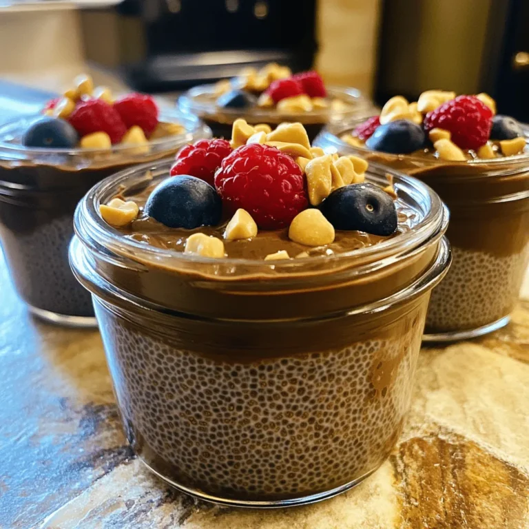 To make Chocolate Peanut Butter Chia Pudding, you need a few simple ingredients. Each one adds to the taste and texture. Here is what you will need: - Chia seeds - Almond milk (or any milk of your choice) - Unsweetened cocoa powder - Maple syrup - Creamy peanut butter - Vanilla extract - Pinch of salt - Optional toppings (fresh berries, chopped peanuts) Chia seeds are the star here. They soak up liquid and turn creamy. Almond milk gives a nice base, but use any milk you love. Cocoa powder adds rich chocolate flavor. Maple syrup sweetens it just right. Creamy peanut butter gives that nutty kick. Vanilla extract rounds out the taste, while the salt enhances all the flavors. Feel free to top it off with fresh berries or chopped peanuts. They add color and texture. You can find the full recipe at the end of this article. With these ingredients, you're on your way to a tasty treat! - Whisking the mixture First, take a medium bowl. Pour in 2 cups of almond milk. Add 3 tablespoons of unsweetened cocoa powder. Next, add 4 tablespoons of maple syrup, 1/4 cup of creamy peanut butter, 1 teaspoon of vanilla extract, and a pinch of salt. Whisk this all together until it is smooth and all ingredients mix well. - Incorporating chia seeds Now, you need to add 1/2 cup of chia seeds to your chocolate mix. Stir it well. Make sure the seeds are evenly spread throughout the mixture. This is key for the pudding to thicken later. - Chilling the pudding Cover the bowl with plastic wrap. You can also use individual jars if you prefer. Place it in the fridge for at least 4 hours or overnight. This lets the chia seeds swell and create a pudding-like texture. - Stirring before serving When you are ready to enjoy your pudding, take it out of the fridge. Give it a good stir. If it seems too thick, add a splash of almond milk to reach your desired creaminess. - Serving suggestions Serve the pudding in bowls or jars. Top with fresh berries and a sprinkle of chopped peanuts for extra flavor. Enjoy your delicious treat! For the complete guide on making this pudding, check out the Full Recipe. To get the best texture for your Chocolate Peanut Butter Chia Pudding, follow these tips: - Chilling time recommendations: Chill the pudding for at least 4 hours. If you can, chill it overnight. This time allows the chia seeds to swell and create a creamy texture. The longer it sits, the better it gets! - Adjusting sweetness levels: Start with the recipe's suggested maple syrup. Taste the pudding after chilling to check if it needs more sweetness. You can add more syrup or a touch of honey if you want it sweeter. Presentation makes any dish more enjoyable. Here are some fun ways to serve your pudding: - Creative serving options: Use small jars or clear bowls to show off the layers. Layer the pudding with toppings for an eye-catching look. You can also serve it in a fun cup for kids or at a party. - Toppings to enhance flavor and look: Fresh berries like strawberries or blueberries add a pop of color and freshness. Chopped peanuts give a nice crunch. You can also sprinkle some cocoa nibs or shredded coconut for extra texture and flavor. For the full recipe, check above! Enjoy your delightful treat! {{image_2}} Chia seeds are small but packed with nutrients. They are high in omega-3 fatty acids. These healthy fats are good for your heart and brain. Chia seeds are also rich in fiber and protein. Fiber helps you feel full longer. Protein builds and repairs muscles. Together, these nutrients make chia seeds a great choice for any meal. Chia seeds can help with weight management. Their high fiber content keeps you satisfied. This can prevent overeating and snacking. They may also support heart health. Omega-3 fatty acids can lower bad cholesterol. This helps to keep your heart healthy. Adding chia seeds to your diet is simple and tasty. You can find them in many recipes, including the full recipe for Chocolate Peanut Butter Chia Pudding. You can easily change some ingredients in this chia pudding. First, for a dairy-free option, use almond milk. It works great, but you can also try coconut milk or oat milk. These alternatives keep the pudding creamy and rich. Next, consider different sweeteners. Maple syrup is sweet and adds flavor. However, you can swap it for agave nectar or honey. If you want a low-calorie option, try stevia or monk fruit. Just adjust the amount to suit your taste. To make your pudding extra special, add some spices. A pinch of cinnamon or nutmeg brings warmth and depth. These spices can make your treat even more delightful. You can also try other nut butters. Almond butter or cashew butter can add unique flavors. Mixing different nut butters gives you a chance to experiment and discover new tastes. How long does Chocolate Peanut Butter Chia Pudding last? This pudding lasts about 5 days in the fridge. Make sure you keep it in an airtight container. After a few days, the texture may change slightly, but it will still taste great. Can I use different types of milk? Yes, you can use any milk you like. Almond milk works well, but you can try coconut, soy, or oat milk too. Each will give a unique taste to the pudding. How can I make it vegan? To make this pudding vegan, simply use plant-based milk and maple syrup as your sweetener. This recipe is already vegan-friendly, as it does not include any dairy products. Why is my pudding too thick? If your pudding is too thick, you can add more milk. Start with a tablespoon at a time and mix well. This will help get the right creamy texture. What can I do if I don’t have maple syrup? If you don’t have maple syrup, you can use honey, agave syrup, or any other sweetener you prefer. Just remember to adjust the amount based on the sweetness of your choice. This blog post detailed how to make Chocolate Peanut Butter Chia Pudding. You learned about the main ingredients, simple preparation steps, and helpful tips. Chia seeds offer many health benefits, making this dessert both tasty and nutritious. Remember, you can customize flavors and ingredients to fit your taste. Whether you add fresh berries or swap out sweeteners, the options are endless. Enjoy your pudding and explore new variations with the ideas shared here. This treat is not just a snack; it’s a step toward better eating habits.