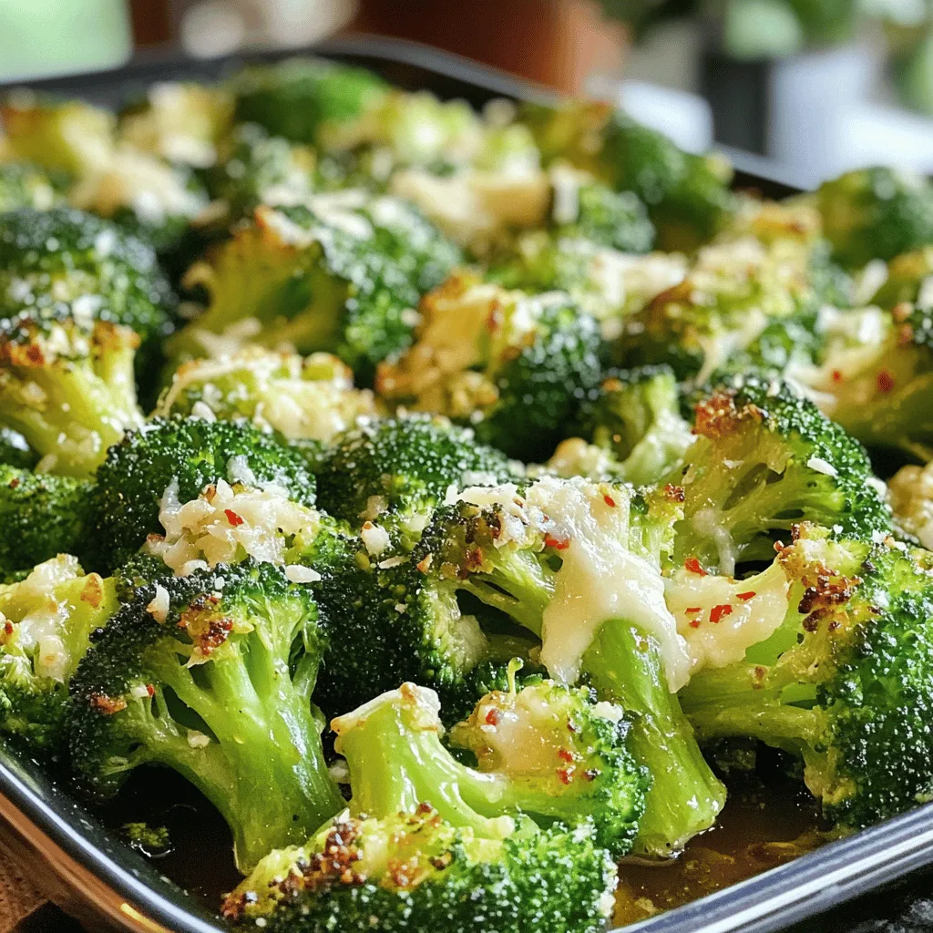 - 1 lb fresh broccoli florets - 4 cloves garlic, minced - 3 tablespoons olive oil - 1/2 teaspoon red pepper flakes (optional) - Salt and black pepper to taste - 1/2 cup grated Parmesan cheese - Zest of 1 lemon - 1 tablespoon lemon juice You can mix things up by using different cheeses. For a sharp taste, try aged cheddar or crumbled feta. If you want a creamier texture, goat cheese works well too. You can also swap olive oil for avocado oil for a subtle flavor. For extra taste, consider adding herbs like thyme or oregano. To pick fresh broccoli, look for tight florets and vibrant green color. Avoid any yellowing or wilting. Store garlic in a cool, dark place to keep it fresh. For Parmesan cheese, wrap it tightly in plastic wrap and keep it in the fridge. This helps it stay flavorful and firm. For the full recipe, visit the section above. Start by prepping the broccoli and garlic. Rinse the broccoli florets under cool water. Cut the stems to bite-sized pieces. Take four cloves of garlic and mince them finely. This will add great flavor. Next, combine the ingredients in a large bowl. Add the broccoli, minced garlic, and three tablespoons of olive oil. If you like a kick, toss in half a teaspoon of red pepper flakes. Don’t forget to season with salt and black pepper. Mix everything well until the broccoli is fully coated. Preheat your oven to 425°F (220°C). This hot temperature helps the broccoli roast nicely. Prepare a baking sheet by lining it with parchment paper. This way, the broccoli won’t stick. Spread the broccoli mixture in a single layer on the baking sheet. Roasting time is about 15 to 20 minutes. Stir the broccoli halfway through cooking. This ensures even cooking and crispy edges. Once roasted, remove the broccoli from the oven. Immediately sprinkle half a cup of grated Parmesan cheese over the hot broccoli. The heat will melt the cheese just right. Now, add the zest of one lemon and one tablespoon of lemon juice. Toss everything gently to mix. For serving, place the broccoli on a nice plate. You can add a little more Parmesan on top for a beautiful finish. Enjoy this dish warm for the best taste! For the full recipe, check out the instructions above. To get crispy edges on your broccoli, make sure you spread it out in a single layer on the baking sheet. This allows hot air to circulate and roast the broccoli evenly. Stir the broccoli halfway through cooking to ensure it browns nicely. If you have a convection oven, you may need to reduce the cooking time slightly. Check your broccoli around 12 minutes to avoid overcooking. For added flavor, try mixing in fresh herbs like thyme or rosemary before roasting. You can also sprinkle some paprika or garlic powder for an extra kick. After roasting, I love to garnish with a squeeze of fresh lemon juice. This brightens the dish nicely. Pair your broccoli with roasted chicken or fish for a complete meal. One common mistake is overcooking the broccoli. This can make it mushy instead of tender-crisp. Keep an eye on it, and follow the timing closely. Another mistake is not seasoning enough. Broccoli needs salt and pepper to bring out its flavor. A good rule is to season generously, but taste as you go. {{image_2}} You can change the cheese for more flavor. Try using mozzarella, feta, or cheddar. Each adds a unique taste to your dish. For a fun twist, consider adding nuts like almonds or pine nuts for crunch. Roasting other veggies with the broccoli makes it even better. Carrots, bell peppers, or Brussels sprouts all work well. They add color and flavor, making your meal more exciting. If you want a vegan dish, swap the cheese with nutritional yeast. This gives a cheesy taste without using dairy. For gluten-free options, just ensure your other ingredients are gluten-free. For low-carb versions, skip the garlic or reduce the amount of olive oil. You can also add more leafy greens like spinach or kale for a lighter dish. You can spice things up by adding different spices. Try smoked paprika, cumin, or even curry powder. Each brings a new dimension to the dish. Adding a sauce can enhance the flavor too. A splash of soy sauce or balsamic glaze can make it zesty. If you like heat, increase the red pepper flakes or add some hot sauce. Feel free to adjust for sweetness. A drizzle of honey or maple syrup can balance the heat nicely. After you enjoy your Roasted Garlic Parmesan Broccoli, store any leftovers right away. Keep it in an airtight container. This helps keep the broccoli fresh and tasty. You can refrigerate it for up to three days. If it sits longer, it may lose its crispness and flavor. Always check for any signs of spoilage before eating. If you want to save your Roasted Garlic Parmesan Broccoli for later, freezing is a great option. First, let it cool completely. Then, place it in a freezer-safe bag or container. Remove as much air as you can to prevent freezer burn. It can last for up to two months in the freezer. When you're ready to eat it, thaw it in the fridge overnight. To reheat, place it in the oven to keep its crispy texture. This helps maintain the great taste and quality of the dish. When reheating, aim for even warmth and good texture. The oven is best for this. Preheat it to 350°F (175°C). Spread the broccoli on a baking sheet and heat for about 10-15 minutes. This method brings back the crispiness. You can also use a microwave if you're in a hurry. Just heat in short bursts, stirring in between. However, the microwave may make the broccoli a bit soft. For the best results, stick to the oven when you can. Roasting broccoli usually takes about 15 to 20 minutes at 425°F (220°C). This time can change based on your oven and broccoli size. For crisp edges, keep an eye on it. Stir the broccoli halfway through cooking. This helps it roast evenly. Yes, you can use frozen broccoli. It’s convenient and cooks faster. However, frozen broccoli may be softer than fresh. This can change the texture of your dish. If you decide to use frozen, don’t thaw it first. Just add it to the baking sheet directly. Roasted Garlic Parmesan Broccoli pairs well with many main dishes. Here are some ideas: - Chicken: Serve it alongside grilled or roasted chicken. - Fish: Great with baked salmon or tilapia. - Pasta: Toss it in with your favorite pasta for extra flavor. For a complete meal, serve it with a grain like quinoa or rice. This adds balance and nutrition to your plate. You can find the full recipe for Roasted Garlic Parmesan Broccoli to create a delightful side dish. In this post, I covered how to make Roasted Garlic Parmesan Broccoli. You learned about the ingredients, cooking steps, and helpful tips. I shared ways to vary the recipe and ways to store it. Remember, fresh ingredients make a big difference. Cooking can be fun and easy with some practice. Try experimenting with flavors, and enjoy your meals. You can create a delicious dish every time!