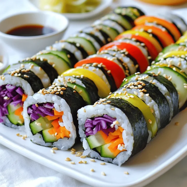 - 1 cup sushi rice - 1 1/4 cups water - 2 tablespoons rice vinegar - 1 tablespoon sugar - 1 teaspoon salt - 4 sheets nori (seaweed) - 1/2 avocado, sliced - 1/2 cucumber, julienned - 1 small carrot, julienned - 1/4 bell pepper (any color), julienned - 1/4 cup red cabbage, finely shredded For the Rainbow Veggie Sushi Rolls, the ingredients shine bright. You start with sushi rice. This rice sticks well and gives a nice base. Next, you need nori, the seaweed that wraps around the sushi. Assorted vegetables add color and crunch. I love using avocado for its creaminess. Cucumber and carrot bring freshness. Bell peppers add sweetness and a pop of color. Lastly, red cabbage gives a beautiful purple hue and a nice crunch. - Soy sauce or tamari - Sesame seeds - Pickled ginger For dipping, soy sauce or tamari works great. It adds a salty kick. Sesame seeds are perfect for garnish. They add flavor and texture. Pickled ginger, while optional, cleanses the palate and adds zing. - Caloric content per serving: About 250 calories - Breakdown of macronutrients: 50g carbs, 6g protein, 4g fat - Vitamins and minerals: Rich in vitamins A, C, and K Each serving packs around 250 calories. The macronutrients are well balanced. You get plenty of carbs from the rice and veggies, some protein, and healthy fats from avocado. The assorted veggies bring vitamins and minerals. They help keep you healthy. Eating these rolls provides fiber and nutrients. Overall, Rainbow Veggie Sushi Rolls are a colorful and healthy dish. You can find the full recipe above! - Start by rinsing the sushi rice under cold water. This step helps remove excess starch. Keep rinsing until the water runs clear. - Next, cook the rice with water in a saucepan. Combine 1 cup of rinsed rice with 1 1/4 cups of water. Bring it to a boil, then reduce the heat. Cover and let it simmer for about 20 minutes. The water should be absorbed when done. - While the rice cooks, mix the rice vinegar, sugar, and salt. Use 2 tablespoons of rice vinegar, 1 tablespoon of sugar, and 1 teaspoon of salt. Stir until dissolved. - Set up your sushi mat on a clean surface. Lay a sheet of nori on top, shiny side down. - Wet your hands to keep the rice from sticking. Take a handful of sushi rice and spread it evenly over the nori. Leave about 1 inch at the top edge. - Now, add your vegetable layers. Place sliced avocado, julienned cucumber, carrot, bell pepper, and shredded cabbage across the middle of the rice. - Use techniques for rolling tightly. Start from the bottom and lift the bamboo mat. Roll the sushi towards the top edge of the nori. - Moisten the top edge with a little water to seal the roll. This helps keep it together. - For slicing cleanly, place the finished roll seam-side down on a cutting board. Use a sharp knife and wipe it with a damp cloth between cuts. This ensures cleaner edges. This process is simple and fun. You can make the Rainbow Veggie Sushi Rolls with ease using the Full Recipe. Enjoy creating your colorful and healthy dish! - Overpacking the rolls: It can be tempting to add lots of fillings. However, too much can make rolling tough. Keep your layers thin and balanced for a perfect roll. - Not wetting hands while working: Sushi rice sticks easily. Always wet your hands before handling the rice. This simple step prevents a messy situation. - Using the right pressure: When rolling, apply gentle pressure. This helps to keep the roll tight without squishing the ingredients. Practice makes perfect, so don’t rush the process. - Timing for rice cooling: Let the rice cool to room temperature before rolling. If it’s hot, it can wilt the nori and make it soggy. - Suggestions for dipping sauces: Soy sauce and tamari work great here. You can also try spicy mayo or a sesame dressing for added flavor. Experiment with what you like best! - Plating tips for elegant presentations: Arrange the sushi rolls neatly on a platter. Sprinkle sesame seeds on top for a nice touch. Serve with small bowls of dipping sauce and pickled ginger for color. This makes your dish pop! For more detailed instructions, check the Full Recipe. {{image_2}} You can use many veggies in your rainbow veggie sushi rolls. Seasonal vegetables add fresh flavors. Try thinly sliced zucchini or radishes for crunch. You can also add bell peppers in different colors for a bright look. Adding fruits gives a unique twist. Think about using mango or pineapple slices. These fruits add sweetness and a new taste to each bite. Rainbow rolls offer a fun twist on traditional sushi. Unlike classic sushi, rainbow rolls have colorful layers of veggies on top. You can also try a sushi burrito version. This style wraps all the fillings in a larger sheet of nori. It’s easy to eat on the go and great for a lunch treat. If you're vegan, you can still enjoy these rolls. Just stick to veggies and omit any animal products. For gluten-free options, use gluten-free soy sauce or tamari for dipping. This way, everyone gets to savor the flavors without worry. Each variation makes the dish fun and healthy. You can mix and match to find your favorites! To keep your sushi rolls fresh, wrap them tightly in plastic wrap. This helps prevent air from getting in. Place the wrapped rolls in a container with a lid. You want to use a container that seals well. A glass or plastic container works great. Store them in your fridge. This keeps them cool and tasty. Leftover sushi rolls can last about 1 to 2 days in the fridge. However, for the best taste, eat them within a day. You should check for signs of spoilage. If the sushi smells sour or has a slimy texture, it is not safe to eat. Always trust your senses when deciding if food is fresh. While sushi is best eaten fresh, you can repurpose leftovers. Try chopping the sushi into small pieces for a salad or grain bowl. You can also use it as a filling in a wrap. Be careful not to heat sushi in the microwave. This can make it soggy. Instead, enjoy it cold or add it to a new dish. A Rainbow Veggie Sushi Roll is a colorful sushi dish filled with fresh veggies. It typically includes vibrant ingredients like avocado, cucumber, carrots, bell peppers, and red cabbage. These rolls are wrapped in seaweed (nori) and sushi rice. They are not only tasty but also visually appealing, making them a fun dish to prepare and share. Each bite offers a mix of textures and flavors, making them a healthy choice for lunch or dinner. Yes, you can use brown rice instead of sushi rice. Brown rice adds more fiber and nutrients. It also has a nuttier flavor and chewier texture. However, it requires a longer cooking time, so adjust your cooking method. Sushi rice is sticky and helps the roll hold together. Brown rice may not stick as well, so be careful while rolling. Choose based on your taste and health goals. Making Rainbow Veggie Sushi Rolls takes about one hour. Here’s the breakdown: - Prep time: 30 minutes - Cook time: 20 minutes for the rice After cooking, you need a few minutes to cool the rice. Then, assemble your rolls. With practice, you’ll get faster and enjoy the process more! Rainbow veggie sushi rolls are fun and healthy to make. You learned about main and optional ingredients, the right way to prepare sushi rice, and how to assemble your rolls. I also shared common mistakes to avoid and tips for flavor and style. Remember, you can adjust the veggies to what’s in season or your own taste. Enjoy experimenting with different flavors. Whether for a meal or a snack, homemade sushi offers great taste and nutrition. Try it out and impress others with your sushi skills!