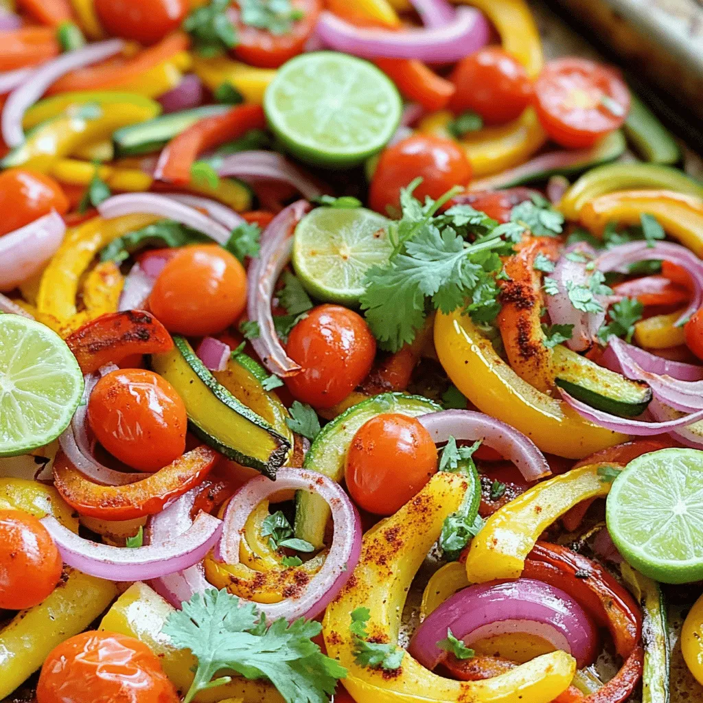 - 1 bell pepper (any color), sliced - 1 red onion, sliced - 1 zucchini, sliced into half-moons - 1 yellow squash, sliced into half-moons - 1 cup cherry tomatoes, halved - 2 tablespoons olive oil - 2 teaspoons chili powder - 1 teaspoon cumin - 1 teaspoon paprika - ½ teaspoon garlic powder - ½ teaspoon onion powder - Salt and pepper to taste - Fresh cilantro, chopped (for garnish) - Lime wedges (for serving) When I create my Sheet Pan Fajita Veggies, I focus on fresh, colorful ingredients. Each veggie adds its own flavor and texture. Bell peppers give sweetness, while red onions add a nice bite. Zucchini and yellow squash bring a tender crunch. The cherry tomatoes burst with juicy goodness, making each bite interesting. I always use high-quality olive oil. It helps to enhance the flavors and helps the veggies roast nicely. The spices are key to that fajita taste we all love. Chili powder, cumin, and paprika create warmth. Garlic and onion powder add depth. For garnishing, I love using fresh cilantro. It brightens the dish and adds a fresh note. Lime wedges are also a must. A squeeze of lime brings all the flavors together and adds a zesty kick. You can find the full recipe that guides you through every step. This will make cooking easier and more fun! First, you need to preheat your oven to 425°F (220°C). This temperature helps the veggies roast perfectly. Next, line a large baking sheet with parchment paper. This makes cleaning up easy later. Now, slice your bell pepper, red onion, zucchini, yellow squash, and cherry tomatoes. Place all the sliced vegetables in a big bowl. This mix of colors and textures makes the dish vibrant and fun. Once your veggies are ready, drizzle 2 tablespoons of olive oil over them. This oil helps the spices stick and adds flavor. Next, sprinkle on the chili powder, cumin, paprika, garlic powder, onion powder, salt, and pepper. Each spice brings its own taste to the mix. Now, toss the vegetables well with your hands or a spatula. Make sure every piece is coated evenly with oil and spices. This step is key for great flavor. Now it’s time to roast! Spread the seasoned veggies out evenly on the baking sheet. Make sure they are in a single layer. This helps them cook evenly. Place the baking sheet in the oven and roast for about 20 to 25 minutes. Halfway through, stir the veggies to ensure they cook well on all sides. When they are tender and slightly caramelized, they are done. Remove them from the oven, let them cool a bit, and garnish with fresh cilantro. Serve warm with lime wedges for a tasty burst of flavor. For the full recipe, check out the details above! To get the best results, set your oven to 425°F (220°C). This hot temperature helps the veggies roast well. Bake them for about 20 to 25 minutes. Stir the veggies halfway through the cooking time. This ensures they cook evenly. You’ll know the veggies are done when they are tender and have some brown edges. A fork should easily pierce them. If they look caramelized, you’ve nailed it! Want to spice things up? Try adding smoked paprika or cayenne pepper for heat. Fresh herbs like oregano or thyme can also add depth. These small changes can make a big difference. Don’t forget to serve with fresh lime wedges! A squeeze of lime juice right before eating brightens the flavors. It adds a zesty kick that you’ll love. These fajita veggies shine next to grilled chicken or beef. You can also serve them in warm tortillas for a taco night. They pair well with rice or quinoa too. For a complete meal, add a side of beans or a fresh salad. The mix of flavors and textures makes eating fun and satisfying. Consider this meal a canvas for your favorite sides! {{image_2}} You can mix and match your veggies for this recipe. For a fresh twist, try adding seasonal vegetables like asparagus or eggplant. You can also toss in some corn for sweetness or even broccoli for extra crunch. When you change up the veggies, you can also change the flavors. Adding unique spices like smoked paprika or even a pinch of cayenne can give the dish a whole new vibe. This simple swap makes your fajita veggies fun and exciting. If you follow a vegan or gluten-free diet, this recipe works great for you. All the ingredients are naturally plant-based and gluten-free. Just be sure to check the spices you use. Many spices are gluten-free, but it's always good to read the labels. For those who want a low-carb option, skip the starchy veggies like corn and focus on bell peppers, zucchini, and onions. This keeps it light but still full of flavor. You can make fajita veggies ahead of time. Just roast a big batch and store them in the fridge. They keep well for about four days. For easy meals, add them to wraps, salads, or grain bowls. If you're reheating leftovers, do it in the oven for a crispy texture. You can also microwave them for a quick meal, but they may lose some crunch. Keeping it simple and tasty makes meal prep a breeze! To keep your sheet pan fajita veggies fresh, store them in the refrigerator. Place the cooled veggies in a container with a tight lid. This helps them stay crisp and tasty. Glass or plastic containers work well. Avoid using metal containers, as they can affect the flavor. You can freeze your fajita veggies for later use. First, let them cool completely. Then, place them in a freezer-safe bag or container. Remove as much air as possible before sealing. For best taste, use them within three months. When ready to eat, thaw them in the fridge overnight. You can also microwave them on low. Leftover fajita veggies are super versatile. Toss them in a salad for a colorful twist. You can also mix them into scrambled eggs for breakfast. Want a quick lunch? Add them to a wrap with some protein. They can even top a pizza or stir into pasta. The options are endless! Yes, you can use frozen vegetables! Frozen veggies are quick and easy. They save time and effort. However, fresh vegetables offer better texture and flavor. If you use frozen, adjust the cooking time. They may need more time to roast. Fajita veggies are versatile and fun. You can serve them in many ways. Here are some ideas: - Tacos or burritos: Fill tortillas with fajita veggies and your choice of protein. - Bowls: Create a veggie bowl with rice, beans, and toppings. - Salads: Toss roasted veggies into a fresh salad for added flavor. - As a side: Serve them alongside grilled meats or fish. You can easily change the spice level! Start by adjusting the chili powder. - Mild: Use less chili powder or omit it. - Medium: Stick to the recipe’s amount. - Spicy: Add cayenne pepper or hot sauce. Taste as you go. This way, you find the perfect balance for your meal. Enjoy your cooking adventure with these tasty fajita veggies! For the full recipe, check out the details above. In this blog post, we covered how to make delicious roasted fajita veggies. We explored the best ingredients, step-by-step directions, and tips for perfect roasting. Remember to use fresh vegetables and season them well. Don't forget the garnishes; they add a lot to the dish. Try different types of veggies and spices to make it your own. Proper storage helps keep your leftovers fresh. Enjoy your fajita veggies in many fun ways! You’ll find the variety and flavor make every meal special.