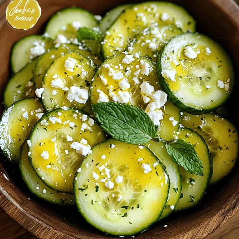 - 2 large cucumbers, thinly sliced - 1 tablespoon salt - 1/4 cup honey - 1/4 cup freshly squeezed lemon juice - 1 tablespoon olive oil - 1/2 teaspoon black pepper - 1/4 cup fresh mint leaves, chopped (plus extra for garnish) - 1/4 cup feta cheese, crumbled (optional) To make a great Honey Lemon Cucumber Salad, you need fresh ingredients. Start with two large cucumbers. Slice them thinly for the best crunch. Next, sprinkle a tablespoon of salt on the cucumbers. This helps draw out extra moisture. You want them crisp, not soggy. The dressing plays a big role too. Use 1/4 cup of honey for sweetness. Mix it with 1/4 cup of freshly squeezed lemon juice. The lemon adds a nice tang. Then, add a tablespoon of olive oil to bring it all together. Lastly, season with 1/2 teaspoon of black pepper for a little kick. Fresh mint is key for flavor. Chop 1/4 cup of mint leaves and add them to the bowl. If you like, crumble 1/4 cup of feta cheese on top for creaminess. This balance of sweet, tart, and savory makes a delicious dish. For the full recipe, check out the details in the earlier section. - Calories per serving: Approximately 120 - Carbohydrates: 15g - Protein: 2g - Fat: 5g This salad is light and refreshing. Each serving has around 120 calories. It is low in fat, making it a great choice for a healthy meal. - If you need a honey alternative, try agave or maple syrup. Both work well in dressings. - For a dairy-free option, skip the feta cheese. The salad will still taste great without it. To start, you need to prepare the cucumbers. First, take your two large cucumbers and slice them thinly. Next, place the slices in a colander. Sprinkle one tablespoon of salt over them. Let the cucumbers sit for about 15 minutes. This step draws out extra moisture. It also makes the cucumbers crispier. After 15 minutes, rinse them under cold water. Make sure to wash off all the salt. Then, pat them dry with a paper towel. This will help the dressing stick better. Now, let’s make the dressing. In a medium bowl, combine 1/4 cup honey, 1/4 cup freshly squeezed lemon juice, 1 tablespoon of olive oil, and 1/2 teaspoon of black pepper. Whisk these ingredients together until they mix well. This dressing brings a sweet and tangy flavor that pairs perfectly with the cucumbers. In a large mixing bowl, add the dried cucumbers. Pour the honey-lemon dressing over them. Gently toss the cucumbers with the dressing to coat them evenly. For added flavor, chop 1/4 cup of fresh mint leaves and add them to the bowl. Toss again to mix well. If you like, you can fold in 1/4 cup of crumbled feta cheese. This adds a nice salty touch. Let the salad sit for about 10 minutes. This waiting time allows the flavors to blend nicely. After that, you can garnish with extra mint leaves before serving. Enjoy this fresh and tasty salad! For the complete recipe, check out the [Full Recipe]. For a crisp salad, choose the best cucumber types. I recommend English cucumbers. They have fewer seeds and a thinner skin. Persian cucumbers are also great. They offer a sweet crunch. To meld flavors, let your salad sit. Ten minutes is enough for the dressing to soak in. It helps the cucumbers absorb the honey and lemon. This step makes each bite burst with flavor. This salad pairs well with proteins. Try it with grilled chicken or fish. The fresh taste complements savory dishes. You can also add it to a wrap. It makes a refreshing filling. If you want a dip, serve it with pita chips. The coolness of the salad balances the crunch of the chips. It’s a fun way to enjoy this dish. Fresh herbs make a big difference. I love adding mint to this salad. It adds a burst of flavor. You can also try basil or cilantro for a twist. Adding seasonal veggies is a fun option too. Cherry tomatoes or bell peppers can add color. They bring even more crunch and flavor to the mix. Check out the Full Recipe for more tips. {{image_2}} You can make your Honey Lemon Cucumber Salad even tastier by adding fruits. Try mixing in berries, like strawberries or blueberries. They add a burst of sweetness. Citrus fruits, like oranges or grapefruits, give a zesty kick. This twist makes the salad refreshing and colorful. The fruits brighten the dish and add vitamins. Explore different combinations for a fun twist! If you like heat, consider adding spices. A pinch of chili flakes brings warmth without overwhelming the salad. You can also slice fresh jalapeños for a stronger kick. The heat contrasts nicely with the cool cucumbers. Just be careful not to overdo it. Start small and taste as you go. This balance keeps the dish exciting! Don’t feel limited to just the honey-lemon dressing. You can try other dressings too. A light vinaigrette adds tang and depth. Yogurt-based dressings offer creaminess and a unique flavor. Experiment with different oils and vinegars. Each dressing changes the taste and feel of the salad. It’s a fun way to keep things fresh! For the full recipe, check out the detailed steps above. To keep your Honey Lemon Cucumber Salad fresh, store it in the fridge. Use an airtight container. This helps prevent any smells from mixing. The salad will stay good for about 2-3 days. After that, the cucumbers may become too soft. I do not recommend freezing Honey Lemon Cucumber Salad. Freezing can change the texture of the cucumbers. They may become mushy when thawed. Enjoy the salad fresh for the best taste. You don’t need to reheat this salad. It tastes best served cold. If you enjoy it at room temperature, let it sit out for a few minutes before eating. This allows the flavors to pop. For full details, check the Full Recipe. Yes, you can make this salad ahead of time. To prep in advance, follow these tips: - Slice the cucumbers and salt them. - Prepare the dressing separately. - Combine them just before serving. This keeps the cucumbers crisp and fresh. You can use many herbs for this salad. Here are some suggestions: - Basil adds a sweet flavor. - Cilantro offers a fresh taste. - Dill brings a nice tang. Each herb gives a different twist to the salad. Yes, this recipe works well for meal prep. To incorporate it into your routine: - Store the salad in airtight containers. - Keep the dressing separate until serving. This way, it stays fresh and crunchy all week. Using pre-cut cucumbers is an option. Here are the pros and cons: - Pros: Saves time and effort. - Cons: They may lack crunch and flavor. Fresh cucumbers give the best taste, but convenience matters too. For the full recipe, check out the Honey Lemon Cucumber Salad section above! This blog post covered how to make a refreshing Honey Lemon Cucumber Salad. You learned about the key ingredients, including cucumbers, honey, and fresh mint. I shared tips for perfecting the salad and creative serving ideas. Lastly, I discussed storage methods and answered common questions. As you try this recipe, remember to play with flavors and add your touch. Enjoy making this tasty and healthy dish!