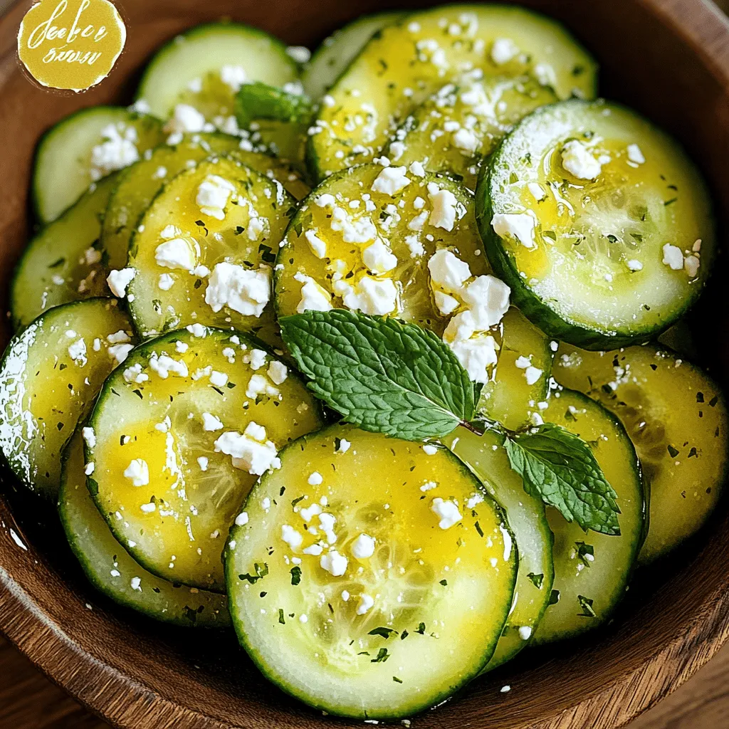 - 2 large cucumbers, thinly sliced - 1 tablespoon salt - 1/4 cup honey - 1/4 cup freshly squeezed lemon juice - 1 tablespoon olive oil - 1/2 teaspoon black pepper - 1/4 cup fresh mint leaves, chopped (plus extra for garnish) - 1/4 cup feta cheese, crumbled (optional) To make a great Honey Lemon Cucumber Salad, you need fresh ingredients. Start with two large cucumbers. Slice them thinly for the best crunch. Next, sprinkle a tablespoon of salt on the cucumbers. This helps draw out extra moisture. You want them crisp, not soggy. The dressing plays a big role too. Use 1/4 cup of honey for sweetness. Mix it with 1/4 cup of freshly squeezed lemon juice. The lemon adds a nice tang. Then, add a tablespoon of olive oil to bring it all together. Lastly, season with 1/2 teaspoon of black pepper for a little kick. Fresh mint is key for flavor. Chop 1/4 cup of mint leaves and add them to the bowl. If you like, crumble 1/4 cup of feta cheese on top for creaminess. This balance of sweet, tart, and savory makes a delicious dish. For the full recipe, check out the details in the earlier section. - Calories per serving: Approximately 120 - Carbohydrates: 15g - Protein: 2g - Fat: 5g This salad is light and refreshing. Each serving has around 120 calories. It is low in fat, making it a great choice for a healthy meal. - If you need a honey alternative, try agave or maple syrup. Both work well in dressings. - For a dairy-free option, skip the feta cheese. The salad will still taste great without it. To start, you need to prepare the cucumbers. First, take your two large cucumbers and slice them thinly. Next, place the slices in a colander. Sprinkle one tablespoon of salt over them. Let the cucumbers sit for about 15 minutes. This step draws out extra moisture. It also makes the cucumbers crispier. After 15 minutes, rinse them under cold water. Make sure to wash off all the salt. Then, pat them dry with a paper towel. This will help the dressing stick better. Now, let’s make the dressing. In a medium bowl, combine 1/4 cup honey, 1/4 cup freshly squeezed lemon juice, 1 tablespoon of olive oil, and 1/2 teaspoon of black pepper. Whisk these ingredients together until they mix well. This dressing brings a sweet and tangy flavor that pairs perfectly with the cucumbers. In a large mixing bowl, add the dried cucumbers. Pour the honey-lemon dressing over them. Gently toss the cucumbers with the dressing to coat them evenly. For added flavor, chop 1/4 cup of fresh mint leaves and add them to the bowl. Toss again to mix well. If you like, you can fold in 1/4 cup of crumbled feta cheese. This adds a nice salty touch. Let the salad sit for about 10 minutes. This waiting time allows the flavors to blend nicely. After that, you can garnish with extra mint leaves before serving. Enjoy this fresh and tasty salad! For the complete recipe, check out the [Full Recipe]. For a crisp salad, choose the best cucumber types. I recommend English cucumbers. They have fewer seeds and a thinner skin. Persian cucumbers are also great. They offer a sweet crunch. To meld flavors, let your salad sit. Ten minutes is enough for the dressing to soak in. It helps the cucumbers absorb the honey and lemon. This step makes each bite burst with flavor. This salad pairs well with proteins. Try it with grilled chicken or fish. The fresh taste complements savory dishes. You can also add it to a wrap. It makes a refreshing filling. If you want a dip, serve it with pita chips. The coolness of the salad balances the crunch of the chips. It’s a fun way to enjoy this dish. Fresh herbs make a big difference. I love adding mint to this salad. It adds a burst of flavor. You can also try basil or cilantro for a twist. Adding seasonal veggies is a fun option too. Cherry tomatoes or bell peppers can add color. They bring even more crunch and flavor to the mix. Check out the Full Recipe for more tips. {{image_2}} You can make your Honey Lemon Cucumber Salad even tastier by adding fruits. Try mixing in berries, like strawberries or blueberries. They add a burst of sweetness. Citrus fruits, like oranges or grapefruits, give a zesty kick. This twist makes the salad refreshing and colorful. The fruits brighten the dish and add vitamins. Explore different combinations for a fun twist! If you like heat, consider adding spices. A pinch of chili flakes brings warmth without overwhelming the salad. You can also slice fresh jalapeños for a stronger kick. The heat contrasts nicely with the cool cucumbers. Just be careful not to overdo it. Start small and taste as you go. This balance keeps the dish exciting! Don’t feel limited to just the honey-lemon dressing. You can try other dressings too. A light vinaigrette adds tang and depth. Yogurt-based dressings offer creaminess and a unique flavor. Experiment with different oils and vinegars. Each dressing changes the taste and feel of the salad. It’s a fun way to keep things fresh! For the full recipe, check out the detailed steps above. To keep your Honey Lemon Cucumber Salad fresh, store it in the fridge. Use an airtight container. This helps prevent any smells from mixing. The salad will stay good for about 2-3 days. After that, the cucumbers may become too soft. I do not recommend freezing Honey Lemon Cucumber Salad. Freezing can change the texture of the cucumbers. They may become mushy when thawed. Enjoy the salad fresh for the best taste. You don’t need to reheat this salad. It tastes best served cold. If you enjoy it at room temperature, let it sit out for a few minutes before eating. This allows the flavors to pop. For full details, check the Full Recipe. Yes, you can make this salad ahead of time. To prep in advance, follow these tips: - Slice the cucumbers and salt them. - Prepare the dressing separately. - Combine them just before serving. This keeps the cucumbers crisp and fresh. You can use many herbs for this salad. Here are some suggestions: - Basil adds a sweet flavor. - Cilantro offers a fresh taste. - Dill brings a nice tang. Each herb gives a different twist to the salad. Yes, this recipe works well for meal prep. To incorporate it into your routine: - Store the salad in airtight containers. - Keep the dressing separate until serving. This way, it stays fresh and crunchy all week. Using pre-cut cucumbers is an option. Here are the pros and cons: - Pros: Saves time and effort. - Cons: They may lack crunch and flavor. Fresh cucumbers give the best taste, but convenience matters too. For the full recipe, check out the Honey Lemon Cucumber Salad section above! This blog post covered how to make a refreshing Honey Lemon Cucumber Salad. You learned about the key ingredients, including cucumbers, honey, and fresh mint. I shared tips for perfecting the salad and creative serving ideas. Lastly, I discussed storage methods and answered common questions. As you try this recipe, remember to play with flavors and add your touch. Enjoy making this tasty and healthy dish!