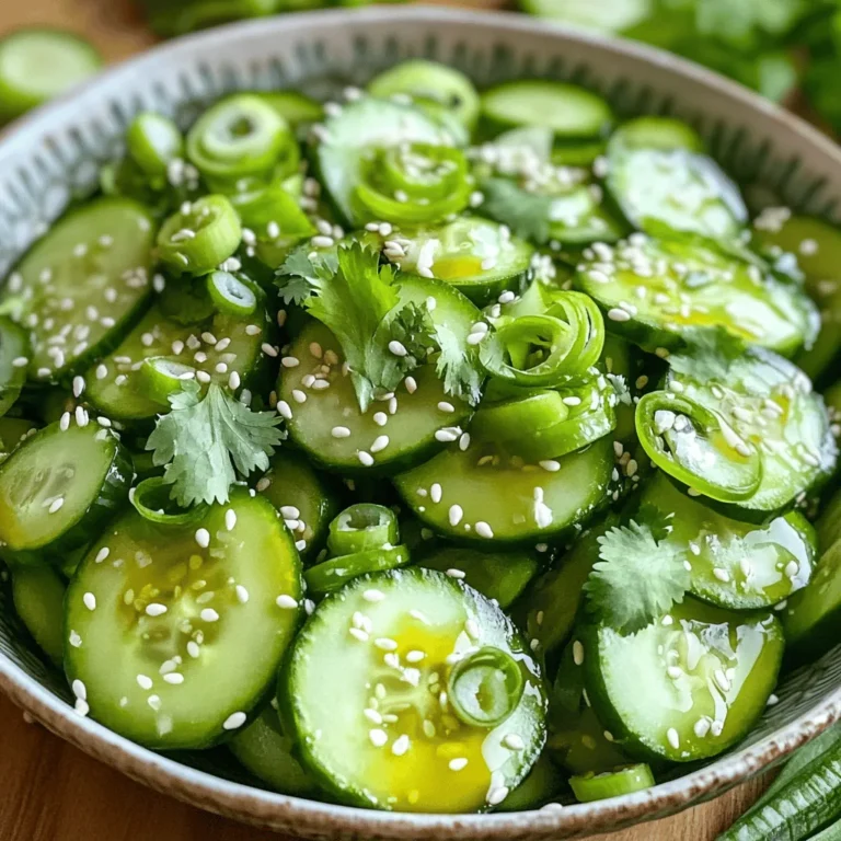 - cucumbers - rice vinegar - soy sauce - sesame oil - honey or maple syrup - grated ginger - minced garlic - green onions - red pepper flakes - sesame seeds - fresh cilantro To make a great Asian cucumber salad, you need fresh and crisp cucumbers. I love using two large cucumbers for this recipe. They add a nice crunch and vibrant color. Next, you will need rice vinegar, which gives the salad its tangy flavor. Soy sauce adds a savory touch. Sesame oil brings in a rich, nutty taste. If you like some sweetness, add honey or maple syrup. Grated ginger and minced garlic give a nice kick to the dressing. Green onions add freshness and a pop of color. If you want a little heat, use red pepper flakes. Top it all off with sesame seeds and fresh cilantro for that perfect finish. - Mixing bowl - Whisk - Knife and cutting board You only need a few tools to make this salad. A mixing bowl works well for combining the ingredients. A whisk helps blend the dressing smoothly. Use a knife and cutting board to slice the cucumbers and chop the green onions. Having the right tools makes cooking more enjoyable. It helps you work faster and with ease. With these ingredients and tools, you're ready to create a delicious Asian cucumber salad that shines bright on any summer table. Check out the Full Recipe for more details! To make the perfect Asian cucumber salad, start with the cucumbers. Use a sharp knife to slice them thinly. You can make rounds or half-moons. Thin slices soak up the dressing better and taste great. Next, let’s make the dressing. In a bowl, combine rice vinegar, soy sauce, sesame oil, honey, grated ginger, minced garlic, and red pepper flakes. Whisk until it blends well. This dressing gives the salad its fresh, tangy flavor. Now it’s time to toss the cucumbers with the dressing. Pour the dressing over the cucumbers in your mixing bowl. Use tongs or a spoon to mix everything gently. Ensure the cucumbers are coated evenly. Marinating is key! Let the salad sit for at least 15 minutes at room temperature. If you have time, chill it in the fridge for up to an hour. This allows the flavors to meld and enhances the taste. The salad is best served chilled. This keeps it refreshing on hot summer days. For a beautiful presentation, serve the salad in a clear bowl. This way, the bright greens and colorful toppings shine. Before serving, sprinkle sesame seeds on top. Add fresh cilantro for a pop of color and flavor. This simple touch makes your dish more appealing and fun! For the complete details, check the Full Recipe. Marination time matters. Let your salad sit for at least 15 minutes. This helps the flavors mix well. If you want more spice, add extra red pepper flakes. For sweetness, use more honey or maple syrup. These small tweaks make a big difference. Avoid over-mixing the salad. Gently toss the cucumbers with the dressing. This keeps them crisp. Also, be careful with dressing amounts. Too much dressing can drown the salad. Aim for a light coating, just enough to enhance the flavors. {{image_2}} For a vegan option, you can swap honey with maple syrup. This change keeps the sweet flavor while making it plant-based. If you want a low-sodium alternative, try using coconut aminos instead of soy sauce. It adds a nice taste without all the salt. You can add other vegetables like bell peppers or carrots. These add color and crunch to the salad. For a more filling meal, consider adding proteins like cooked chicken, shrimp, or tofu. These options make the dish heartier and great for lunch or dinner. Feel free to experiment and create your own version of this salad. It’s all about making it yours! For the full recipe, check the Asian Cucumber Delight section. To keep your Asian Cucumber Salad fresh, store any leftovers in an airtight container. Make sure the container is sealed tight to prevent air from getting in. This way, the flavors stay strong and the cucumbers remain crisp. You should eat the salad within three days for the best taste. After that, the cucumbers may get mushy. Freezing cucumbers can change their texture. Fresh cucumbers do not freeze well, as they become watery. Instead, refrigerate your salad. In the fridge, it can last about three days. If you want to make the salad ahead, prepare the dressing and cucumbers separately. Mix them together just before serving for the best crunch. For the full recipe, check out the Asian Cucumber Delight! You can use tamari or coconut aminos as a great alternative. Tamari has a similar taste and is often gluten-free. Coconut aminos offer a sweeter flavor and is also gluten-free. Both options keep your salad tasty! Yes, you can prepare this salad in advance. Chop the cucumbers and mix the dressing a day before. Store the cucumbers and dressing separately. When ready to serve, combine them. This keeps the cucumbers crisp and fresh. Yes, Asian Cucumber Salad can be gluten-free. Just use tamari or coconut aminos instead of soy sauce. Make sure to check the labels for any hidden gluten. This way, everyone can enjoy this refreshing dish! This blog covered how to make a tasty Asian Cucumber Salad. We discussed key ingredients like cucumbers and ginger. You learned the right kitchen tools and step-by-step instructions for preparation and mixing. I shared tips for enhancing flavor and mistakes to avoid. Variations let you customize the salad to your taste. Lastly, we talked about the best storage methods. Enjoy this fresh salad with all your meals! It's easy, tasty, and healthy.