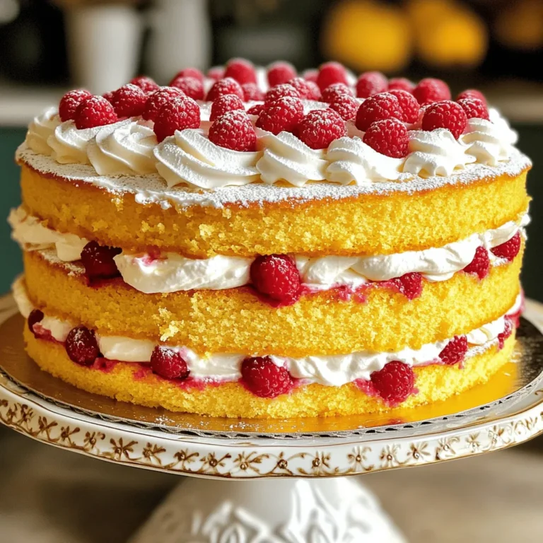 To make a delicious Lemon Raspberry Layer Cake, gather these ingredients: - 2 cups all-purpose flour - 1 ½ cups granulated sugar - ½ cup unsalted butter, softened - 1 cup buttermilk - 3 large eggs - Zest of 2 lemons - ¼ cup fresh lemon juice - 2 teaspoons baking powder - 1 teaspoon baking soda - ½ teaspoon salt - 1 cup fresh raspberries (plus extra for garnish) - 1 cup heavy whipping cream - 2 tablespoons powdered sugar - 1 teaspoon vanilla extract If you have dietary needs, consider these substitutions: - Use gluten-free flour for a gluten-free option. - For a dairy-free cake, swap buttermilk with almond milk mixed with vinegar. - Replace eggs with flaxseed meal mixed with water for a vegan cake. You will need some kitchen tools for this recipe: - Mixing bowls (large and medium) - Measuring cups and spoons - Whisk - Electric mixer or stand mixer - Rubber spatula - Two 9-inch round cake pans - Parchment paper - Wire rack (for cooling) Using the right tools helps make your baking easier. A stand mixer can save time, but a hand mixer works well too. Don't forget to grease and flour your cake pans to avoid sticking! For best results, use quality ingredients and have fun with the process. Check out the Full Recipe for more details on how to create this delightful cake! 1. Preheat the Oven: Start by preheating your oven to 350°F (175°C). This step is key. It helps the cake rise evenly. 2. Prepare Cake Pans: Grease and flour two 9-inch round cake pans. This keeps the cakes from sticking. You can use cooking spray if you prefer. 3. Mix Dry Ingredients: In a medium bowl, whisk together the flour, baking powder, baking soda, and salt. It’s important to mix well. This ensures the leavening agents are evenly spread. 4. Cream Butter and Sugar: In a large mixing bowl, cream the softened butter and granulated sugar. Beat them together until the mixture is light and fluffy, about 3-4 minutes. This step adds air, which helps the cake rise. 5. Add Eggs and Flavor: Now, add the eggs one at a time. Mix well after each addition. Stir in the lemon zest and lemon juice. This gives the cake its bright flavor. 6. Combine Wet and Dry: Gradually add the dry ingredients to the wet mixture. Do this alternately with the buttermilk. Start and end with the flour mixture. Mix until just combined. Be careful not to overmix; this can make the cake dense. 7. Fold in Raspberries: Gently fold in the fresh raspberries. Do this carefully to keep the raspberries intact. 8. Bake the Cakes: Divide the batter evenly between the prepared pans. Bake for 25-30 minutes. Check for readiness by inserting a toothpick. It should come out clean. 9. Cool the Cakes: After baking, remove the cakes from the oven. Let them cool in the pans for 10 minutes. Then, transfer them to a wire rack to cool completely. This cooling method prevents sogginess. Follow these steps, and you will create a lovely cake. For more details, refer to the Full Recipe. To make your whipped cream stand out, chill your bowl first. This helps it whip better. Use heavy cream for rich flavor. Beat it until you see stiff peaks. This means your cream holds its shape well. For a creative touch, use fresh raspberries to garnish. You can place them on top or around the cake. Try making a raspberry sauce by blending some and drizzling it over the cake. This adds color and flavor. Avoid overmixing your cake batter. This can lead to a dense cake. Mix until it just comes together. You want some lumps. To keep your cake from sticking, grease your pans well. Use butter or non-stick spray. Dust them with flour afterward. This will help the cakes release easily. Want more citrus flavor? Add extra lemon zest to your batter. This gives a fresh, bright taste. You can also add a bit of lemon extract for more depth. Using flavored syrups is another idea. Pour raspberry syrup between the layers as you assemble the cake. This makes each bite burst with flavor. For the best results, check out the Full Recipe for more detailed steps. {{image_2}} You can change the fruit in this cake for new tastes. Instead of raspberries, try fresh strawberries or blueberries. Each fruit gives a different flavor and color. You can also mix fruits for a fun surprise. Adding flavors like vanilla or almond can boost your cake. A teaspoon of almond extract can add warmth. A splash of vanilla gives a softer touch to the lemon zest. If you need gluten-free options, use a gluten-free cake flour mix. Many brands work well and keep the cake light. For vegan adjustments, swap eggs with flaxseed meal or applesauce. Use plant-based butter and milk instead of regular ones. This way, everyone can enjoy this lovely cake! To keep your Lemon Raspberry Layer Cake fresh, store it properly. Wrap leftover cake in plastic wrap or foil. This helps prevent it from drying out. Place the wrapped cake in an airtight container. If you have space, keep it in the fridge. You can also freeze the cake for later. Just slice it first, wrap each piece, and place them in a freezer bag. This way, you can enjoy a slice anytime! In the fridge, your cake will last about 5 days. If you freeze it, it can last up to 3 months. Check for signs of staleness. If the cake feels hard or dry, it’s time to let it go. Mold is another sign that the cake is no longer good. Always trust your senses to know when to toss it! To make a taller cake, consider these tips: - Use deeper cake pans. - Pour in more batter for each layer. - Bake two layers instead of one thick layer. - Watch your baking time closely. A taller cake needs more time to bake. Check it often. Yes, you can use frozen raspberries. Here are some pros and cons: Pros: - Frozen berries are often cheaper. - They last longer in your freezer. - They can add a fun texture. Cons: - They may release more juice. This can make your cake soggy. - The flavor can be less bright than fresh. Leftover cake can be turned into new desserts. Try these ideas: - Crumble the cake to make cake pops. - Layer it with ice cream for a sundae. - Use it in a trifle with fruit and cream. - Toast slices with a bit of butter for a tasty treat. Yes, you can substitute buttermilk. Here are some alternatives: - Use plain yogurt mixed with milk. - Try sour cream mixed with water. - Use milk with a bit of vinegar or lemon juice. These options will give your cake a nice moisture level. In this article, you learned about baking a delicious cake. We covered the key ingredients, tools, and step-by-step instructions. I shared tips to avoid common mistakes and enhance flavors. You also found variations for dietary needs and ways to store leftover cake. Remember, the joy of baking comes from experimenting. Don’t be afraid to try new flavors and techniques. Enjoy every bite of your creation!