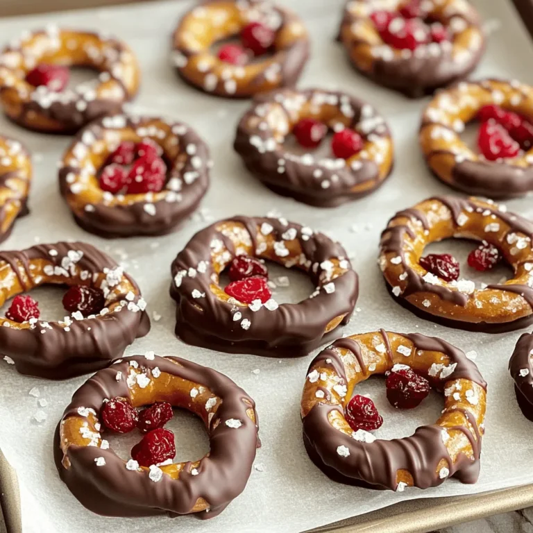 - 2 cups mini pretzels - 1 cup dark chocolate chips - ½ cup dried cherries, chopped - 1 tablespoon coconut oil - Sea salt, for sprinkling - ½ cup white chocolate chips for drizzling Each serving of these cherry chocolate covered pretzels has about: - Calories: 150 - Total Fat: 7g - Saturated Fat: 4g - Carbohydrates: 22g - Sugars: 10g - Protein: 2g Knowing the ingredients helps you plan better. The mini pretzels give a nice crunch. Dark chocolate adds a rich flavor and sweetness. Dried cherries bring a fruity touch. Coconut oil helps the chocolate melt smoothly. Optional white chocolate adds a fun twist. You can drizzle it for a pretty look. Adding sea salt on top makes it even better. It creates a sweet and salty mix that everyone loves. If you want to know more, check out the Full Recipe for details on how to make these tasty treats. First, gather your ingredients. You will need two cups of mini pretzels, one cup of dark chocolate chips, and half a cup of dried cherries. Chop the dried cherries into small pieces. This helps them stick better to the chocolate. I also like to add one tablespoon of coconut oil to make the chocolate smooth. Take a microwave-safe bowl and add the dark chocolate chips and coconut oil. Heat in the microwave for 30 seconds at a time. Stir the mixture in between. Keep doing this until the chocolate is fully melted and smooth. This step is important for a nice coating. Now, dip each pretzel into the melted chocolate. Make sure the pretzel is evenly covered. Use a fork to lift it out. Allow any extra chocolate to drip off. Place the pretzel on the parchment paper. While the chocolate is still wet, sprinkle some chopped cherries on top. This adds a burst of flavor. Repeat this for all the pretzels. If you want to add a fun twist, melt half a cup of white chocolate chips like you did with the dark chocolate. Use a fork to drizzle it over the coated pretzels. This adds a nice look and taste. Finally, sprinkle a tiny pinch of sea salt on top. It creates a great sweet and salty balance. Refrigerate the pretzels for about 30 minutes. Once the chocolate is set, gently peel them off the parchment paper. Enjoy your tasty treat! For the full recipe, check the earlier section. To achieve a smooth chocolate coating, melt the chocolate slowly. Use a microwave and heat in short bursts. Stir between intervals, so it doesn’t burn. If the chocolate is too thick, add a bit of coconut oil. This helps it flow better. Dip each pretzel fully to coat all sides. Let excess chocolate drip off before placing it on parchment paper. This avoids clumps and allows for an even finish. For this recipe, dark chocolate works best. It balances well with the sweetness of cherries. You can also use milk chocolate for a creamier taste. White chocolate offers a nice contrast and sweet touch. Feel free to mix chocolates for a fun twist. Always choose high-quality chocolate for the best flavor. One common mistake is not letting the chocolate cool slightly before dipping. This can lead to a runny coating. Another mistake is not using parchment paper. Without it, the pretzels may stick and break. Be careful not to overload with toppings. A little cherry goes a long way! Lastly, don’t rush the setting process. Allow the chocolate to harden fully in the fridge for the best crunch. {{image_2}} You can play with different types of chocolate in this recipe. While dark chocolate adds a rich taste, milk chocolate gives a sweeter flavor. You can even use white chocolate for a fun twist. Each type brings its own charm. Just remember to melt it the same way as dark chocolate for the best results. Add some crunch by tossing in nuts. Chopped almonds or pecans work well. You can also swap the dried cherries for other fruits. Dried cranberries or apricots add unique flavors. These changes make your pretzels special and fun. Feel free to mix and match to find your favorite combination. You can dress up these pretzels for any season. For Christmas, add red and green sprinkles. During Halloween, use orange and black sprinkles. You can even shape the pretzels into festive forms. Try making hearts for Valentine's Day. These small touches make your treats perfect for any occasion. Store your cherry chocolate covered pretzels in an airtight container. Keep them at room temperature for a few days. If you want to keep them longer, put them in the fridge. Make sure they are not crushed or broken in the container. You can freeze these treats if you have extras. Place them on a baking sheet in a single layer. Freeze them for about an hour. Once firm, transfer them to a freezer-safe bag. They can last up to three months in the freezer. These pretzels taste best within a week. After that, they may lose their crunch. To keep them fresh, avoid exposure to heat or sunlight. If you see any signs of moisture, it is best to toss them. Enjoy the cherry chocolate covered pretzels while they are at their best! For the full recipe, check above. Yes, you can use milk chocolate. Milk chocolate will give a sweeter taste. Just melt it the same way as dark chocolate. The creaminess of milk chocolate pairs well with the cherries. To make the pretzels vegan, switch to dairy-free chocolate. Look for brands that use coconut or almond milk. Make sure the pretzels are also dairy-free. You can find vegan pretzels at most stores. You can find ready-made cherry chocolate covered pretzels at many grocery stores. Look in the snack aisle or the candy section. Online retailers also sell them. Check sites like Amazon or specialty snack shops. These pretzels pair well with sweet and salty treats. Try serving them with fresh cherries or strawberries. A glass of milk or a cup of coffee goes well too. For a fun twist, enjoy them with a scoop of vanilla ice cream. You learned how to make delicious chocolate-covered pretzels. We covered the key ingredients, step-by-step instructions, and useful tips. You also found ideas for variations and how to store your treats. With these recipes, you can impress friends and family. Enjoy experimenting and personalizing each batch. Happy snacking!
