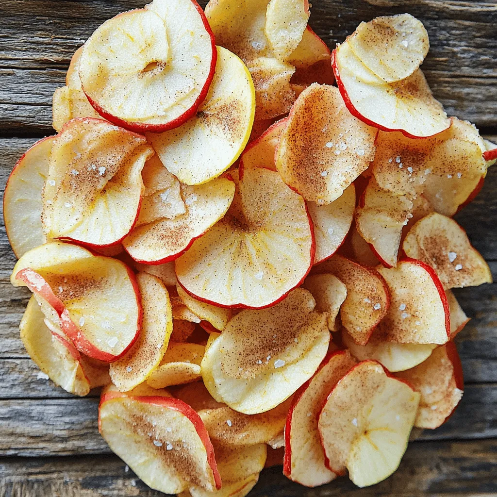 - 2 medium apples (Honeycrisp or Fuji) - 1 tablespoon lemon juice - 1 teaspoon cinnamon - 1 teaspoon sugar (optional) - Pinch of sea salt The type of apple you pick matters. I recommend Honeycrisp or Fuji apples. They are sweet and crisp, perfect for chips. You can also use Granny Smith for a tart flavor. Sweet apples give a nice candy-like taste. Tart ones add a zesty kick. Mix them for a fun flavor combo! You can add more flavor with spices. Nutmeg gives warmth, while pumpkin spice offers a fall vibe. If you want it sweeter, try honey or maple syrup instead of sugar. These options can make your apple chips even more delicious! First, wash your apples well under cold water. This step removes dirt and wax. Next, slice each apple into thin rounds, about 1/8 inch thick. You can use a mandolin for even slices or a sharp knife if you prefer. A mandolin makes this task faster and more precise, but a knife works just fine too. Don't forget to remove the seeds and core from each slice. Now, it’s time to mix the flavors. In a large bowl, combine the apple slices with lemon juice, cinnamon, and sugar if you want it sweeter. Toss everything gently to coat the apple slices evenly. This mix adds flavor and helps keep the chips from getting soggy. To avoid sogginess, ensure that the slices are dry before putting them in the air fryer. Preheat your air fryer to 300°F (150°C). If your air fryer has a preheat option, use it for around 3-5 minutes. Once preheated, place the apple slices in a single layer in the basket. Make sure they don’t overlap for even cooking. You may need to work in batches. Air fry the apple slices for 15-20 minutes. Flip them halfway through cooking to ensure they crisp up nicely. Keep an eye on them near the end, as they should be crispy and lightly golden. After cooking, let them cool completely to get that extra crunch. To get the best crunch, slice the apples thin. Aim for about 1/8 inch thick. Thinner slices cook more evenly and become crispier. If the slices are too thick, they may stay chewy. Monitor the cooking time closely. Start with 15 minutes at 300°F. Flip the chips halfway to ensure even cooking. Check them often at the end. You want them lightly golden and crispy. If your chips come out chewy, it could be the slice thickness or cooking time. Make sure the slices are uniform. If they are thick, try cooking them a little longer. Different air fryer models may cook at different rates. If your chips are not crisping up, adjust the time. You may need to add a few extra minutes. Always take notes on what works best for your model. Air frying cuts down on the fat compared to frying in oil. This means you enjoy a healthier snack. Air fryer apple chips have fewer calories and less fat. Apple chips are also rich in vitamins and fiber. They can support your digestion and help keep you full. Enjoying these chips is a tasty way to add nutrition to your day. {{image_2}} You can spice up your apple chips in fun ways. Try adding different spices like nutmeg or ginger. These will give your chips a warm flavor. You can also use flavored sugars. For instance, brown sugar adds a nice caramel note. If you want something sweeter, go for vanilla sugar. It makes the apple chips taste like a treat. Don't stop at apples! You can try making pear chips. Pears have a soft sweetness that works well in the air fryer. Banana chips are another great option. Just slice them thinly and follow the same steps. Mixing different fruits can create a tasty dried fruit medley. Toss apples, pears, and bananas together for a colorful snack. You can make your apple chips sweet or savory. For a sweet treat, drizzle some caramel or melted chocolate on top. This adds a fun twist and makes them special. If you prefer savory snacks, try adding herbs like rosemary or thyme. You could even sprinkle cheese on top after cooking. This gives a unique flavor that is sure to impress. To keep your apple chips fresh, use an airtight container. Glass jars or plastic containers work well. Avoid using bags, as they may let air in. Store your apple chips in a cool, dry place. Keep them away from sunlight to prevent them from getting soggy. Air fryer apple chips can last up to two weeks when stored properly. Check your chips for freshness regularly. If they feel soft or have an off smell, they may have gone bad. Toss any chips that lose their crispiness or show signs of mold. If your apple chips lose their crunch, don't worry! You can revive them easily. Place the soggy chips back in the air fryer for a few minutes. This will help restore their crispiness. Keep an eye on them to avoid burning. Enjoy your tasty snack! Air fryer apple chips can last about one week when stored properly. Keep them in an airtight container. Store them in a cool, dry place. Avoid direct sunlight, as light can make them lose crispiness. You can also refrigerate them for extra freshness. Yes, you can use many types of apples. Honeycrisp and Fuji are great choices. Other good options include Gala, Granny Smith, and Pink Lady. Each type brings its unique flavor. Sweet apples give a nice taste, while tart apples add a fun twist. Absolutely! This recipe is great for kids. Apples are full of vitamins and fiber. They make a healthy snack that kids can enjoy. You can also let kids help with washing and slicing the apples. Just supervise them with the knife! You can skip the sugar entirely. The natural sweetness of apples is enough. If you want, add a bit of honey or maple syrup instead. You can also try spices like cinnamon or nutmeg for added flavor without sugar. The best temperature is 300°F (150°C). This temperature cooks the chips evenly. It helps them become crispy without burning. Preheat your air fryer before adding the apple slices. This step is key for great results. Follow the Full Recipe for more detailed steps! Making apple chips in an air fryer is easy and fun. You learned about the best apples, how to slice, season, and fry them. You also received tips to avoid common problems and keep your chips crispy. Don't forget, you can mix in different fruits and flavors for variety. Remember to store your apple chips correctly to maintain freshness. Enjoy your healthy snack that’s full of flavor! Use these steps, and you’ll impress everyone with your tasty treats.