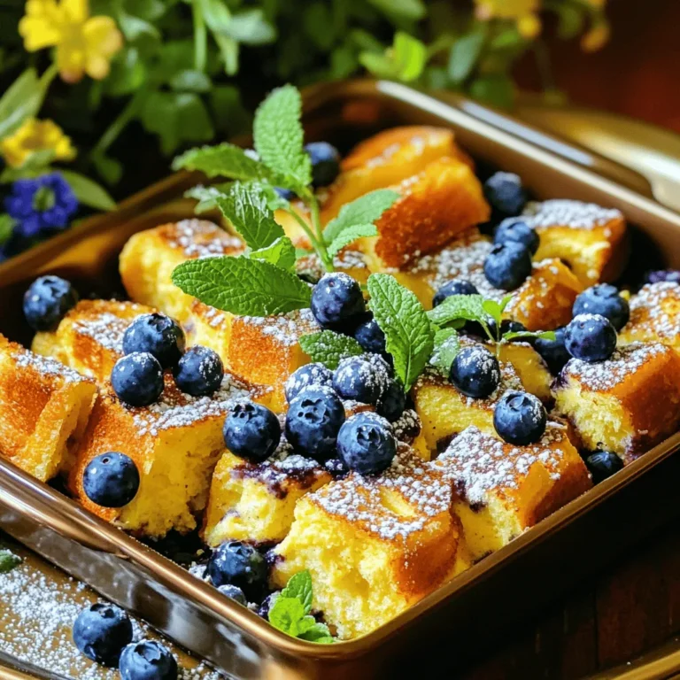 To create a delicious Blueberry French Toast Casserole, gather these key ingredients: - 1 loaf of brioche bread, cut into 1-inch cubes - 2 cups fresh blueberries (or frozen, thawed) - 6 large eggs - 2 cups milk - 1/2 cup heavy cream - 1/4 cup maple syrup - 1 teaspoon vanilla extract - 1 teaspoon ground cinnamon - 1/4 teaspoon salt These ingredients work together to create a rich, custardy base that soaks into the bread. The brioche bread gives a soft texture and sweet flavor. Blueberries add a burst of juiciness and color. For a beautiful finish, consider these optional garnishes: - 1/4 cup powdered sugar (for serving, optional) - Extra blueberries for topping - Fresh mint leaves for a pop of green Using these garnishes can elevate your dish. They enhance both the look and taste. A dusting of powdered sugar adds sweetness, while mint leaves bring freshness. To see the full recipe, check out the [Full Recipe]. 1. Preheat your oven to 350°F (175°C). This step is key for even baking. 2. Grease a 9x13 inch baking dish with cooking spray or butter. This helps the casserole slide out easily. 3. In a large bowl, whisk together 6 large eggs, 2 cups milk, 1/2 cup heavy cream, 1/4 cup maple syrup, 1 teaspoon vanilla extract, 1 teaspoon ground cinnamon, and 1/4 teaspoon salt. Mix until everything blends well. 4. Cut 1 loaf of brioche bread into 1-inch cubes. Place the cubes in the greased baking dish. 5. Sprinkle 2 cups of fresh blueberries (or thawed frozen blueberries) evenly over the bread. This adds a burst of flavor. 1. Pour the egg mixture over the bread and blueberries. Make sure all the bread gets soaked. Press down gently so every piece is covered. 2. Cover the dish with aluminum foil and refrigerate. Let it sit for at least 1 hour, or overnight for best results. This soaking time is crucial for a creamy texture. 3. When ready to bake, take the casserole out of the fridge. Let it sit at room temperature for about 15 minutes. This helps it bake evenly. 4. Bake the casserole covered with foil for 20 minutes. Then, remove the foil and bake for an additional 20-25 minutes. Look for a golden top and set egg mixture. 1. Once baked, remove it from the oven. Let it cool slightly before serving. This lets the flavors settle. 2. Dust with powdered sugar if you like. This adds a sweet touch. 3. Serve warm. Add extra blueberries and mint leaves on top for a pop of color. This makes the dish look even more inviting. For the complete details, you can follow the Full Recipe. Enjoy your baking! Choosing the best bread for the casserole is key. I love using brioche bread. Its soft texture soaks up the egg mixture well. You can also use challah for a similar feel. Avoid bread that is too dense, as it won't absorb flavors. When it comes to blueberries, fresh is best. They burst with flavor and juice. However, frozen blueberries work too. Just remember to thaw them first. Rinse and drain them to remove extra moisture. Proper soaking time ensures the bread absorbs the egg mixture. I recommend at least one hour. For the best results, let it soak overnight. This way, each bite is creamy and flavorful. To achieve a golden top, bake covered for part of the time. This traps steam and helps cook the inside. Uncover for the last 20 minutes. This allows the top to brown nicely. Serving suggestions can elevate your dish. I like to serve it warm, dusted with powdered sugar. Add a few extra blueberries on top for color. A sprig of mint adds a fresh touch. For creative plating, use a rectangular plate. Cut the casserole into squares and stack them. Drizzle maple syrup on the side. This creates a lovely visual that makes everyone eager to dig in. For the Full Recipe, check out the complete instructions and details. {{image_2}} You can easily switch up the flavors in your Blueberry French Toast Casserole. Try adding different fruits like strawberries or raspberries. These fruits add a nice tartness and extra color. You can mix them in with the blueberries or layer them on top. Another fun idea is to incorporate nuts or granola. Chopped pecans or walnuts add a nice crunch. They also give a rich flavor. Just sprinkle them on top before baking for the best results. Granola can add texture and sweetness too. If you need a dairy-free option, you can substitute the milk and cream with almond milk or coconut milk. Both options work well and keep the dish creamy. For a vegan alternative, replace the eggs with a flaxseed mixture. Mix one tablespoon of ground flaxseed with three tablespoons of water. Let it sit for a few minutes until it thickens. These tweaks still create a delicious casserole that everyone can enjoy. Just remember, each change can slightly alter the taste, so feel free to experiment. For the full recipe, check out the Blueberry Bliss French Toast Casserole. To keep your Blueberry French Toast Casserole fresh, place it in an airtight container. The fridge is the best place for leftovers. Ensure it cools to room temperature first. This dish stays good for up to three days in the fridge. If you want to enjoy it longer, consider freezing. When reheating, I recommend using the oven to keep the texture nice. Preheat your oven to 350°F (175°C). Place the casserole in an oven-safe dish. Cover it with foil to avoid drying out. Heat for about 15-20 minutes or until warm throughout. This method keeps the top crisp, just like fresh from the oven. You can freeze the casserole before or after baking. If freezing before baking, wrap it tightly in plastic wrap and foil. It can stay in the freezer for up to three months. To bake from frozen, thaw it overnight in the fridge, then bake as usual. If you freeze it after baking, let it cool completely first. Thaw it in the fridge, then reheat in the oven. Enjoy your delicious Blueberry French Toast Casserole any time! For the full recipe, check the earlier section. How long can I make this casserole ahead of time? You can prepare the Blueberry French Toast Casserole a day in advance. Just cover it and place it in the fridge overnight. This gives the bread time to soak up the egg mixture. Bake it the next day for a warm, tasty breakfast. Can I use day-old bread? Yes, day-old brioche bread works great! It soaks up the mixture better than fresh bread. If your bread is a bit stale, it will still yield a delicious casserole. What can I serve with Blueberry French Toast Casserole? This casserole pairs well with whipped cream or yogurt. You can also serve it with bacon or sausage for a savory touch. Fresh fruit like strawberries or bananas adds a nice contrast too. Can I make it without eggs? You can make a vegan version by using plant-based milk and egg substitutes. Try using flaxseed meal mixed with water or a store-bought egg replacer. This will help bind the casserole just like eggs do. What should I do if my casserole is soggy? If your casserole turns out soggy, it may have soaked too long. Ensure you follow the soaking time closely. If it still seems wet, try reducing the amount of liquid next time. How can I tell when it's fully baked? You can tell your casserole is done when the top is golden brown. Insert a knife in the center; it should come out clean. If it still has liquid on the knife, bake it a bit longer. For the full recipe, check out Blueberry Bliss French Toast Casserole. This blog post covered everything you need to know about making Blueberry French Toast Casserole. We explored key ingredients, preparation steps, and helpful tips to enhance your dish. You learned about variations to fit different tastes and dietary needs. Plus, we shared storage and reheating info for any leftovers. This delicious casserole is simple and fun to make. You can customize it to your liking. Enjoy creating this tasty breakfast treat and sharing it with friends and family. Your kitchen will be full of joy and sweet smells!