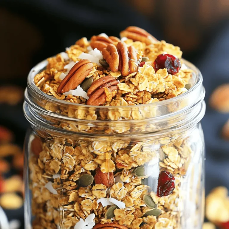 To make delicious Maple Pecan Granola, gather these items: - 2 cups rolled oats - 1 cup pecans, roughly chopped - 1/2 cup pumpkin seeds - 1/2 cup unsweetened shredded coconut - 1/4 cup maple syrup - 1/4 cup coconut oil (melted) - 1 teaspoon vanilla extract - 1 teaspoon ground cinnamon - 1/2 teaspoon sea salt - 1/2 cup dried cranberries or raisins (optional) Each ingredient in this granola brings something special: - Rolled oats: They provide fiber, which helps digestion. - Pecans: These nuts give healthy fats and protein, great for energy. - Pumpkin seeds: High in magnesium, they support muscle and nerve function. - Shredded coconut: It adds flavor and healthy fats, making it tasty. - Maple syrup: This natural sweetener offers antioxidants and minerals. - Coconut oil: It gives good fats that can help with heart health. - Vanilla extract: It adds flavor and may improve mood. - Ground cinnamon: This spice helps balance blood sugar levels. - Sea salt: It enhances flavor and provides essential minerals. - Dried cranberries or raisins: These add sweetness and are rich in vitamins. You can easily swap ingredients to fit your needs: - Gluten-free oats: Use these if you need to avoid gluten. - Nuts: If allergic, try sunflower seeds or hemp seeds. - Coconut oil: Substitute with olive oil or butter for different flavors. - Maple syrup: Agave nectar or honey works well if you prefer. - Coconut: Omit it if you dislike the taste or are allergic. - Dried fruit: Use any dried fruit you enjoy, like apricots or figs. Feel free to explore the Full Recipe for more details on making this tasty snack! To start, preheat your oven to 350°F (175°C). Line a large baking sheet with parchment paper. This helps prevent sticking. In a large bowl, mix together the rolled oats, chopped pecans, pumpkin seeds, shredded coconut, ground cinnamon, and sea salt. Stir it well so that everything blends. Next, take a small bowl. Whisk together the melted coconut oil, maple syrup, and vanilla extract. Make sure it’s smooth. Pour this mixture over the dry ingredients. Stir until every bit of the dry mix is coated well. Now, spread the granola mix evenly on the baking sheet. Press it down slightly to help it stick together while baking. This helps in getting nice clusters. Bake your granola in the preheated oven for 15-20 minutes. Set a timer and check it halfway through. Stir the granola to ensure it browns evenly. Watch it closely; it can burn quickly. The smell will tell you when it’s close to done. You want it golden brown and fragrant. To bake evenly, make sure all the granola is spread out flat. If it’s piled high, parts will not cook right. Stir it halfway through baking. This helps the bottom get nice and crisp too. After baking, let it cool on the sheet. It will get crunchy as it cools down. Once cool, mix in any dried cranberries or raisins if you want. This step-by-step guide helps you create a tasty Maple Pecan Granola. Follow these tips, and you will have a perfect batch every time. For more details, check the Full Recipe. To make the best maple pecan granola, follow these simple tips: - Choose Quality Ingredients: Use fresh oats and nuts. They give the best flavor. - Mix Well: Ensure the wet and dry ingredients blend thoroughly. This helps even coating. - Watch the Oven: Keep an eye on the granola as it bakes. Stir halfway for even cooking. Many people make common mistakes when making granola. Here are some to watch for: - Not Preheating the Oven: Always preheat your oven. This helps the granola cook evenly. - Overbaking: Take the granola out when it is golden brown. It will continue to cook as it cools. - Skipping the Cooling Step: Let the granola cool completely. This gives it the right crunch. You can tweak your granola to your taste. Here’s how: - Adjust the Sweetness: Add more or less maple syrup. You can also try honey for a different flavor. - Add Crunch: Include more nuts or seeds. Almonds or sunflower seeds work well. - Flavor Variations: Try adding spices like nutmeg or ginger for extra warmth and flavor. For the complete recipe, check out the Full Recipe section. {{image_2}} You can add many fun things to your granola. Try mixing in dried fruits, like apricots or figs. You could use chocolate chips for a sweet twist. Adding chia seeds gives a nice crunch and boosts nutrition. For a spicy kick, add a dash of nutmeg or ginger. You can also sprinkle in some flaxseeds for extra fiber. The key is to mix and match what you love. If you run out of maple syrup, don't worry! Honey is a great substitute. Agave nectar works well too. You can even use brown sugar mixed with a bit of water. Each option brings its own taste, so feel free to experiment. Just remember, each syrup will change the flavor a bit. You can switch up the nuts and seeds in your granola. Try almonds or cashews for different flavors. Walnuts add a rich taste and are packed with good fats. For seeds, sunflower seeds or sesame seeds are great choices. You could even mix in some hemp seeds for added protein. The more you play with nuts and seeds, the more unique your granola becomes. To keep your maple pecan granola fresh, use an airtight container. Glass jars or plastic bins work well. Make sure the container seals tightly. This keeps air out and helps maintain crunchiness. When stored correctly, granola lasts about two weeks at room temperature. For the best taste, eat it within this time. If you see any signs of moisture or smell musty, it’s time to toss it. You can freeze your granola for up to three months. Place it in a freezer-safe bag or container. Squeeze out as much air as possible before sealing. When ready to eat, let it thaw in the fridge overnight. After that, enjoy it as usual! For the full recipe, check out the Full Recipe section. Maple Pecan Granola is a tasty mix of oats, nuts, and seeds. It has a sweet flavor from maple syrup and a crunchy texture from pecans. This granola is perfect for breakfast or a snack. You can enjoy it with yogurt or milk, or even eat it plain. Yes, you can make Maple Pecan Granola ahead of time. It stores well for up to two weeks in an airtight container. Making it in advance saves time during busy mornings. You can whip up a big batch and enjoy it all week long. To make this recipe gluten-free, use certified gluten-free oats. Regular oats may contain gluten due to processing. All other ingredients in the recipe are naturally gluten-free. This way, everyone can enjoy this delicious granola without worry. Granola offers many health benefits. It is high in fiber, which aids digestion. Nuts and seeds provide healthy fats and protein. Maple syrup adds a natural sweetness without refined sugars. Enjoying granola can help keep you full longer and boost your energy levels. You can find ingredients for Maple Pecan Granola at most grocery stores. Look in the baking aisle for oats, maple syrup, and coconut oil. Nuts and seeds are often in the snack or bulk section. For fresh ingredients, try local farmers' markets. For the full recipe, please refer to the detailed steps provided earlier. In summary, we explored how to make Maple Pecan Granola. We discussed the key ingredients, their health benefits, and dietary swaps. I shared steps for perfect preparation and baking. You now have expert tips and ways to customize the flavor. Plus, we covered storage methods for freshness. Granola is more than tasty; it can fit your needs. Enjoy this recipe and make it yours!
