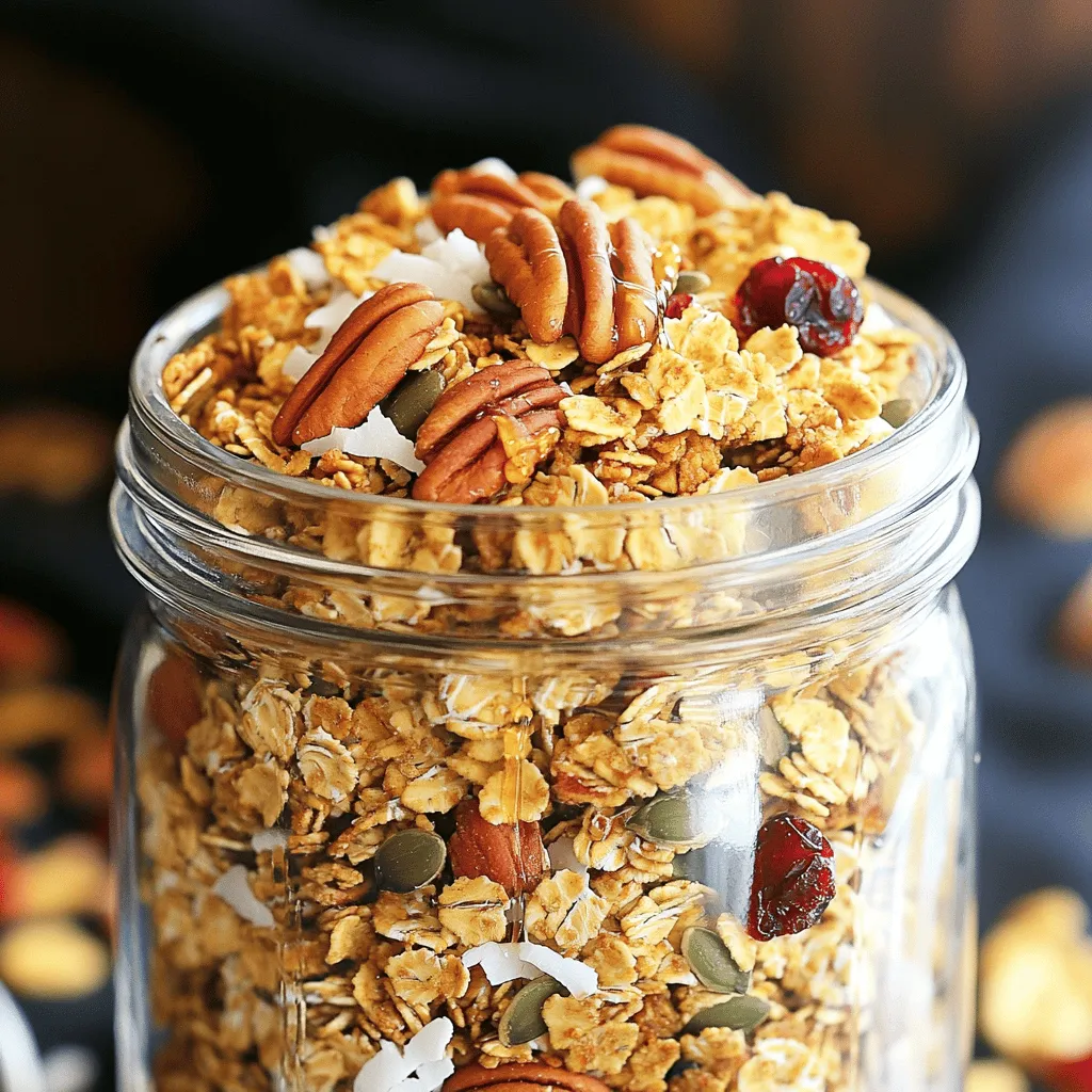 To make delicious Maple Pecan Granola, gather these items: - 2 cups rolled oats - 1 cup pecans, roughly chopped - 1/2 cup pumpkin seeds - 1/2 cup unsweetened shredded coconut - 1/4 cup maple syrup - 1/4 cup coconut oil (melted) - 1 teaspoon vanilla extract - 1 teaspoon ground cinnamon - 1/2 teaspoon sea salt - 1/2 cup dried cranberries or raisins (optional) Each ingredient in this granola brings something special: - Rolled oats: They provide fiber, which helps digestion. - Pecans: These nuts give healthy fats and protein, great for energy. - Pumpkin seeds: High in magnesium, they support muscle and nerve function. - Shredded coconut: It adds flavor and healthy fats, making it tasty. - Maple syrup: This natural sweetener offers antioxidants and minerals. - Coconut oil: It gives good fats that can help with heart health. - Vanilla extract: It adds flavor and may improve mood. - Ground cinnamon: This spice helps balance blood sugar levels. - Sea salt: It enhances flavor and provides essential minerals. - Dried cranberries or raisins: These add sweetness and are rich in vitamins. You can easily swap ingredients to fit your needs: - Gluten-free oats: Use these if you need to avoid gluten. - Nuts: If allergic, try sunflower seeds or hemp seeds. - Coconut oil: Substitute with olive oil or butter for different flavors. - Maple syrup: Agave nectar or honey works well if you prefer. - Coconut: Omit it if you dislike the taste or are allergic. - Dried fruit: Use any dried fruit you enjoy, like apricots or figs. Feel free to explore the Full Recipe for more details on making this tasty snack! To start, preheat your oven to 350°F (175°C). Line a large baking sheet with parchment paper. This helps prevent sticking. In a large bowl, mix together the rolled oats, chopped pecans, pumpkin seeds, shredded coconut, ground cinnamon, and sea salt. Stir it well so that everything blends. Next, take a small bowl. Whisk together the melted coconut oil, maple syrup, and vanilla extract. Make sure it’s smooth. Pour this mixture over the dry ingredients. Stir until every bit of the dry mix is coated well. Now, spread the granola mix evenly on the baking sheet. Press it down slightly to help it stick together while baking. This helps in getting nice clusters. Bake your granola in the preheated oven for 15-20 minutes. Set a timer and check it halfway through. Stir the granola to ensure it browns evenly. Watch it closely; it can burn quickly. The smell will tell you when it’s close to done. You want it golden brown and fragrant. To bake evenly, make sure all the granola is spread out flat. If it’s piled high, parts will not cook right. Stir it halfway through baking. This helps the bottom get nice and crisp too. After baking, let it cool on the sheet. It will get crunchy as it cools down. Once cool, mix in any dried cranberries or raisins if you want. This step-by-step guide helps you create a tasty Maple Pecan Granola. Follow these tips, and you will have a perfect batch every time. For more details, check the Full Recipe. To make the best maple pecan granola, follow these simple tips: - Choose Quality Ingredients: Use fresh oats and nuts. They give the best flavor. - Mix Well: Ensure the wet and dry ingredients blend thoroughly. This helps even coating. - Watch the Oven: Keep an eye on the granola as it bakes. Stir halfway for even cooking. Many people make common mistakes when making granola. Here are some to watch for: - Not Preheating the Oven: Always preheat your oven. This helps the granola cook evenly. - Overbaking: Take the granola out when it is golden brown. It will continue to cook as it cools. - Skipping the Cooling Step: Let the granola cool completely. This gives it the right crunch. You can tweak your granola to your taste. Here’s how: - Adjust the Sweetness: Add more or less maple syrup. You can also try honey for a different flavor. - Add Crunch: Include more nuts or seeds. Almonds or sunflower seeds work well. - Flavor Variations: Try adding spices like nutmeg or ginger for extra warmth and flavor. For the complete recipe, check out the Full Recipe section. {{image_2}} You can add many fun things to your granola. Try mixing in dried fruits, like apricots or figs. You could use chocolate chips for a sweet twist. Adding chia seeds gives a nice crunch and boosts nutrition. For a spicy kick, add a dash of nutmeg or ginger. You can also sprinkle in some flaxseeds for extra fiber. The key is to mix and match what you love. If you run out of maple syrup, don't worry! Honey is a great substitute. Agave nectar works well too. You can even use brown sugar mixed with a bit of water. Each option brings its own taste, so feel free to experiment. Just remember, each syrup will change the flavor a bit. You can switch up the nuts and seeds in your granola. Try almonds or cashews for different flavors. Walnuts add a rich taste and are packed with good fats. For seeds, sunflower seeds or sesame seeds are great choices. You could even mix in some hemp seeds for added protein. The more you play with nuts and seeds, the more unique your granola becomes. To keep your maple pecan granola fresh, use an airtight container. Glass jars or plastic bins work well. Make sure the container seals tightly. This keeps air out and helps maintain crunchiness. When stored correctly, granola lasts about two weeks at room temperature. For the best taste, eat it within this time. If you see any signs of moisture or smell musty, it’s time to toss it. You can freeze your granola for up to three months. Place it in a freezer-safe bag or container. Squeeze out as much air as possible before sealing. When ready to eat, let it thaw in the fridge overnight. After that, enjoy it as usual! For the full recipe, check out the Full Recipe section. Maple Pecan Granola is a tasty mix of oats, nuts, and seeds. It has a sweet flavor from maple syrup and a crunchy texture from pecans. This granola is perfect for breakfast or a snack. You can enjoy it with yogurt or milk, or even eat it plain. Yes, you can make Maple Pecan Granola ahead of time. It stores well for up to two weeks in an airtight container. Making it in advance saves time during busy mornings. You can whip up a big batch and enjoy it all week long. To make this recipe gluten-free, use certified gluten-free oats. Regular oats may contain gluten due to processing. All other ingredients in the recipe are naturally gluten-free. This way, everyone can enjoy this delicious granola without worry. Granola offers many health benefits. It is high in fiber, which aids digestion. Nuts and seeds provide healthy fats and protein. Maple syrup adds a natural sweetness without refined sugars. Enjoying granola can help keep you full longer and boost your energy levels. You can find ingredients for Maple Pecan Granola at most grocery stores. Look in the baking aisle for oats, maple syrup, and coconut oil. Nuts and seeds are often in the snack or bulk section. For fresh ingredients, try local farmers' markets. For the full recipe, please refer to the detailed steps provided earlier. In summary, we explored how to make Maple Pecan Granola. We discussed the key ingredients, their health benefits, and dietary swaps. I shared steps for perfect preparation and baking. You now have expert tips and ways to customize the flavor. Plus, we covered storage methods for freshness. Granola is more than tasty; it can fit your needs. Enjoy this recipe and make it yours!