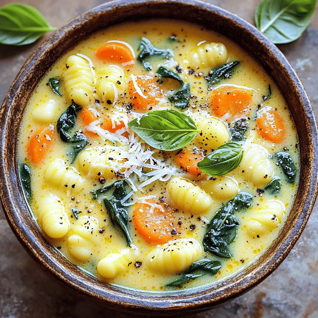 To make Creamy Tuscan Gnocchi Soup, you need these basics: - 1 tablespoon olive oil - 1 medium onion, diced - 3 cloves garlic, minced - 2 medium carrots, diced - 2 celery stalks, diced - 5 cups vegetable broth - 1 (14-ounce) can diced tomatoes (with juices) - 1 (16-ounce) package shelf-stable gnocchi - 2 cups fresh spinach - 1 cup heavy cream - Salt and pepper to taste These spices give the soup its warm, rich flavor: - 1 teaspoon dried thyme - 1 teaspoon dried basil Add these for extra flavor and a beautiful touch: - Grated Parmesan cheese - Fresh basil leaves This soup is a great way to enjoy comfort food. You can find the full recipe in a detailed format to guide you through the process. 1. Sautéing the onions and garlic Start by heating 1 tablespoon of olive oil in a large pot over medium heat. Add 1 medium diced onion. Sauté it for about 3-4 minutes. You want it to become soft and clear. Next, mix in 3 minced cloves of garlic. Sauté for another 30 seconds. This step adds great flavor. 2. Cooking the vegetables Now, add 2 diced medium carrots and 2 diced celery stalks to the pot. Cook these for about 5 minutes. You want the veggies to start softening. Then, sprinkle in 1 teaspoon of dried thyme and 1 teaspoon of dried basil. Stir for about 30 seconds to release their aromas. 1. Adding broth and tomatoes Pour in 5 cups of vegetable broth and 1 can of diced tomatoes with juices. Stir well, then bring the mixture to a gentle boil. This should take just a few minutes. 2. Incorporating gnocchi and spinach Once boiling, reduce the heat to a simmer. Add 1 package of gnocchi to the pot. Cook according to the package instructions, usually about 2-3 minutes. Next, stir in 2 cups of fresh spinach and 1 cup of heavy cream. Let it cook for another 2-3 minutes until the spinach wilts and the soup is warm. 1. Seasoning and serving suggestions Taste your soup and add salt and pepper to your liking. Serve the soup hot. For a finishing touch, you can sprinkle grated Parmesan cheese and fresh basil leaves on top. This adds a lovely flavor and look to your dish. For the full recipe, you can refer to the detailed steps outlined above. Enjoy your warm and hearty Creamy Tuscan Gnocchi Soup! Pairing is key to enhancing your Creamy Tuscan Gnocchi Soup. I love serving it with: - A crusty bread for dipping - A fresh green salad for crunch - A glass of white wine to complement the flavors You can easily adjust the soup to your taste. Here are some ideas: - Add cooked chicken or sausage for protein. - Substitute kale for spinach for a different green. - Use vegetable broth or chicken broth based on preference. To get the best texture, follow these tips: - Sauté onions until soft, but not browned. - Don’t overcook the gnocchi; they only need a few minutes. - Stir in the cream gently to keep it smooth. For the full recipe, check out the [Full Recipe]. This dish is fun to make and even better to share! {{image_2}} You can add protein to the soup for a hearty meal. Chicken works well. Simply cook diced chicken breast in the pot first. Sausage is another great choice. Slice it and brown it before adding veggies. If you prefer plant-based options, try adding lentils or chickpeas. They will soak up the flavors and keep the soup filling. If you want a dairy-free soup, use coconut milk instead of heavy cream. Almond milk is another option, but it will change the flavor slightly. Make sure to choose unsweetened versions. These alternatives keep the soup creamy while making it lighter and dairy-free. Feel free to swap out vegetables based on what you like or what’s in season. Zucchini adds a nice touch. Kale is a great substitute for spinach. You can also add bell peppers, mushrooms, or peas to mix things up. Each choice will give the soup a new twist while keeping it tasty and colorful. For the complete flavor experience, check out the Full Recipe for Creamy Tuscan Gnocchi Soup. To store leftovers, let the soup cool first. Pour it into an airtight container. Seal it tightly to keep out air. Place the container in the fridge. It will stay fresh for up to three days. When you want to eat it again, check for any signs of spoilage. If you want to freeze the soup, use freezer-safe containers. Leave some space at the top for expansion. This soup can freeze well for about three months. When ready to eat, take it out and let it thaw in the fridge overnight. For best flavor, do not freeze it with cheese added. To reheat, pour the soup into a pot. Heat it over low to medium heat. Stir it often to keep it from sticking. If the soup seems thick, add a splash of broth or water. You can also use a microwave. Place the soup in a microwave-safe bowl. Heat in short bursts, stirring in between. Enjoy your warm and hearty Creamy Tuscan Gnocchi Soup! For the full recipe, click here. For Creamy Tuscan Gnocchi Soup, I recommend using shelf-stable gnocchi. This type cooks quickly and is easy to find in most stores. You can also use fresh gnocchi for a softer texture. However, be careful, as fresh gnocchi may cook faster than shelf-stable ones. Keep an eye on them to avoid overcooking. Homemade gnocchi is an option too if you want to explore your skills. Yes, you can prep this soup ahead of time. Make the soup base without adding the gnocchi. Store it in the fridge for up to three days. When ready to serve, heat the soup and add the gnocchi. This way, the gnocchi stays fresh and firm. If you want to freeze it, do not add the gnocchi. Store in an airtight container for up to three months. Just remember to thaw and reheat it before serving. To make this soup vegan, you can swap the heavy cream with coconut milk or cashew cream. For the broth, use vegetable broth to keep it plant-based. Instead of Parmesan cheese, try nutritional yeast for a cheesy flavor. You can add more veggies, like mushrooms or zucchini, for extra nutrition. These changes keep the soup creamy and delicious while making it suitable for a vegan diet. Check out the full recipe for more tips. You now have a clear path to make Creamy Tuscan Gnocchi Soup. We covered the ingredients needed, from fresh vegetables to tasty spices. You learned step-by-step instructions to create a warm bowl of comfort. Consider tips and tricks for pairing and personalizing your soup. Don’t forget about variations, from proteins to dairy-free options. With proper storage and reheating, you can enjoy this soup again. Dive in and make it your own!