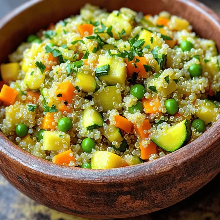 To make Easy Quinoa Vegetable Pilaf, gather these simple ingredients: - 1 cup quinoa, rinsed - 2 cups vegetable broth - 1 tablespoon olive oil - 1 small onion, finely chopped - 2 cloves garlic, minced - 1 carrot, diced - 1 bell pepper (any color), diced - 1 zucchini, diced - 1 cup frozen peas - 1 teaspoon ground cumin - 1 teaspoon paprika - Salt and pepper to taste - Fresh parsley, chopped (for garnish) These ingredients create a colorful and tasty dish. Quinoa is full of protein and fiber. The veggies add crunch and color. Use fresh or frozen veggies based on what you have. Rinsing quinoa is key. It removes a bitter coating that can affect taste. The vegetable broth gives it rich flavor. You can find the full recipe at the end of this article for easy reference. - First, boil 2 cups of vegetable broth in a medium saucepan. - Once boiling, add 1 cup of rinsed quinoa. - Cover the pot and reduce the heat to low. - Cook for about 15 minutes, or until the quinoa is fluffy. - After cooking, let it sit for 5 minutes. Fluff with a fork. - While the quinoa cooks, heat 1 tablespoon of olive oil in a large skillet. - Add 1 small finely chopped onion and 2 minced garlic cloves. - Sauté these for 2 to 3 minutes until they turn translucent. - Now, add 1 diced carrot, 1 diced bell pepper, and 1 diced zucchini to the skillet. - Sauté these vegetables for 5 to 7 minutes until they are tender. - Stir in 1 cup of frozen peas, 1 teaspoon of ground cumin, and 1 teaspoon of paprika. - Season with salt and pepper to taste. Cook for 2 to 3 more minutes. - Finally, add the cooked quinoa to the skillet. Mix well to combine all the ingredients. - Adjust seasoning if needed, and garnish with fresh chopped parsley before serving. For the full recipe, refer to the initial section. - Rinse quinoa thoroughly. This removes the bitter coating called saponin. - Allow quinoa to rest after cooking. Letting it sit for five minutes helps it become fluffy. - Use seasonal vegetables. Try asparagus in spring or root veggies in fall. - Add optional ingredients for extra flavor. Consider nuts, dried fruit, or herbs. - Garnish for an appealing look. Fresh parsley adds a nice green touch. - Serve in a colorful bowl. This makes your dish pop and look inviting. For a detailed guide on how to make this dish, check the Full Recipe. {{image_2}} You can easily boost the protein in your Easy Quinoa Vegetable Pilaf. Here are two great options: - Incorporating beans or chickpeas: Add a can of black beans or chickpeas. Rinse them well first. This simple step gives your dish extra protein and fiber. - Adding cooked chicken or tofu: For a heartier meal, stir in some cooked diced chicken or tofu. Both options work well and keep the dish filling and satisfying. Changing the flavor can make this dish exciting every time you make it. Consider these tips: - Using different spices or herbs: Try adding curry powder or fresh basil for a new spin. You can enhance the taste with rosemary or thyme too. - Swapping broth types for taste: Instead of vegetable broth, use chicken broth for a richer flavor. You can also use low-sodium broth to keep it healthy. Adapting this recipe for different diets is simple. Here are some ideas: - Gluten-free options: Quinoa is naturally gluten-free, so you’re already set! Just ensure your broth is also gluten-free. - Vegan or vegetarian alternatives: This pilaf is vegetarian-friendly as is. For vegan needs, skip any chicken options and stick with veggies and beans. These variations let you customize your pilaf to suit your tastes and dietary needs. You can always find new ways to enjoy this healthy dish. For more details, check the Full Recipe. After enjoying your Easy Quinoa Vegetable Pilaf, you may have some leftovers. Store them in an airtight container. Place the container in the fridge if you plan to eat them within a few days. The pilaf stays fresh for about 3 to 5 days. If you want to keep it longer, freezing is a great option. Transfer the cooled pilaf to a freezer-safe bag. Remove as much air as possible before sealing. This helps prevent freezer burn. You can freeze the pilaf for up to 3 months. Reheating your pilaf is simple. The best method is using the stove. Add the pilaf to a pan over low heat. Add a splash of water or broth. This helps keep it moist. Stir occasionally until it's heated through. You can also use a microwave. Place the pilaf in a microwave-safe bowl. Add a little water to keep it from drying out. Cover the bowl with a lid or a damp paper towel. Heat in short bursts, stirring between each, until warm. To retain texture and flavor, avoid overheating. Overheating can make the quinoa mushy. Follow these tips, and your pilaf will taste just as good as when you first made it! Quinoa cooks in about 15 to 20 minutes. First, you bring vegetable broth to a boil. Once you add rinsed quinoa, reduce the heat to low. The quinoa is done when it appears fluffy and the liquid is absorbed. You will know it's ready when the small white tails appear. This means the quinoa is cooked perfectly! Yes, you can prepare this pilaf in advance. It's a great choice for meal prep. To store, let it cool completely and place it in an airtight container. It lasts in the fridge for about 5 days. If you want to keep it longer, you can freeze it for up to 3 months. Just remember to thaw it overnight in the fridge before reheating. Quinoa pilaf pairs well with many dishes. You can serve it with grilled chicken, fish, or tofu for protein. Add a fresh salad or steamed veggies for a balanced meal. You might also enjoy it with a dollop of yogurt or a squeeze of lemon. These simple sides make the meal tasty and colorful. This blog post guided you through making a tasty quinoa dish. We discussed key ingredients, cooking steps, tips for success, and ways to customize your meal. Remember, rinsing quinoa and letting it rest are key for the best texture. Feel free to swap in your favorite veggies or proteins to fit your taste. With this knowledge, you can create a delicious meal that suits your needs. Enjoy your cooking adventure!