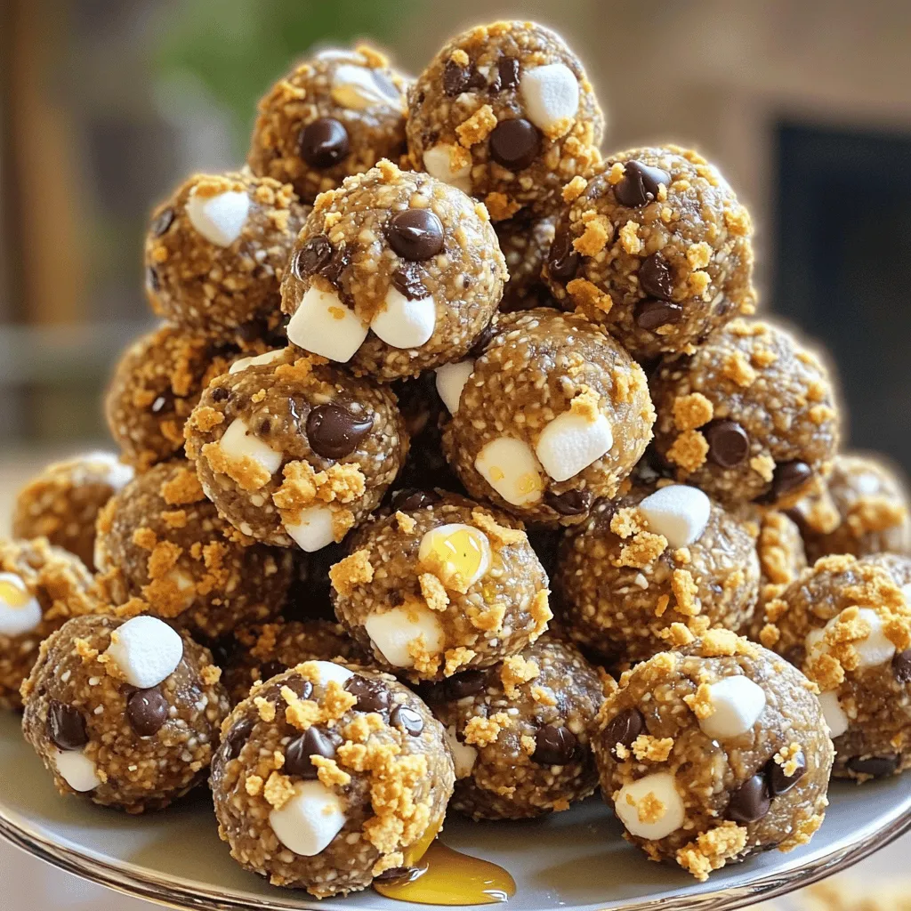 To make No Bake S'mores Energy Balls, gather these simple ingredients: - 1 cup rolled oats - 1/2 cup almond butter (or peanut butter) - 1/3 cup honey or maple syrup - 1/2 cup mini chocolate chips - 1/2 cup graham cracker crumbs - 1/2 cup mini marshmallows - 1 teaspoon vanilla extract - A pinch of salt These ingredients blend together to create a tasty treat. The oats give a nice texture, while the nut butter adds creaminess. Honey or maple syrup brings sweetness. Mini chocolate chips and marshmallows provide that classic s'mores flavor. The graham cracker crumbs add crunch. Each serving of these energy balls has about 120 calories. Here’s a quick breakdown of the macronutrients: - Fats: 5 grams - Carbohydrates: 17 grams - Protein: 3 grams This treat offers a balance of healthy fats, carbs, and protein. It makes for a quick snack or a boost before a workout. These energy balls are not just delicious; they also pack a nutritious punch. For the full recipe, check out the [Full Recipe]. To start making No Bake S'mores Energy Balls, gather your ingredients. You will need rolled oats, almond butter, honey, mini chocolate chips, graham cracker crumbs, mini marshmallows, vanilla extract, and a pinch of salt. In a large mixing bowl, combine the rolled oats, almond butter, and honey. Use a spatula to mix these until they blend well. Next, add the graham cracker crumbs, mini chocolate chips, mini marshmallows, vanilla extract, and salt. Stir until all the ingredients are evenly mixed. Now, it's time to roll the mixture into balls. Scoop about a tablespoon of the mixture with your hands. Roll it gently to form a ball. Aim for uniform size for each ball. Repeat this step with the rest of the mixture. You should make about 12 to 15 energy balls. Refrigerating the balls is key for the best texture. This helps them set and hold their shape. Place the rolled balls on a parchment-lined baking sheet or plate. I recommend refrigerating them for at least 30 minutes. This setting time allows the flavors to meld together and makes the energy balls easier to handle. After this time, they will be ready to serve and enjoy! To make your no bake s'mores energy balls, start with a large mixing bowl. Add rolled oats, almond butter, and honey. Mix these ingredients well using a spatula. It’s key to blend until you see no dry oats. This ensures every bite has flavor. After mixing, add graham cracker crumbs and mini chocolate chips. Then, toss in mini marshmallows and vanilla extract. The salt adds a nice touch. Mix again until all ingredients are evenly distributed. Uniformity in ball size makes these treats look great. Use a tablespoon to scoop the mixture. This helps you create similarly sized balls. Roll each scoop in your hands until smooth and round. Aim for about one inch in diameter. This size is perfect for snacking. If you have kids, let them help. They’ll enjoy rolling and will feel proud of their tasty creations. For a fun presentation, arrange the energy balls on a tiered dessert stand. This adds height and looks appealing. Alternatively, use individual cupcake liners for each ball. This makes them easy to grab and eat. You can also sprinkle some extra chocolate chips or graham cracker crumbs on top. It adds flair and makes them look even more delicious. Enjoy these treats at parties or as an after-school snack! {{image_2}} You can easily change the flavors in your No Bake S'mores Energy Balls. Swap almond butter for peanut butter or sunflower seed butter for a different taste. Each nut butter brings its own unique flavor. If you want a different sweetener, use agave or maple syrup instead of honey. This change can alter the sweetness and flavor profile. Want to jazz things up? Add coconut flakes or chia seeds for a fun twist. Coconut gives a tropical vibe, while chia seeds add texture and nutrients. You can also try different types of chocolate, like dark or white chocolate chips. Each type will change the taste and richness of your energy balls. You can make these energy balls fit the season too! In fall, consider adding pumpkin spice or dried cranberries. For winter holidays, try in-season spices like nutmeg or cinnamon. These small changes can make your treats feel festive and special, perfect for sharing with friends and family. For the complete list of ingredients and instructions, check the Full Recipe. To keep your no bake s'mores energy balls fresh, use airtight containers. These containers block air and moisture, which helps maintain taste and texture. You can also vacuum seal the energy balls for extra freshness. This method removes air and protects them from freezer burn. On the counter, these energy balls last about three days. If you store them in the fridge, they can last up to a week. For long-term storage, you can freeze them. In the freezer, they will stay good for about three months. You do not need to reheat these energy balls. They taste great cold or at room temperature. If you prefer a warm treat, you can microwave them for a few seconds. Just be careful not to heat them too long, or they may melt. Yes, you can easily make these energy balls vegan. To do this, swap the honey for maple syrup. You can also use a vegan nut butter, like almond or cashew butter. Check that your chocolate chips are dairy-free as well. These small changes ensure that everyone can enjoy this tasty treat. These energy balls can last up to one week in the fridge. Store them in an airtight container to keep them fresh. If you notice any change in smell or texture, it’s best to toss them. Signs of spoilage include a sour smell or a change in color. Yes, you can freeze these energy balls for later. To freeze, place them in a single layer on a baking sheet. Once they are frozen, transfer them to an airtight container or freezer bag. They can last up to three months in the freezer. To enjoy, simply take them out and let them thaw in the fridge for a few hours. This post shared the recipe for tasty No Bake S'mores Energy Balls. You learned the ingredients, how to mix, and set them. I also shared tips on storage and fun variations. These energy balls are simple to make and packed with flavor. They fit well into snacks or parties. Overall, you can customize them to your taste. Try these out and enjoy the sweet, chewy goodness!