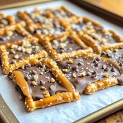 - 1 cup pretzel sticks - 1 cup semi-sweet chocolate chips - 1 cup caramel sauce (store-bought or homemade) - 1/4 cup chopped nuts (pecans or almonds) - Optional: 1/4 cup mini chocolate chips for garnish - Baking sheet - Parchment paper - Microwave-safe bowl Salted Caramel Pretzel Bark starts with simple, tasty ingredients. Each one plays a key role. Pretzel sticks add crunch and saltiness. Semi-sweet chocolate brings rich flavor. Caramel sauce gives that sweet touch we all love. You can make it your own with extra add-ins. Chopped nuts add texture and flavor. Mini chocolate chips make it even sweeter and prettier. You need a few tools to whip up this treat. A baking sheet helps hold everything. Parchment paper keeps it from sticking. A microwave-safe bowl is perfect for melting chocolate. For the full recipe, check out the details to make this easy treat come to life! - Prepare the baking sheet with parchment paper. This helps the bark lift off easily. - Arrange pretzel sticks in a single layer. Spread them out so they can hold all the yummy toppings. - Melt the semi-sweet chocolate chips. Use a microwave-safe bowl and heat in 30-second bursts. Stir between each burst until smooth. - Spread melted chocolate over the pretzel layer. Use a spatula to cover all the pretzels. This makes a great base for the caramel. - Drizzle warm caramel sauce over chocolate. Warm it slightly to help it pour better. Create a marbled look as you drizzle. - Sprinkle with sea salt and chopped nuts. This adds flavor and crunch. - Chill the bark until set. Place it in the fridge for 1 to 2 hours. This helps everything firm up nicely. - Break into desired pieces. Use the parchment paper to lift it out. Break it into the sizes you like best. This recipe is simple and fun. For the full recipe, check out the details in the earlier section. Enjoy your sweet treat! To get that lovely marbled look with chocolate and caramel, try this method. First, drizzle the warm caramel over the melted chocolate. Use a toothpick or a skewer to swirl the caramel through the chocolate gently. This creates a nice visual effect. Don’t overmix; you want to see both layers. For even melting of chocolate, use a microwave-safe bowl. Heat the chocolate in 30-second bursts. Stir after each interval until smooth. This way, you avoid burning the chocolate. If you find it thick, add a bit of coconut oil or vegetable oil. This will help it spread better. When it comes to serving, presentation is key. Arrange your pieces on a colorful platter. Add some fresh fruit or nuts around the bark for a nice pop of color. If you want to gift it, use cellophane bags tied with a ribbon. This makes it look festive and special. For a dessert platter, pair the bark with brownies, cookies, or ice cream. The mix of textures and flavors will wow your guests and make your treat stand out. You can easily change this recipe to fit different diets. For gluten-free options, swap regular pretzels for gluten-free pretzel sticks. If you're vegan, use dairy-free chocolate. Want to add a twist? Mix in toffee bits for extra crunch. You can also use white chocolate instead of semi-sweet. This gives a sweeter flavor that many love. You can get creative with what you have on hand! {{image_2}} One fun way to change up Salted Caramel Pretzel Bark is by adding sea salt caramel. This gives each bite a burst of flavor. You can also mix in different types of chocolate. Dark, milk, or white chocolate all work well. Each type brings a unique taste. Dark chocolate adds richness, while milk chocolate is sweet and creamy. White chocolate gives a lovely contrast to the salty pretzels. You can also create seasonal twists on this treat. In the fall, try adding pumpkin spice to the caramel. It gives a warm, cozy flavor. For the holidays, think about using peppermint. Crushed peppermint candies or holiday-themed toppings can add cheer. You can make this treat festive for any season. If you want a healthier version, consider reducing the sugar. You can find lower-sugar caramel options at the store. Another idea is to use dark chocolate. Dark chocolate has less sugar than milk chocolate. It also adds a richer taste and pairs well with the salty pretzels. These options let you enjoy this sweet treat while making better choices. For the full recipe, check the earlier sections and get started on your delicious creation! To keep your Salted Caramel Pretzel Bark fresh, store it in an airtight container. This helps prevent moisture and keeps the bark crunchy. You can also use a zip-top bag. Just make sure to remove as much air as you can. Salted Caramel Pretzel Bark lasts about 1 to 2 weeks at room temperature. You can also keep it in the fridge for up to 3 weeks. If you notice any signs of spoilage, like a strange smell or a change in texture, it’s best to toss it out. Yes, you can freeze Salted Caramel Pretzel Bark! Wrap it tightly in plastic wrap and then in foil. This prevents freezer burn. When you’re ready to eat it, let it thaw in the fridge overnight. Avoid leaving it at room temp as it may get too soft. Salted caramel pretzel bark is a tasty mix of sweet and salty. It has crunchy pretzels, rich chocolate, and gooey caramel. You can enjoy it as a snack or dessert. This treat is easy to make and fun to share with friends. To make salted caramel pretzel bark, you start with pretzels on a baking sheet. Then, melt the chocolate and pour it over the pretzels. Next, drizzle warm caramel on top and sprinkle with sea salt and nuts. Finally, chill the bark until it is firm. You can find the full recipe for more details. Yes, you can use many kinds of nuts or toppings! Try pecans, almonds, or even peanuts. You can also add toffee bits or mini marshmallows for fun flavors. Feel free to mix and match until you find your favorite combo. For a gluten-free version, use gluten-free pretzels. Many stores sell these, so they are easy to find. The rest of the recipe stays the same, so you still get all that great taste without gluten. If your chocolate isn’t melting, try a few things. First, make sure you use a microwave-safe bowl. Heat it in short bursts of 30 seconds and stir in between. If it is still thick, add a small amount of coconut oil to help it melt. This should give you a smooth chocolate layer. Salted Caramel Pretzel Bark is a fun and easy treat to make. You learned about the key ingredients, optional add-ins, and essential tools needed. We went through simple steps to create this tasty dessert, including tips for serving and customizing to your taste. Remember, you can adjust flavors and ingredients to fit your needs. With the right storage, your bark will stay fresh for longer. Enjoy making this sweet and salty delight as a gift or a snack!