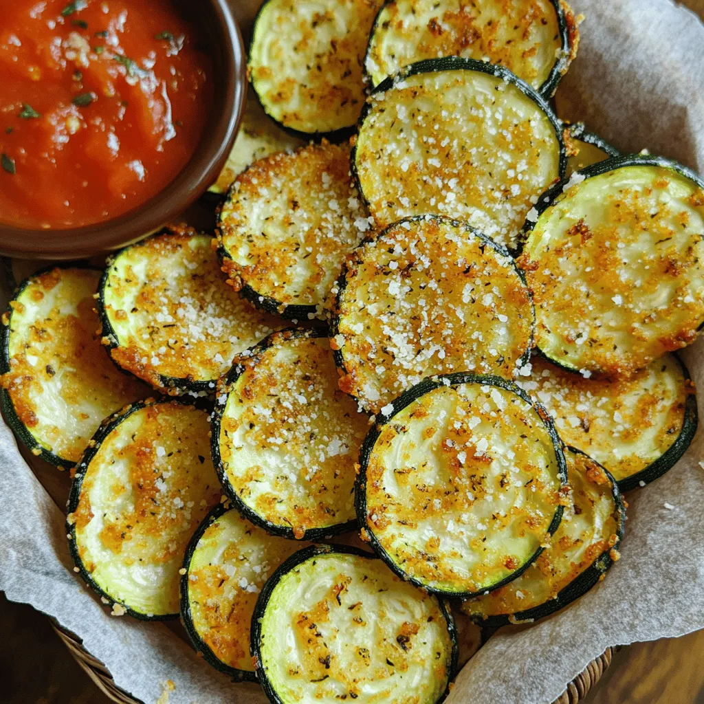 - 2 medium zucchinis - 1 tablespoon olive oil - 1 teaspoon garlic powder - 1/2 cup grated Parmesan cheese - 1/2 teaspoon salt - 1/4 teaspoon black pepper - 1/2 teaspoon dried oregano - 1/2 teaspoon paprika You can switch out Parmesan for other cheeses. Cheddar or Pecorino works well, too. If you want a stronger taste, try fresh garlic instead of garlic powder. Use about one clove for every teaspoon of garlic powder. For health reasons, consider low-sodium salt options. This helps cut back on sodium without losing flavor. When buying zucchini, look for firm, smooth skin. The color should be vibrant and free of blemishes. Fresh zucchinis feel heavy for their size. For Parmesan cheese, choose block cheese over pre-grated options. It tastes better and melts nicely. You can find high-quality Parmesan at local cheese shops or farmer's markets. Always check the label for authenticity. Real Parmesan comes from Italy and is marked as Parmigiano-Reggiano. 1. Preheating the oven: Start by preheating your oven to 225°F (110°C). This low temperature helps the chips get crispy without burning. 2. Preparing the baking sheet: Line a baking sheet with parchment paper. This will keep the chips from sticking and make cleanup easy. 1. Mixing the oil and seasonings: In a large bowl, pour in 1 tablespoon of olive oil. Add 1 teaspoon of garlic powder, 1/2 teaspoon of salt, 1/4 teaspoon of black pepper, 1/2 teaspoon of dried oregano, and 1/2 teaspoon of paprika. Mix everything well. 2. Ensuring even coating on zucchini slices: Next, add the thinly sliced zucchini to the bowl. Toss the slices gently to ensure they are all coated with the oily mixture. This step is key for great flavor. 1. Arranging on the baking sheet: Lay the coated zucchini slices in a single layer on the prepared baking sheet. Make sure they do not overlap. If they overlap, they won’t crisp up well. 2. Monitoring baking time and doneness: Bake the zucchini chips for about 1.5 to 2 hours. Check them often to avoid burning. You want them to turn golden brown and crisp. When done, let them cool for a few minutes before serving. Enjoy your tasty and healthy snack! For the full recipe, check out the Garlic Parmesan Zucchini Chips! To make crispy chips, slice the zucchini thin. Thin slices cook more evenly and become crunchier. Aim for about 1/8 inch thick. If the slices are too thick, they will turn out soggy. Avoid soggy chips by drying the zucchini before cooking. After slicing, pat the slices with a clean kitchen towel. This step removes excess moisture, helping them crisp up better in the oven. You can make your chips even tastier by adding more spices. Try a pinch of cayenne for heat or a dash of smoked paprika for a smoky kick. Mix and match spices to suit your taste. Dipping sauces can elevate your snack. Marinara sauce pairs well with these chips. You could also try ranch dressing or a creamy garlic dip for a fun twist. Present your Garlic Parmesan Zucchini Chips in a rustic basket. Line the basket with parchment paper for a nice touch. Add a small bowl of marinara sauce on the side for dipping. These chips work great as a side dish with grilled chicken or fish. They are also a perfect snack during movie night. Enjoy them with friends or family for a fun treat. For the full recipe, check the earlier section. {{image_2}} You can switch things up with different cheeses. Cheddar adds a sharp taste. Mozzarella gives a nice stretch and creaminess. Both can work great on your zucchini chips. If you're vegan, try vegan cheese. Look for brands that melt well. This way, you still get that cheesy flavor without dairy. Want to kick up the flavor? You can add spices like cayenne for heat. Chili powder also gives a nice kick. For a fresher taste, add herbs like thyme or basil. These herbs work well with garlic and Parmesan. They can change the whole taste of your chips. Don't be afraid to mix and match! You can cook your zucchini chips in several ways. Air frying is a quick method. It makes them crispy and saves time. Baking is the classic way and gives you that nice crunch. Lastly, try dehydrating them for a healthier snack. This method keeps the flavor while removing moisture. Each method offers a unique taste and texture, so experiment to find your favorite! For a full recipe, check out the Garlic Parmesan Zucchini Chips recipe! To keep your Garlic Parmesan Zucchini Chips fresh, use airtight containers. Glass jars or plastic containers work well. Make sure they are clean and dry before use. Storing chips in these containers helps keep them crunchy. You can also add a piece of parchment paper inside to absorb moisture. This simple step helps maintain their crispiness. Avoid leaving the chips out in open air, as they will become soft. When reheating, the oven or air fryer is your best bet. Preheat your oven to 350°F (175°C). Spread the chips on a baking sheet in a single layer. Heat them for about 5 to 10 minutes. If using an air fryer, set it to 350°F (175°C) for 3 to 5 minutes. This will revive their crunch. Avoid using a microwave; it can make them soggy. You can store leftover zucchini chips for about 3 to 5 days. Keep them in an airtight container at room temperature. If you notice any soft spots or a change in smell, toss them out. Freshness is key to enjoying these snacks. Always check for signs of spoilage, like a rubbery texture or unusual odor. Enjoy your Garlic Parmesan Zucchini Chips by following these storage tips! For the full recipe, check out the link provided. Yes, you can! Other great options are sweet potatoes, carrots, or beets. Each veggie brings its own flavor. Thinly slice them like the zucchini for best results. Cooking times will vary: - Sweet Potatoes: Bake for 2 to 2.5 hours until crispy. - Carrots: Bake for about 1.5 hours. - Beets: Bake for 2 to 2.5 hours as well. You can boost the flavor with fun seasoning blends. Try adding: - Smoked paprika for a smoky taste. - Cayenne pepper for heat. - Herbs like thyme or rosemary for freshness. Mix and match spices to find your favorite combo. Don’t hesitate to get creative! These chips pair well with many dips. Consider serving: - Marinara sauce for a classic touch. - Hummus for a creamy dip. - Guacamole for a twist. For drinks, try pairing with sparkling water or a light white wine. These choices complement the chips nicely. You can find the full recipe for Garlic Parmesan Zucchini Chips [here](#). In this blog post, we explored making delicious Garlic Parmesan Zucchini Chips. We shared a complete list of fresh ingredients, along with substitutions and tips for selecting quality produce. You learned clear steps for preparation and baking. We also provided tips for achieving crispy chips, flavor variations, and storage information. These simple chips can be a tasty snack or side dish. With a few tweaks, you can make them fit your taste. Enjoy your cooking and have fun experimenting!