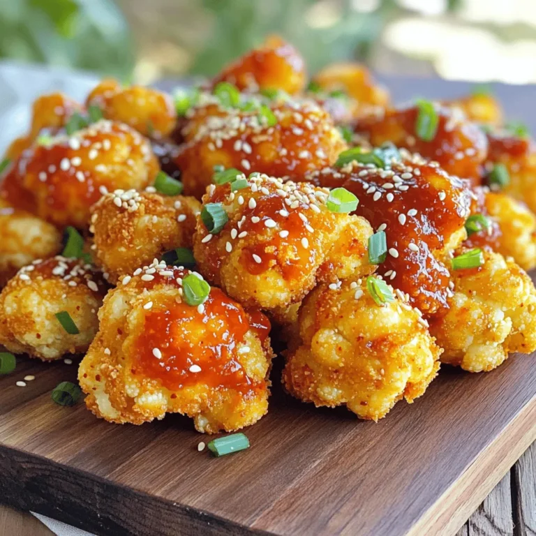 - Cauliflower florets - Batter ingredients: flour, almond milk, seasonings - Coating: panko breadcrumbs - Spicy sauce components: gochujang, maple syrup, soy sauce, etc. To make Spicy Korean BBQ Cauliflower Wings, you need fresh cauliflower florets. They provide the perfect base for this dish. Next, for the batter, gather flour and unsweetened almond milk. You can also use any plant-based milk. Add garlic powder, onion powder, and smoked paprika for flavor. Don’t forget salt and pepper to taste! For the crunchy coating, grab some panko breadcrumbs. These will give the wings that crispy texture we all love. Now, let’s talk about the spicy sauce. The star is gochujang, a Korean chili paste that packs a punch. You’ll also need maple syrup for sweetness, soy sauce for saltiness, and a splash of rice vinegar for tang. A touch of sesame oil and minced ginger adds depth to the sauce. These ingredients come together to create a delicious flavor explosion. Check out the Full Recipe to see how to combine everything perfectly! First, preheat your oven to 425°F (220°C). This temperature ensures the cauliflower wings become crispy. Next, prepare the batter. In a large bowl, mix the flour, garlic powder, onion powder, smoked paprika, salt, and pepper. This mix adds great flavor. Gradually whisk in the almond milk until the batter is smooth. Now, get your panko breadcrumbs ready in a separate shallow bowl. This will give our wings a nice crunch. For the coating process, dip each cauliflower floret into the batter first. Let any excess batter drip off. Then, coat it in the panko breadcrumbs. Place the coated florets on a baking sheet lined with parchment paper. This helps with easy clean-up and prevents sticking. For the best results, spray the coated wings lightly with cooking spray. This adds extra crispiness. Bake them in the preheated oven for about 25-30 minutes. Flip them halfway through to ensure they bake evenly. Once done, they should be golden and crispy. For the spicy sauce, gather these ingredients: gochujang, maple syrup, rice vinegar, soy sauce, sesame oil, and minced ginger. In a small saucepan over low heat, combine all the sauce ingredients. Stir them until they mix well and heat through. This will create a rich, flavorful sauce that pairs perfectly with the wings. Once your cauliflower wings are ready, toss them in the spicy sauce. Serve them immediately, garnished with sesame seeds and chopped green onions for a pop of color. For the complete recipe, check out the Full Recipe section. To get that perfect crunch with your spicy Korean BBQ cauliflower wings, use cooking spray. This simple step adds a nice golden finish. Lightly spray the wings before baking. If you want to try an alternative baking method, consider using an air fryer. It cooks the wings quickly and gives them a crispy texture. Just set your air fryer to 400°F (200°C) and cook for about 15-20 minutes. When it comes to seasoning, think beyond the basics. You can add a pinch of cayenne pepper for extra heat. A dash of smoked paprika enhances the flavor too. Balancing spice and sweetness is key. The gochujang brings heat, and maple syrup adds sweetness. Adjust the maple syrup to suit your taste. A little more can tame the spice nicely. For the best flavor experience, pair your wings with a side of creamy ranch or tangy kimchi. These sauces complement the heat well. For side dishes, consider serving with rice or a fresh salad. A crunchy slaw can also add great texture. Enjoy these wings with friends for a fun meal! {{image_2}} If you want to make this dish work for special diets, here are some great swaps: - Gluten-free options: Use gluten-free flour instead of all-purpose flour. For the coating, you can choose gluten-free panko breadcrumbs. - Vegan substitutions: Almond milk is already a plant-based choice. You can use maple syrup for sweetness, and all other ingredients are vegan-friendly. You can cook these cauliflower wings in different ways to suit your taste: - Air frying method: If you have an air fryer, this is a quick and healthier option. Preheat the air fryer to 375°F (190°C). Cook the wings in a single layer for about 15-20 minutes, shaking halfway through. - Grilling cauliflower wings: For a smoky flavor, grill the wings! Brush them with a little oil and grill over medium heat for about 5-7 minutes on each side. Want to change things up? Here are some ideas: - Spicy vs. mild options: You can adjust the heat level by using less gochujang or adding some honey for sweetness. If you want it milder, try using a sweet chili sauce instead. - Utilizing different sauces: Feel free to explore other sauces! A barbecue sauce or teriyaki sauce can add a fun twist. Try mixing different flavors to find your favorite. For the complete recipe, check out the Full Recipe section above! To store your spicy Korean BBQ cauliflower wings, let them cool first. Place them in an airtight container. This keeps them fresh for 3 to 5 days in the fridge. When you're ready to eat, preheat your oven to 350°F (175°C). Spread the wings on a baking sheet. Reheat for about 10 to 15 minutes. This helps maintain their crispy texture. If you want to freeze the wings, follow these steps. After they cool, arrange them in a single layer on a baking sheet. Freeze them for about an hour. This prevents them from sticking together. Once frozen, transfer them to a freezer-safe bag. They can last up to 3 months. When you’re ready to enjoy them, take them out and thaw in the fridge overnight. For the best taste, reheat in the oven at 350°F (175°C) for about 15 to 20 minutes. This way, they stay crispy and delicious. For the full recipe, check out the detailed instructions above. Gochujang is a key part of this recipe. If you can't find it, try these options: - Sriracha: It adds heat but is sweeter. - Chili paste: Use a similar amount for heat. - Harissa: A North African spice paste that brings depth. These substitutes change the flavor, but they still work well. You can mix some soy sauce or honey to mimic gochujang's sweetness and umami. To get your wings super crispy, follow these tips: - Cooking spray: Lightly spray the coated wings before baking. This helps them brown. - Panko breadcrumbs: Use panko instead of regular breadcrumbs. They create a crunchier texture. - Higher oven temperature: Bake at 425°F (220°C) for a golden finish. - Flip halfway: Turn the wings halfway through baking for even crispiness. These steps will ensure your cauliflower wings are crunchy and delicious. You can use frozen cauliflower, but it might change the texture. Here are some tips: - Thaw first: Make sure to thaw the cauliflower completely. Pat it dry with a towel to remove extra moisture. - Adjust cooking time: Frozen florets may need a little extra time in the oven. Keep an eye on them. Using frozen cauliflower is fine, but fresh gives the best crunch. Check out the Full Recipe for the best results! This blog post covered how to make delicious cauliflower wings. We discussed key ingredients, preparation steps, and baking tips. I shared ways to achieve crispiness, flavor combinations, and serving ideas. Variations included cooking methods and ingredient alternatives. Finally, I detailed storage and reheating tips. Enjoy making these wings your own. Experiment, have fun, and create tasty dishes that satisfy!