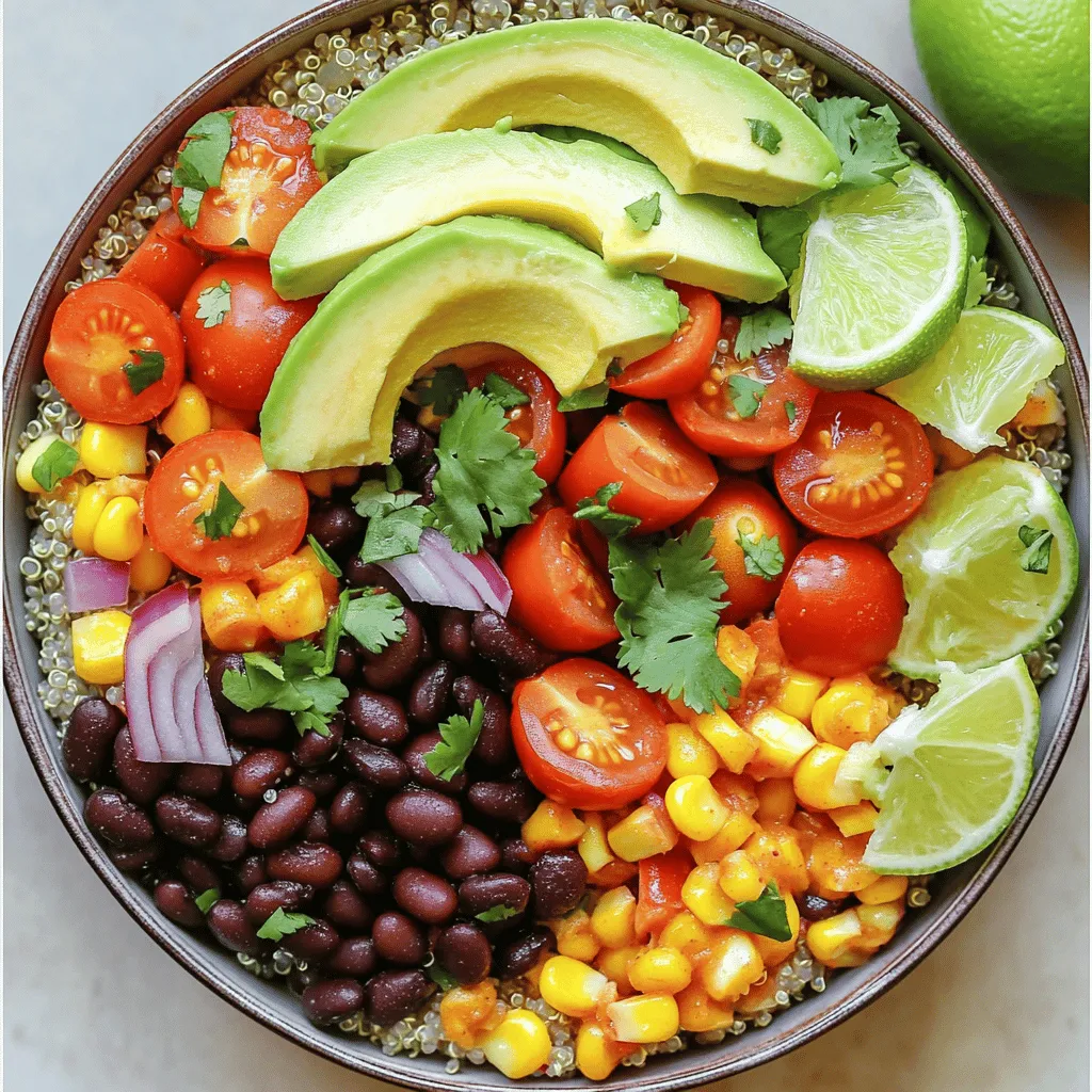To make a tasty vegan burrito bowl, gather these main ingredients: - 1 cup quinoa, rinsed - 2 cups vegetable broth - 1 can black beans, drained and rinsed - 1 cup corn kernels (fresh or frozen) - 1 red bell pepper, diced - 1 avocado, sliced - 1 cup cherry tomatoes, halved - 1 small red onion, diced - Juice of 1 lime - 2 tablespoons olive oil - 1 teaspoon cumin - 1 teaspoon smoked paprika - Salt and pepper to taste - Fresh cilantro, for garnish You can add more to your burrito bowl for extra flavor and texture. Here are some ideas: - Grilled zucchini or squash - Diced jalapeños for heat - Sliced olives or pickled red onions - Chopped nuts like cashews or almonds - Plant-based proteins like tofu or tempeh Having the right tools makes cooking easier. For this recipe, make sure you have: - A medium pot for cooking quinoa - A large mixing bowl for combining veggies - A small bowl for making the dressing - A fork for fluffing the quinoa - Sharp knives for chopping veggies - Measuring cups and spoons for accuracy These tools will help you create a vibrant vegan fiesta bowl easily! You can find the full recipe to guide you through the steps. To cook quinoa properly, start with a medium pot. Bring 2 cups of vegetable broth to a boil. Add 1 cup of rinsed quinoa to the boiling broth. Reduce the heat to low and cover the pot. Let it simmer for about 15 minutes. Once the quinoa is fluffy and the broth is absorbed, take it off the heat. Allow it to stand for 5 minutes. Then, fluff the quinoa with a fork. This technique gives you perfect texture every time. In a large mixing bowl, combine the following ingredients: - 1 can black beans, drained and rinsed - 1 cup corn kernels - 1 diced red bell pepper - 1 cup halved cherry tomatoes - 1 small diced red onion These veggies add fresh flavors and textures to your bowl. Next, make the dressing. In a small bowl, whisk together: - Juice of 1 lime - 2 tablespoons olive oil - 1 teaspoon cumin - 1 teaspoon smoked paprika - Salt and pepper to taste Pour this dressing over your veggie mix. Toss gently to coat all the vegetables evenly. This step enhances the taste of the burrito bowl. To assemble your burrito bowl, add the fluffed quinoa to the veggie mix. Stir until everything is well combined. Divide the mixture into serving dishes. Top each bowl with slices of avocado and a sprinkle of fresh cilantro. For a pop of color, serve the bowl with lime wedges on the side. This makes the dish look vibrant and inviting. Enjoy your Easy Vegan Burrito Bowl! For the complete recipe, check out the Full Recipe. To cook perfect quinoa, rinse it first. This removes the bitter coating. Use a ratio of 1 cup quinoa to 2 cups vegetable broth. Bring broth to a boil, then lower the heat. Cover and let it simmer for about 15 minutes. Fluff it with a fork when done. If you want roasted veggies, preheat your oven to 400°F. Toss diced red bell pepper with olive oil, salt, and pepper. Roast for 20 minutes, or until tender and slightly charred. To boost flavor, try adding spices. Cumin and smoked paprika work well. You can also add garlic powder or chili powder for more heat. For a fresh taste, mix in lime juice or fresh herbs like cilantro. These simple additions make a big difference. You can also experiment with different beans. Pinto beans or chickpeas can add unique flavors and textures. For an attractive bowl, layer your ingredients. Start with quinoa at the bottom. Add colorful veggies next. Finally, top with sliced avocado and cilantro. You can also add lime wedges on the side. This adds a pop of color and freshness. Using a large, shallow bowl makes the dish look inviting. A beautiful presentation can make your meal even more enjoyable. Don't forget to check the Full Recipe for more details! {{image_2}} You can easily change the burrito bowl to fit your needs. If you want a gluten-free version, use quinoa or brown rice instead of any wheat products. For a low-carb option, you can swap the quinoa with cauliflower rice. This change keeps the flavor and cuts down on carbs. Adding protein boosts the nutrition of your bowl. You can use tofu or tempeh for a great plant-based protein source. Both are easy to cook and absorb flavors well. Just pan-fry them in a little olive oil. Season them with cumin or chili powder for a tasty twist. You could also add chickpeas or lentils for extra protein and fiber. Explore different flavors in your burrito bowl! You can stick with classic Mexican flavors by using cilantro, lime, and avocado. Or, switch it up and try a Mediterranean twist. Add olives, cucumbers, and a splash of lemon juice. This keeps your meals exciting and fresh. Don't be afraid to mix and match for a fun culinary adventure! For the full recipe, check out the vibrant vegan fiesta bowl. To keep your Easy Vegan Burrito Bowl fresh, store leftovers in a sealed container. You can put it in the fridge for quick access. Make sure it cools down before sealing. For longer storage, freeze portions in airtight containers or freezer bags. This method helps keep the flavors intact. When reheating, do it gently. The microwave works well, but use a low setting to avoid drying out the ingredients. You can also use a skillet over medium heat. Add a splash of water to keep it moist. Stir often to heat evenly. This way, you maintain the bowl's texture and flavor. Leftovers stay good in the fridge for about 3 to 4 days. If frozen, they last up to 2 to 3 months. Always check for any off smells or changes in texture before eating. Keeping track of these details helps ensure your meals remain safe and tasty. Yes, you can make this Easy Vegan Burrito Bowl ahead of time. It’s great for meal prep. Cook the quinoa, mix the veggies, and prepare the dressing in advance. Store them separately in the fridge. When you’re ready to eat, simply assemble the bowl. This keeps the flavors fresh and the textures crisp. You can enjoy it for lunch or dinner throughout the week. For the best burrito bowl, think about your favorite toppings. Here are some great options: - Fresh diced avocado - Sliced jalapeños - Chopped green onions - Shredded lettuce - Salsa or pico de gallo - Vegan cheese - Lime wedges - Fresh cilantro Mix and match these toppings to create your own unique flavor. The more color and texture, the better! Yes, this recipe is gluten-free. You can enjoy it without worries. The main ingredients, like quinoa, black beans, and fresh veggies, are all gluten-free. Be sure to check any packaged ingredients, like vegetable broth, to ensure they are also gluten-free. Enjoy a delicious, safe meal! This blog post guided you through making an easy vegan burrito bowl. You learned about key ingredients, optional add-ins, and tools needed. We discussed step-by-step cooking and assembly methods. Cooking tips, flavor boosts, and presentation ideas helped enhance your dish. You also saw how to customize the bowl for different diets and save leftovers properly. Embrace your creativity. Enjoy creating delicious vegan burrito bowls that fit your taste. Keep exploring flavors, and happy cooking!