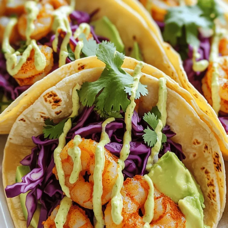 - 1 lb large shrimp, peeled and deveined - 8 small corn tortillas - 1 cup shredded red cabbage - 1 avocado, sliced - 1 tablespoon olive oil - 1 teaspoon smoked paprika - 1 teaspoon cumin - 1 teaspoon chili powder - 1/2 teaspoon cayenne pepper - Salt and pepper, to taste - 1/2 cup sour cream - 2 tablespoons mayonnaise - Zest and juice of 1 lime - 1 small garlic clove, minced - Salt, to taste When I create spicy shrimp tacos, I focus on fresh and vibrant ingredients. The shrimp is key. Choose large, fresh shrimp for the best taste. Peel and devein them to get rid of any grit. You want them to shine in your dish. Corn tortillas are perfect for these tacos. They add a soft texture and a bit of sweetness. Warm them up before serving. This way, they become more flexible and easy to fill. Shredded red cabbage adds crunch and color. It also gives a nice balance to the spicy shrimp. Slicing an avocado provides creaminess. It cools down the heat from the spices. For the spices, olive oil helps the shrimp cook evenly. Smoked paprika adds depth. Cumin and chili powder bring warmth. A little cayenne gives it a kick. Salt and pepper enhance all these flavors. The lime crema is a game-changer. Sour cream and mayonnaise create a rich base. The lime zest and juice brighten the dish. Minced garlic adds an extra layer of flavor. A pinch of salt rounds it all out. Check out the [Full Recipe] for details on how to combine these ingredients into a delicious meal. - Mix sour cream, mayonnaise, lime zest, and juice in a small bowl. - Add minced garlic and salt to the mixture. - Chill the crema in the refrigerator for at least 15 minutes. The lime crema gives the tacos a creamy, tangy kick. This sauce balances the heat from the shrimp. By chilling it, you enhance the flavors and make it refreshing. - In a large bowl, combine olive oil, smoked paprika, cumin, chili powder, cayenne pepper, salt, and pepper. - Toss the shrimp until they are evenly coated in the spice mix. Proper seasoning is key. The spices create a flavorful crust when cooked. Make sure to coat the shrimp well for the best taste. - Heat a non-stick skillet over medium-high heat. - Add the seasoned shrimp and cook for about 3-4 minutes until they turn pink. Cooking shrimp quickly keeps them tender. Stir occasionally to ensure even cooking. Watch them closely; overcooked shrimp can be tough. - Heat corn tortillas in a skillet or over flame. - Cook until they are pliable, about 30 seconds on each side. Warming the tortillas prevents them from cracking. This step adds a nice, toasty flavor and improves the taco experience. - Layer cooked shrimp, shredded red cabbage, and avocado on each tortilla. - Drizzle the chilled lime crema on top. Assembling tacos is fun! Feel free to pile on the toppings to suit your taste. The crunch from the cabbage complements the shrimp perfectly. - Top each taco with fresh cilantro. - Serve immediately for the best flavor. Fresh cilantro adds a burst of flavor. Serve these tacos right away to enjoy the warm shrimp and cool crema together. For the full recipe, refer to the earlier sections. - Avoid overcooking for tenderness. Cook shrimp until they turn pink. This usually takes about 3-4 minutes. If you cook them too long, they become tough. - Use fresh shrimp for better flavor. Fresh shrimp adds a sweet taste. Look for shrimp that smells clean and ocean-like. - Adjust lime for extra zing. If you love tang, add more lime juice. This makes the crema bright and fresh. - Let it chill for enhanced flavor. Cooling the lime crema for at least 30 minutes helps the flavors blend. It becomes creamy and delicious. - Use warmed tortillas for better flexibility. Heating tortillas makes them soft and easy to fold. Warm them for about 30 seconds on each side in a skillet. - Customize toppings to taste. You can add toppings like jalapeños, salsa, or cheese. Make it your own! By following these tips, your spicy shrimp tacos will be full of flavor and fun. Enjoy every bite! For the complete recipe, check out the [Full Recipe]. {{image_2}} You can switch up the shrimp in this recipe. Try chicken or fish instead. Both options work well with the spices. If you want a vegetarian dish, consider using tofu. Tofu absorbs flavors nicely and adds protein. Taco shells don’t have to be corn tortillas. For a low-carb option, use lettuce wraps. They add crunch and freshness. You can also try flour tortillas for a different texture. Flour tortillas are soft and chewy, making them a tasty base. Want more heat? Add sliced jalapeños to your tacos. They pack a spicy punch. You can also include mango salsa or pico de gallo. Both add sweetness and freshness to balance the spice. Explore these variations to make your spicy shrimp tacos even more exciting. For the full recipe, check out the complete guide! - Separate shrimp from tortillas to prevent sogginess. - Keep toppings like cabbage and avocado in airtight containers. When you have leftover tacos, storing them right helps keep them tasty. If you mix everything together, the tortillas can get wet. That’s not fun! Instead, store shrimp, tortillas, and toppings apart. This way, your next meal stays fresh and crunchy. - Freeze cooked shrimp for up to 3 months. - Wrap tortillas in foil before freezing. If you want to save some for later, freezing works great. Just place the cooked shrimp in a freezer-safe bag. Push out the air, seal it tight, and label it. You can keep it for up to three months! For the tortillas, wrap them in foil to protect them from freezer burn. This keeps them soft and ready to use when you need them. - Reheat shrimp in a skillet over medium heat. - Warm tortillas lightly before serving. When you’re ready to eat, make sure to reheat shrimp in a skillet. This keeps them juicy. Just warm them up on medium heat for a few minutes. For the tortillas, give them a quick warm-up in a skillet or over a gas flame. This makes them soft and easy to fold. Enjoy your tasty spicy shrimp tacos with lime crema again! For the full recipe, check out the complete guide above. Yes, you can prepare shrimp and lime crema a few hours in advance. This makes your taco night easier. Just store them in the fridge until you are ready to serve. Greek yogurt or cashew cream can be used instead. Both options add a nice creaminess. They also keep the flavor bright and fresh. Shrimp should be pink and opaque when done. If they look gray or translucent, they need more cooking time. A perfectly cooked shrimp will curl slightly but not be rubbery. Yes, parsley or green onions can be great alternatives. They provide a fresh taste and color. You can mix and match based on your preference. Wrap them in a clean kitchen towel or place them in a tortilla warmer. This keeps them soft and ready for your tasty filling. Consider serving with rice, beans, or a simple salad. These sides complement the flavors and add variety to your meal. In this post, we covered how to make spicy shrimp tacos with lime crema, focusing on fresh ingredients and easy steps. From preparing the creamy sauce to cooking the shrimp just right, every detail counts. You'll enjoy customizing these tacos with various toppings and proteins. Remember to store leftovers properly to keep them fresh. Perfect for a quick meal or a fun dinner, these tacos are sure to impress. Try them out and enjoy each bite!