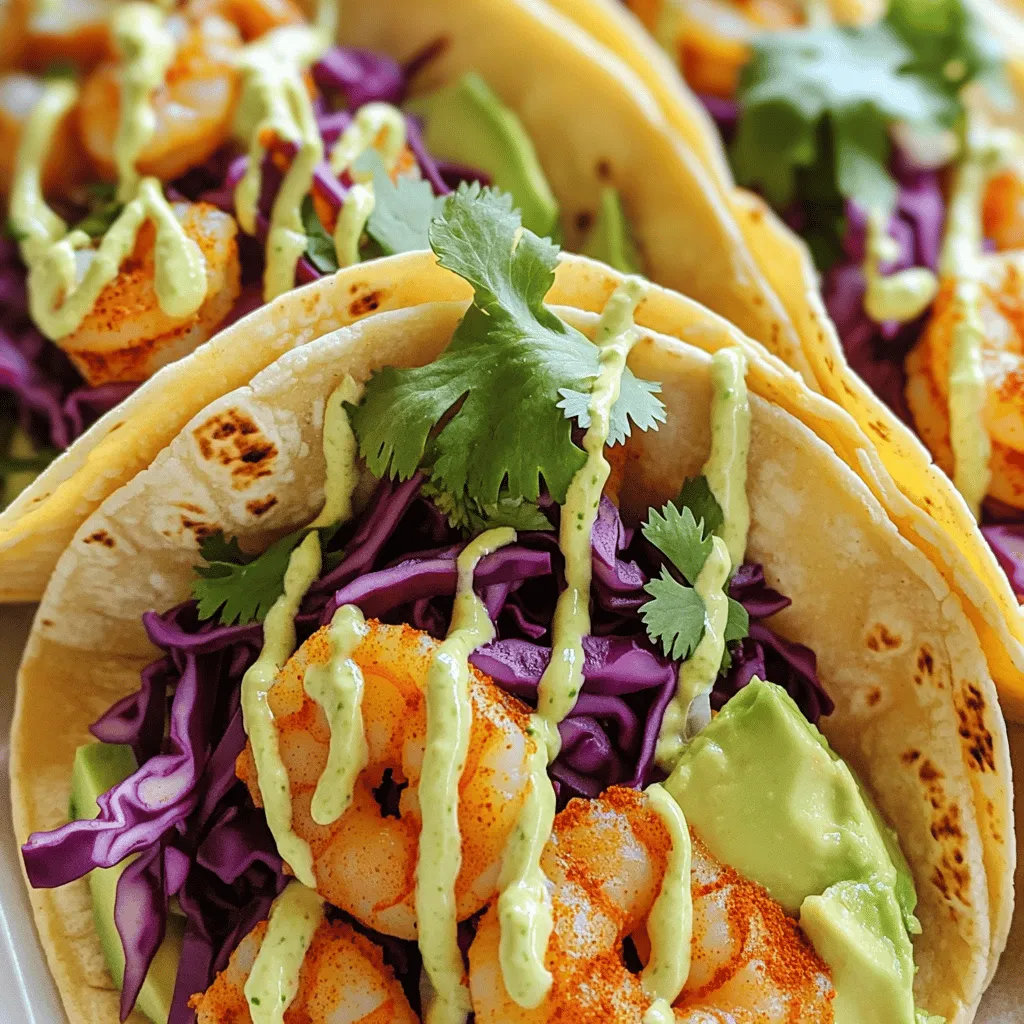 - 1 lb large shrimp, peeled and deveined - 8 small corn tortillas - 1 cup shredded red cabbage - 1 avocado, sliced - 1 tablespoon olive oil - 1 teaspoon smoked paprika - 1 teaspoon cumin - 1 teaspoon chili powder - 1/2 teaspoon cayenne pepper - Salt and pepper, to taste - 1/2 cup sour cream - 2 tablespoons mayonnaise - Zest and juice of 1 lime - 1 small garlic clove, minced - Salt, to taste When I create spicy shrimp tacos, I focus on fresh and vibrant ingredients. The shrimp is key. Choose large, fresh shrimp for the best taste. Peel and devein them to get rid of any grit. You want them to shine in your dish. Corn tortillas are perfect for these tacos. They add a soft texture and a bit of sweetness. Warm them up before serving. This way, they become more flexible and easy to fill. Shredded red cabbage adds crunch and color. It also gives a nice balance to the spicy shrimp. Slicing an avocado provides creaminess. It cools down the heat from the spices. For the spices, olive oil helps the shrimp cook evenly. Smoked paprika adds depth. Cumin and chili powder bring warmth. A little cayenne gives it a kick. Salt and pepper enhance all these flavors. The lime crema is a game-changer. Sour cream and mayonnaise create a rich base. The lime zest and juice brighten the dish. Minced garlic adds an extra layer of flavor. A pinch of salt rounds it all out. Check out the [Full Recipe] for details on how to combine these ingredients into a delicious meal. - Mix sour cream, mayonnaise, lime zest, and juice in a small bowl. - Add minced garlic and salt to the mixture. - Chill the crema in the refrigerator for at least 15 minutes. The lime crema gives the tacos a creamy, tangy kick. This sauce balances the heat from the shrimp. By chilling it, you enhance the flavors and make it refreshing. - In a large bowl, combine olive oil, smoked paprika, cumin, chili powder, cayenne pepper, salt, and pepper. - Toss the shrimp until they are evenly coated in the spice mix. Proper seasoning is key. The spices create a flavorful crust when cooked. Make sure to coat the shrimp well for the best taste. - Heat a non-stick skillet over medium-high heat. - Add the seasoned shrimp and cook for about 3-4 minutes until they turn pink. Cooking shrimp quickly keeps them tender. Stir occasionally to ensure even cooking. Watch them closely; overcooked shrimp can be tough. - Heat corn tortillas in a skillet or over flame. - Cook until they are pliable, about 30 seconds on each side. Warming the tortillas prevents them from cracking. This step adds a nice, toasty flavor and improves the taco experience. - Layer cooked shrimp, shredded red cabbage, and avocado on each tortilla. - Drizzle the chilled lime crema on top. Assembling tacos is fun! Feel free to pile on the toppings to suit your taste. The crunch from the cabbage complements the shrimp perfectly. - Top each taco with fresh cilantro. - Serve immediately for the best flavor. Fresh cilantro adds a burst of flavor. Serve these tacos right away to enjoy the warm shrimp and cool crema together. For the full recipe, refer to the earlier sections. - Avoid overcooking for tenderness. Cook shrimp until they turn pink. This usually takes about 3-4 minutes. If you cook them too long, they become tough. - Use fresh shrimp for better flavor. Fresh shrimp adds a sweet taste. Look for shrimp that smells clean and ocean-like. - Adjust lime for extra zing. If you love tang, add more lime juice. This makes the crema bright and fresh. - Let it chill for enhanced flavor. Cooling the lime crema for at least 30 minutes helps the flavors blend. It becomes creamy and delicious. - Use warmed tortillas for better flexibility. Heating tortillas makes them soft and easy to fold. Warm them for about 30 seconds on each side in a skillet. - Customize toppings to taste. You can add toppings like jalapeños, salsa, or cheese. Make it your own! By following these tips, your spicy shrimp tacos will be full of flavor and fun. Enjoy every bite! For the complete recipe, check out the [Full Recipe]. {{image_2}} You can switch up the shrimp in this recipe. Try chicken or fish instead. Both options work well with the spices. If you want a vegetarian dish, consider using tofu. Tofu absorbs flavors nicely and adds protein. Taco shells don’t have to be corn tortillas. For a low-carb option, use lettuce wraps. They add crunch and freshness. You can also try flour tortillas for a different texture. Flour tortillas are soft and chewy, making them a tasty base. Want more heat? Add sliced jalapeños to your tacos. They pack a spicy punch. You can also include mango salsa or pico de gallo. Both add sweetness and freshness to balance the spice. Explore these variations to make your spicy shrimp tacos even more exciting. For the full recipe, check out the complete guide! - Separate shrimp from tortillas to prevent sogginess. - Keep toppings like cabbage and avocado in airtight containers. When you have leftover tacos, storing them right helps keep them tasty. If you mix everything together, the tortillas can get wet. That’s not fun! Instead, store shrimp, tortillas, and toppings apart. This way, your next meal stays fresh and crunchy. - Freeze cooked shrimp for up to 3 months. - Wrap tortillas in foil before freezing. If you want to save some for later, freezing works great. Just place the cooked shrimp in a freezer-safe bag. Push out the air, seal it tight, and label it. You can keep it for up to three months! For the tortillas, wrap them in foil to protect them from freezer burn. This keeps them soft and ready to use when you need them. - Reheat shrimp in a skillet over medium heat. - Warm tortillas lightly before serving. When you’re ready to eat, make sure to reheat shrimp in a skillet. This keeps them juicy. Just warm them up on medium heat for a few minutes. For the tortillas, give them a quick warm-up in a skillet or over a gas flame. This makes them soft and easy to fold. Enjoy your tasty spicy shrimp tacos with lime crema again! For the full recipe, check out the complete guide above. Yes, you can prepare shrimp and lime crema a few hours in advance. This makes your taco night easier. Just store them in the fridge until you are ready to serve. Greek yogurt or cashew cream can be used instead. Both options add a nice creaminess. They also keep the flavor bright and fresh. Shrimp should be pink and opaque when done. If they look gray or translucent, they need more cooking time. A perfectly cooked shrimp will curl slightly but not be rubbery. Yes, parsley or green onions can be great alternatives. They provide a fresh taste and color. You can mix and match based on your preference. Wrap them in a clean kitchen towel or place them in a tortilla warmer. This keeps them soft and ready for your tasty filling. Consider serving with rice, beans, or a simple salad. These sides complement the flavors and add variety to your meal. In this post, we covered how to make spicy shrimp tacos with lime crema, focusing on fresh ingredients and easy steps. From preparing the creamy sauce to cooking the shrimp just right, every detail counts. You'll enjoy customizing these tacos with various toppings and proteins. Remember to store leftovers properly to keep them fresh. Perfect for a quick meal or a fun dinner, these tacos are sure to impress. Try them out and enjoy each bite!