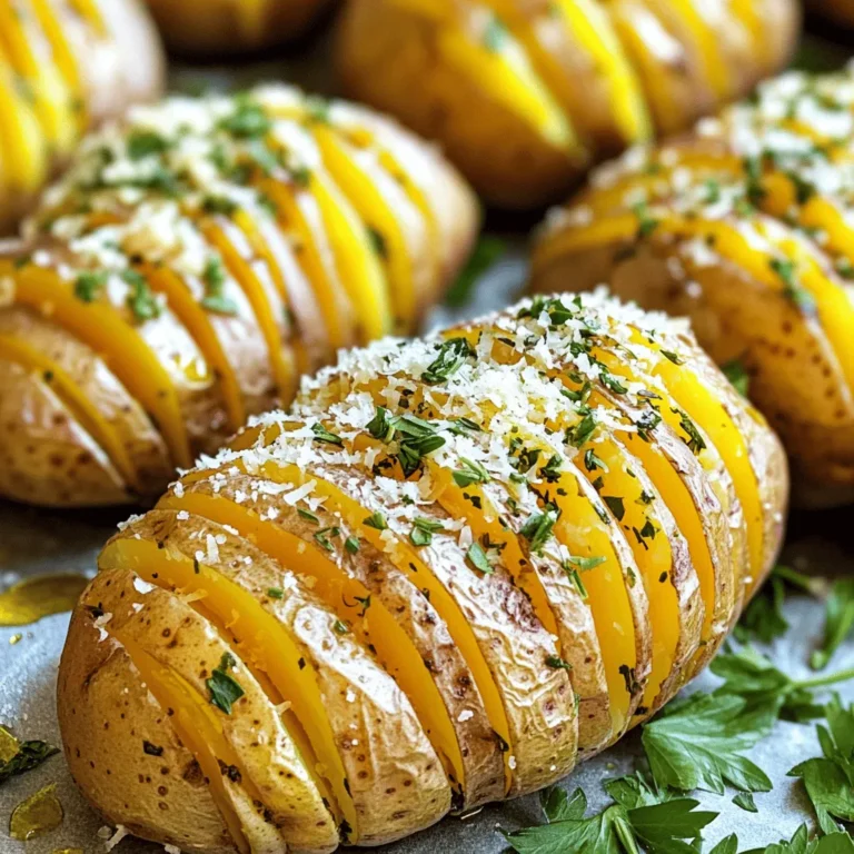 To make Parmesan Herb Hasselback Potatoes, you need simple, fresh ingredients. Here’s what you will need: - 4 medium-sized russet potatoes - 1/4 cup olive oil - 1/2 cup grated Parmesan cheese - 2 teaspoons dried oregano - 2 teaspoons dried thyme - 2 teaspoons garlic powder - Salt and pepper to taste - Fresh parsley, chopped (for garnish) These ingredients work together to create a crispy, tasty dish. The russet potatoes provide a fluffy inside, while the olive oil and herbs add flavor. Having the right tools makes cooking easier. Here are the tools I recommend for this recipe: - A sharp knife - Wooden chopsticks or two spoons (to prevent cutting through the potato) - A mixing bowl - A pastry brush (for applying the oil mix) - A baking sheet Using these tools helps you create perfect Hasselback cuts and evenly coat the potatoes with flavor. Garnishes can elevate your dish. Here are some ideas: - Fresh chopped parsley - Grated Parmesan cheese - A squeeze of lemon juice These garnishes add color and extra taste to your potatoes. They can make your dish look fancy and appealing. For the full recipe, check out the detailed instructions to bring this dish to life! Start with four medium-sized russet potatoes. Wash them well to remove dirt. Scrub the skin with a brush. Pat them dry with a towel. This step helps the flavors stick better. Now, grab your cutting board. Place a potato on it. Use two wooden chopsticks on each side. These will stop you from cutting too deep. Cut thin slices about 1/8 inch apart. Do not cut all the way through. Repeat this for all potatoes. This technique creates those lovely fan shapes. In a small bowl, mix 1/4 cup of olive oil, 2 teaspoons of dried oregano, 2 teaspoons of dried thyme, and 2 teaspoons of garlic powder. Add salt and pepper to taste. Stir until everything blends well. Brush this mixture over each potato. Make sure it seeps into the slices. Then, sprinkle 1/2 cup of grated Parmesan cheese over them. This adds a nice cheesy crust. Follow the [Full Recipe] for exact baking times and temperatures. To get that crispy outside and soft inside, bake at 425°F (220°C). This high heat makes the skin crispy while the inside cooks just right. The key is to slice the potatoes thinly but not all the way through. This allows heat to reach every layer. Brush the oil mix generously to keep them moist and flavorful. If you have extra potatoes, let them cool completely first. Place them in an airtight container. They will stay fresh in the fridge for about three days. To reheat, use an oven or air fryer. This will help keep the crispiness. Avoid using a microwave, as it makes them soggy. One big mistake is cutting too deep into the potatoes. This can cause them to fall apart during baking. Make sure to use chopsticks as guides. Another mistake is not enough seasoning. Ensure you coat each potato well with the oil mix and cheese. This adds flavor and richness. Follow these tips for a tasty dish every time! For the full recipe, check the details above. {{image_2}} You can switch up the cheese in this dish. If you want a different flavor, try using Gruyère or cheddar. Both melt well and add a rich taste. You can also mix cheeses for more depth. Adding a sprinkle of feta or goat cheese on top before serving brings a nice tang. For a creamier texture, use cream cheese between the potato slices. Feel free to play with herbs in this recipe. Instead of oregano, try rosemary or basil for a fresh twist. If you love a bit of heat, add red pepper flakes. You can also use fresh herbs if you have them. Just chop them finely and mix them into the oil for a burst of flavor. This way, your potatoes can have a unique taste every time. To make this dish vegan, swap the Parmesan for nutritional yeast. This gives a cheesy flavor without dairy. You can also use a vegan cheese alternative that melts well. For the oil mixture, add a dash of lemon juice for brightness. These changes keep the dish tasty and plant-based. Enjoy your vegan Parmesan herb Hasselback potatoes with these easy swaps. You can find the full recipe in the earlier sections. To store your leftover Parmesan Herb Hasselback Potatoes, let them cool first. Place them in an airtight container. They will stay fresh in the fridge for up to three days. If you want to keep them longer, freezing is a great option. To freeze Hasselback potatoes, first slice them and bake as usual. Let them cool completely. Wrap each potato in plastic wrap, then place them in a freezer bag. They can last up to three months in the freezer. When you're ready to eat, just thaw them in the fridge overnight. Reheat your Hasselback potatoes in the oven for the best texture. Set your oven to 350°F (175°C). Place the potatoes on a baking sheet and cover them with foil. Heat for about 15-20 minutes or until warm. If you want an extra crispy top, remove the foil for the last few minutes. Enjoy them like they were freshly baked! Hasselback potatoes are a fun way to cook potatoes. You slice them thinly but not all the way through. This method makes them crispy on the outside and soft on the inside. You can season them in many ways. I love using olive oil, herbs, and cheese for a tasty twist. The slices allow flavors to seep in, making every bite delicious. You can prep Hasselback potatoes up to a day in advance. Just slice the potatoes and store them in water. This keeps them from turning brown. When you're ready to cook, drain the water and pat them dry. Then, follow the recipe as normal. You can also season them ahead of time. Just cover them and pop them in the fridge until you’re ready to bake. Yes, you can use other potatoes! While russet potatoes work best, you can try Yukon Gold or red potatoes. Each type brings a unique flavor and texture. Just remember to adjust the cooking time if the potatoes are smaller or larger. The key is to slice them well for even cooking and flavor. Parmesan Herb Hasselback Potatoes are easy to make and delicious. We covered the main ingredients, tools, and optional garnishes. You learned how to prep, cut, and flavor the potatoes for the best taste. I also shared tips for texture, storage, and avoiding mistakes. Explore cheese alternatives and vegan options for variety. Hasselback potatoes can be stored and reheated easily, so you can enjoy them later. Now it's time to try this fun recipe yourself and impress your family!