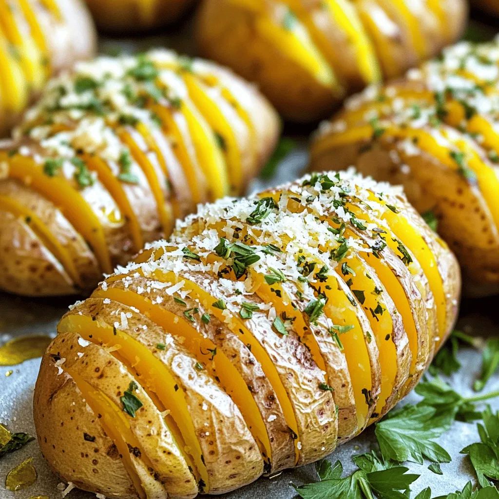 To make Parmesan Herb Hasselback Potatoes, you need simple, fresh ingredients. Here’s what you will need: - 4 medium-sized russet potatoes - 1/4 cup olive oil - 1/2 cup grated Parmesan cheese - 2 teaspoons dried oregano - 2 teaspoons dried thyme - 2 teaspoons garlic powder - Salt and pepper to taste - Fresh parsley, chopped (for garnish) These ingredients work together to create a crispy, tasty dish. The russet potatoes provide a fluffy inside, while the olive oil and herbs add flavor. Having the right tools makes cooking easier. Here are the tools I recommend for this recipe: - A sharp knife - Wooden chopsticks or two spoons (to prevent cutting through the potato) - A mixing bowl - A pastry brush (for applying the oil mix) - A baking sheet Using these tools helps you create perfect Hasselback cuts and evenly coat the potatoes with flavor. Garnishes can elevate your dish. Here are some ideas: - Fresh chopped parsley - Grated Parmesan cheese - A squeeze of lemon juice These garnishes add color and extra taste to your potatoes. They can make your dish look fancy and appealing. For the full recipe, check out the detailed instructions to bring this dish to life! Start with four medium-sized russet potatoes. Wash them well to remove dirt. Scrub the skin with a brush. Pat them dry with a towel. This step helps the flavors stick better. Now, grab your cutting board. Place a potato on it. Use two wooden chopsticks on each side. These will stop you from cutting too deep. Cut thin slices about 1/8 inch apart. Do not cut all the way through. Repeat this for all potatoes. This technique creates those lovely fan shapes. In a small bowl, mix 1/4 cup of olive oil, 2 teaspoons of dried oregano, 2 teaspoons of dried thyme, and 2 teaspoons of garlic powder. Add salt and pepper to taste. Stir until everything blends well. Brush this mixture over each potato. Make sure it seeps into the slices. Then, sprinkle 1/2 cup of grated Parmesan cheese over them. This adds a nice cheesy crust. Follow the [Full Recipe] for exact baking times and temperatures. To get that crispy outside and soft inside, bake at 425°F (220°C). This high heat makes the skin crispy while the inside cooks just right. The key is to slice the potatoes thinly but not all the way through. This allows heat to reach every layer. Brush the oil mix generously to keep them moist and flavorful. If you have extra potatoes, let them cool completely first. Place them in an airtight container. They will stay fresh in the fridge for about three days. To reheat, use an oven or air fryer. This will help keep the crispiness. Avoid using a microwave, as it makes them soggy. One big mistake is cutting too deep into the potatoes. This can cause them to fall apart during baking. Make sure to use chopsticks as guides. Another mistake is not enough seasoning. Ensure you coat each potato well with the oil mix and cheese. This adds flavor and richness. Follow these tips for a tasty dish every time! For the full recipe, check the details above. {{image_2}} You can switch up the cheese in this dish. If you want a different flavor, try using Gruyère or cheddar. Both melt well and add a rich taste. You can also mix cheeses for more depth. Adding a sprinkle of feta or goat cheese on top before serving brings a nice tang. For a creamier texture, use cream cheese between the potato slices. Feel free to play with herbs in this recipe. Instead of oregano, try rosemary or basil for a fresh twist. If you love a bit of heat, add red pepper flakes. You can also use fresh herbs if you have them. Just chop them finely and mix them into the oil for a burst of flavor. This way, your potatoes can have a unique taste every time. To make this dish vegan, swap the Parmesan for nutritional yeast. This gives a cheesy flavor without dairy. You can also use a vegan cheese alternative that melts well. For the oil mixture, add a dash of lemon juice for brightness. These changes keep the dish tasty and plant-based. Enjoy your vegan Parmesan herb Hasselback potatoes with these easy swaps. You can find the full recipe in the earlier sections. To store your leftover Parmesan Herb Hasselback Potatoes, let them cool first. Place them in an airtight container. They will stay fresh in the fridge for up to three days. If you want to keep them longer, freezing is a great option. To freeze Hasselback potatoes, first slice them and bake as usual. Let them cool completely. Wrap each potato in plastic wrap, then place them in a freezer bag. They can last up to three months in the freezer. When you're ready to eat, just thaw them in the fridge overnight. Reheat your Hasselback potatoes in the oven for the best texture. Set your oven to 350°F (175°C). Place the potatoes on a baking sheet and cover them with foil. Heat for about 15-20 minutes or until warm. If you want an extra crispy top, remove the foil for the last few minutes. Enjoy them like they were freshly baked! Hasselback potatoes are a fun way to cook potatoes. You slice them thinly but not all the way through. This method makes them crispy on the outside and soft on the inside. You can season them in many ways. I love using olive oil, herbs, and cheese for a tasty twist. The slices allow flavors to seep in, making every bite delicious. You can prep Hasselback potatoes up to a day in advance. Just slice the potatoes and store them in water. This keeps them from turning brown. When you're ready to cook, drain the water and pat them dry. Then, follow the recipe as normal. You can also season them ahead of time. Just cover them and pop them in the fridge until you’re ready to bake. Yes, you can use other potatoes! While russet potatoes work best, you can try Yukon Gold or red potatoes. Each type brings a unique flavor and texture. Just remember to adjust the cooking time if the potatoes are smaller or larger. The key is to slice them well for even cooking and flavor. Parmesan Herb Hasselback Potatoes are easy to make and delicious. We covered the main ingredients, tools, and optional garnishes. You learned how to prep, cut, and flavor the potatoes for the best taste. I also shared tips for texture, storage, and avoiding mistakes. Explore cheese alternatives and vegan options for variety. Hasselback potatoes can be stored and reheated easily, so you can enjoy them later. Now it's time to try this fun recipe yourself and impress your family!