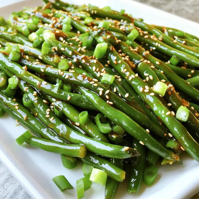 To make Sesame Soy Glazed Green Beans, gather these simple ingredients. Each one plays a key role in creating a delicious dish. Here’s what you need: - 1 lb fresh green beans, trimmed - 3 tablespoons soy sauce - 1 tablespoon sesame oil - 1 tablespoon honey or maple syrup - 2 cloves garlic, minced - 1 teaspoon fresh ginger, grated - 1 tablespoon sesame seeds (toasted for flavor) - 1 tablespoon vegetable oil (for sautéing) - Salt and pepper to taste - 2 green onions, thinly sliced (for garnish) These ingredients come together to create a sweet and savory flavor that you will love. The star of this dish is the fresh green beans. Their bright color and crunch add life to your plate. The soy sauce gives a salty depth, while sesame oil adds a nutty flavor. Honey or maple syrup balances the saltiness with sweetness. Garlic and ginger bring warmth and spice, making each bite exciting. Toasted sesame seeds add crunch and a touch of elegance. Green onions add freshness on top, making the dish visually appealing. You can customize this recipe based on what you have at home. If you don’t have honey, maple syrup works great. For a gluten-free option, use tamari instead of soy sauce. Want to add some heat? A pinch of red pepper flakes can spice things up. If you like more flavor, try adding a splash of rice vinegar for a tangy kick. These options let you tailor the dish to your taste and pantry. For the complete preparation steps, check out the Full Recipe. To start, gather your ingredients. You will need: - 1 lb fresh green beans, trimmed - 3 tablespoons soy sauce - 1 tablespoon sesame oil - 1 tablespoon honey or maple syrup - 2 cloves garlic, minced - 1 teaspoon fresh ginger, grated - 1 tablespoon sesame seeds (toasted for flavor) - 1 tablespoon vegetable oil (for sautéing) - Salt and pepper to taste - 2 green onions, thinly sliced (for garnish) First, rinse the green beans under cold water. Trim the ends to remove any tough parts. Next, mix the soy sauce, sesame oil, honey, garlic, and ginger in a small bowl. This sauce adds great flavor to the beans. Set it aside for now. Heat the vegetable oil in a large skillet or wok over medium-high heat. Once hot, add the green beans to the skillet. Stir-fry them for about 5 to 7 minutes. Look for them to be bright green and tender but still crisp. This keeps their crunch. After that, pour the sauce mixture over the green beans. Stir to coat them evenly. Lower the heat to medium and cook for another 2 to 3 minutes. You want the sauce to thicken slightly and cling to the beans. Once the green beans are cooked, take them off the heat. Sprinkle the toasted sesame seeds over the beans and toss gently. Season with salt and pepper to taste. Transfer the glazed green beans to a serving dish. For a pretty presentation, garnish with the thinly sliced green onions. Enjoy your delicious Sesame Soy Glazed Green Beans! Don't forget to check the Full Recipe for more details. To boost the flavor of sesame soy glazed green beans, try adding some spice. A pinch of red pepper flakes gives heat. You can also add a splash of rice vinegar for tang. If you want more depth, consider using a flavored soy sauce, like mushroom soy. This can add umami and richness. Use a hot skillet for the best results. A well-heated pan helps the green beans stay crisp. Stir-frying is quick, so keep your veggies moving. This ensures even cooking and a bright color. If you prefer a smoky taste, try grilling the green beans for a few minutes. Just toss them on the grill after tossing in the sauce. Serve your sesame soy glazed green beans in a colorful dish. This makes the green color pop. For a complete meal, pair them with rice or noodles. You can also top the green beans with chopped nuts for crunch. If you want a fresh twist, add some lemon zest before serving. For more details, check the full recipe. {{image_2}} You can easily add protein to your sesame soy glazed green beans. Chicken, shrimp, or tofu works great. For chicken, cut it into small pieces. Cook the chicken first until golden. Then, add the green beans and sauce. If using shrimp, cook them until pink and firm. Tofu is a fun choice, too! Press it to remove water, then cube it. Sauté the tofu until crispy before adding the green beans. Each option adds a tasty twist and makes your dish heartier. You can play with flavors in this dish. Instead of soy sauce, try tamari for a gluten-free option. Add a splash of rice vinegar for a tangy kick. For a spicy touch, mix in red pepper flakes or sriracha. You can also swap honey for agave syrup for a vegan version. Each change brings new life to the green beans. Don’t be afraid to experiment and find what you love best! Seasonal swaps can make this dish even more exciting. In spring, add fresh asparagus or snap peas for crunch. In summer, mix in cherry tomatoes for sweetness. Fall is perfect for adding roasted nuts like almonds or walnuts for a rich texture. Winter calls for adding Brussels sprouts, giving a hearty feel. Using seasonal ingredients not only boosts flavor but also supports local farms. Each season offers unique tastes and colors to enjoy! Store leftover sesame soy glazed green beans in an airtight container. They last for up to three days in the fridge. Make sure the green beans cool down to room temperature before sealing. This helps keep their flavor fresh. You can freeze the green beans if you want to keep them longer. Place the cooled beans in a freezer-safe bag. Remove as much air as you can. They can stay in the freezer for up to two months. When you’re ready to eat, thaw them in the fridge overnight. Reheat the green beans by using a skillet or microwave. For the skillet, add a bit of oil and heat over medium. Stir the beans for a few minutes until warm. In the microwave, place them in a bowl and cover with a damp paper towel. Heat in 30-second bursts until warm. If you want, add a splash of soy sauce for extra flavor. For the complete recipe, check out the Full Recipe section. Green beans are low in calories and high in fiber. They help with digestion and keep you full. They also have vitamins A, C, and K, which boost your immune system. Plus, green beans contain minerals like iron and calcium. Eating them supports bone health and overall wellness. Yes, you can! Try using snap peas, broccoli, or bell peppers. These veggies can add a nice crunch and flavor. Make sure to adjust the cooking time based on the veggies you choose. For example, bell peppers may need less time than green beans. Mix and match to find your favorite blend! To make this dish vegan, swap honey for maple syrup. This small change keeps the sweetness and makes it plant-based. You can also explore using agave syrup as an option. The recipe stays tasty and delicious while fitting a vegan diet. Check out the Full Recipe for more tips! This blog post covered the basics of preparing Sesame Soy Glazed Green Beans. We discussed the key ingredients, step-by-step cooking instructions, and helpful tips to enhance flavors. I shared variations to cater to dietary needs and how to store leftovers properly. Remember, you can easily swap ingredients and customize the dish. Enjoy experimenting with this recipe to fit your taste. The versatility of green beans makes them a great choice. Happy cooking!