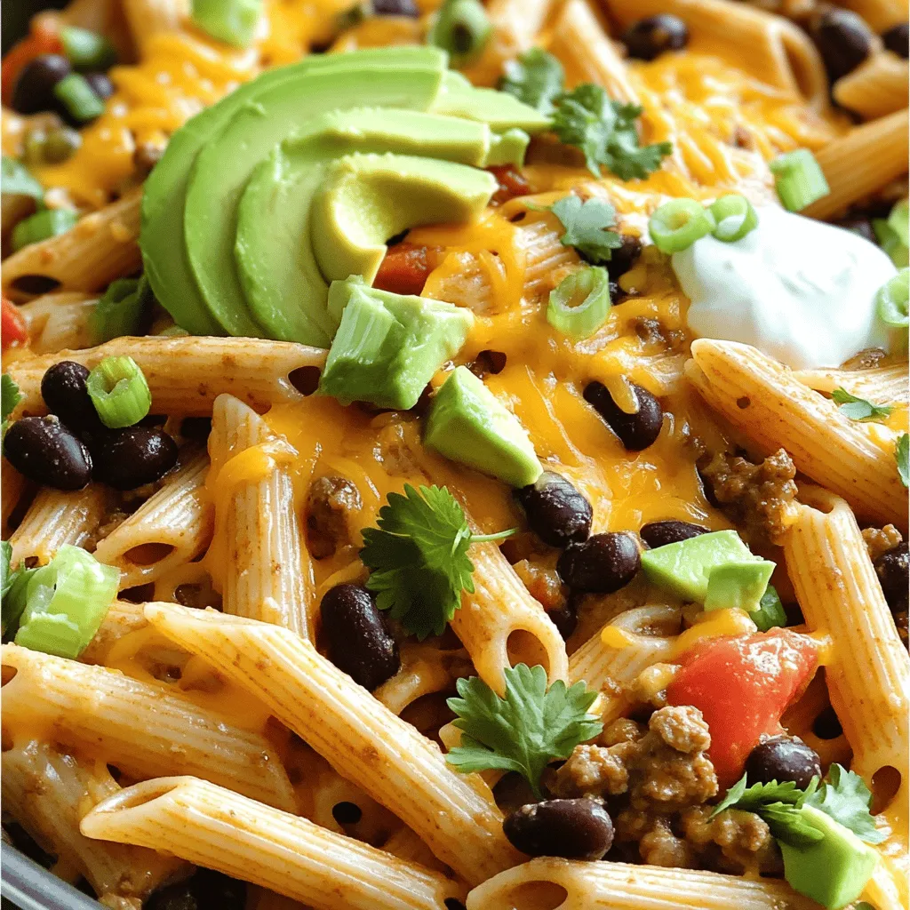 - 8 oz pasta (penne or rotini) - 1 lb ground beef or turkey - 1 packet taco seasoning - 1 can (15 oz) black beans, rinsed and drained - 1 can (15 oz) diced tomatoes with green chilies - 1 cup corn (fresh or frozen) - 1 cup shredded cheddar cheese - Salt and pepper to taste - Avocado and sour cream for topping (optional) When I make Taco Pasta Skillet, I focus on simple yet tasty ingredients. The main ingredients are crucial for flavor. You need 8 oz of pasta, like penne or rotini. I prefer these shapes as they hold sauce well. Choose 1 lb of ground beef or turkey. Both options work great, but turkey is leaner. For spices, grab a packet of taco seasoning. This mix brings that classic taco flavor to the dish. Beyond the basics, I add extra ingredients for texture and taste. One can of black beans (15 oz) adds protein and fiber. Rinse and drain them first. I also use a can of diced tomatoes with green chilies (15 oz). This adds a nice kick and juiciness. Lastly, use 1 cup of corn, either fresh or frozen. Corn adds sweetness and color. Toppings make the dish even better. I like to sprinkle 1 cup of shredded cheddar cheese on top. It melts nicely and adds creaminess. Season with salt and pepper to taste. For a fun twist, you can add avocado slices and a dollop of sour cream on top. These add rich flavors and coolness to balance the spices. For the full recipe, check out the details on how to combine these ingredients for a quick and savory meal. - First, heat 1 tablespoon of olive oil in a large skillet over medium heat. - Once hot, add 1 pound of ground beef or turkey. Cook it for about 5-7 minutes. - Break the meat apart as it cooks. It should brown nicely. - Now, sprinkle in 1 packet of taco seasoning. Stir and cook until you smell the spices, about 1-2 minutes. - Next, add 8 oz of pasta, 2 cups of chicken or vegetable broth, 1 can of diced tomatoes, 1 can of black beans, and 1 cup of corn. - Stir everything well to combine. Make sure the pasta is covered in liquid. - Bring the mixture to a boil. Once boiling, reduce the heat to low. - Cover the skillet and let it simmer for 12-15 minutes. The pasta should be cooked al dente. - After that, remove the skillet from heat. Sprinkle 1 cup of shredded cheddar cheese on top. - Cover again for a few minutes to let the cheese melt. - Fluff the pasta with a fork, then season with salt and pepper to taste. This method will give you a delicious and hearty Taco Pasta Skillet. For the full recipe, check out the previous section. How to perfectly brown ground meat Begin by using a large skillet. Heat olive oil over medium heat. Add your ground beef or turkey. Break it apart as it cooks. Stir it every few minutes. This helps the meat cook evenly. Cook until it is brown, which should take about 5-7 minutes. Achieving the right pasta consistency Use penne or rotini pasta for best results. Once you add the pasta to the skillet, let it simmer in the broth. This helps the pasta absorb flavor. Check the pasta after 12 minutes. It should be al dente, firm but not hard. Recommended skillet types for even cooking A non-stick or cast-iron skillet works best. These types of pans allow for easy cleanup. They also help prevent sticking. Make sure your skillet is large enough to hold all your ingredients. How to avoid mushy pasta Do not overcook the pasta. Keep an eye on the cooking time. Add enough liquid, but don’t drown the pasta. Stir the mixture occasionally to prevent sticking. If you see extra liquid, remove the lid to let it evaporate. Garnishing suggestions for serving Top your Taco Pasta Skillet with fresh ingredients. Chopped green onions and cilantro are great choices. If you like creaminess, add avocado slices. A dollop of sour cream adds richness. Creating a colorful plate with toppings Use a mix of toppings for a vibrant look. Bright green cilantro and green onions pop against the cheese. Add a sprinkle of red chili flakes for color and heat. A colorful plate makes your meal more fun and inviting. {{image_2}} You can change the meat in Taco Pasta Skillet. Ground chicken or turkey work well. For a meatless option, try plant-based protein. This keeps the dish light while still tasty. You can also switch the beans. Black beans are great, but kidney beans or pinto beans add a nice twist. Different pasta shapes can change the plate too. While penne or rotini are great choices, shell pasta or even spaghetti can work. The shape can change how the sauce clings to the pasta, adding to the flavor. To make your dish pop, add extra spices. Cumin brings warmth, while smoked paprika gives a nice smoky taste. You can also toss in some garlic powder or onion powder for more depth. Adding vegetables makes this dish even better. Bell peppers add sweetness and crunch. Zucchini is another good choice, adding moisture and texture. You can mix in any veggies you love, making it colorful and healthy. Pair your Taco Pasta Skillet with a fresh salad. A simple green salad with a light dressing works well. You can also serve it with tortilla chips for some crunch. If you want to turn it into a casserole, pour it into a baking dish. Sprinkle extra cheese on top and bake until bubbly. This adds a fun twist and is perfect for sharing at gatherings. For the full recipe, check out the detailed instructions above! To keep your Taco Pasta Skillet fresh, place leftovers in an airtight container. This helps retain moisture and flavor. Store it in the fridge for up to three days. Always check for any changes in smell or texture before eating. You can freeze Taco Pasta Skillet for later use. First, let it cool completely. Then, transfer it to freezer-safe containers. Seal tightly to prevent freezer burn. It will last up to three months in the freezer. To eat, thaw it in the fridge overnight. Reheat it on the stove over low heat until warmed through. Stir occasionally to ensure even heating. If you want to make cooking easier, prep ingredients ahead of time. Chop onions and cilantro, and measure out spices. Store them in separate containers in the fridge. This way, you can whip up Taco Pasta Skillet in no time. For meal prep, consider storing the cooked pasta and sauce in separate containers. This keeps the pasta from getting mushy. Yes, you can easily make Taco Pasta Skillet vegetarian. Just swap the meat with a plant-based option. Here are some great substitutes: - Use 1 lb of lentils or quinoa. - Replace with 1 can of chickpeas, rinsed and drained. - Try 1 lb of mushrooms, chopped for texture. These options keep the dish hearty and delicious. To reheat your Taco Pasta Skillet, use one of these methods: - Stovetop: Add a splash of broth to a skillet. Heat over medium until warm. - Microwave: Place in a microwave-safe bowl. Cover. Heat in 1-minute intervals, stirring between. Both methods help maintain the dish's texture, making it as tasty as fresh! Yes, you can prepare Taco Pasta Skillet ahead of time! Here are some tips: - Cook the pasta and mix in all other ingredients as directed. - Let it cool, then store in an airtight container in the fridge for up to 3 days. - When ready to eat, simply reheat, ensuring it’s heated through for best flavor. Absolutely! To make it kid-friendly, adjust the spice levels. Here’s how: - Use mild taco seasoning for less heat. - Skip the diced tomatoes with green chilies or use regular diced tomatoes. - Add cheese on top to make it creamy and appealing. These tweaks make it perfect for young eaters! For the full recipe, check out the [Full Recipe]. This blog post covered all you need for a tasty Taco Pasta Skillet. We looked at ingredients, step-by-step cooking, tips for success, fun variations, and how to store leftovers. You can easily adjust this dish to fit your family's tastes. Remember, cooking should be fun and creative. With these ideas, you can make a meal everyone will enjoy. Happy cooking!