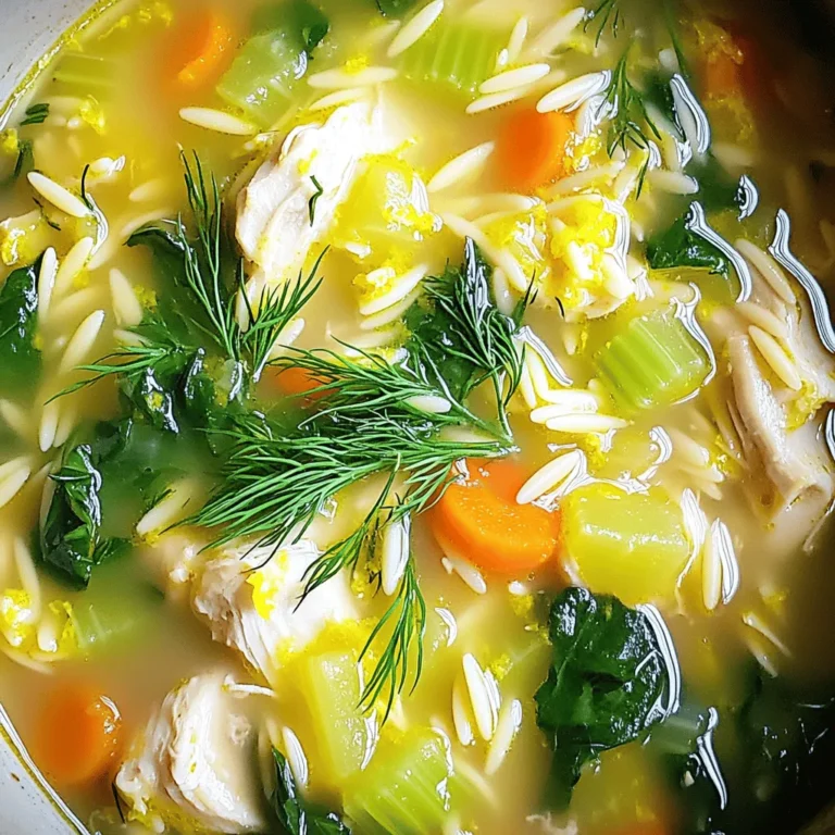 - 1 tablespoon olive oil - 1 medium onion, diced - 3 garlic cloves, minced - 3 medium carrots, sliced - 2 celery stalks, chopped - 1 pound boneless, skinless chicken breast (cut into bite-sized pieces) - 4 cups chicken broth - 1 cup water - 1 cup orzo pasta (or rice) - 1/2 teaspoon dried thyme - 1/2 teaspoon ground black pepper - Zest and juice of 2 large lemons - 1 cup fresh spinach, chopped - Salt to taste - Fresh dill for garnish For this Greek lemon chicken soup, I use fresh, quality ingredients. First, I start with olive oil and fresh vegetables. The onion adds sweetness. Garlic gives it a nice depth. Carrots and celery add crunch and flavor. Next, I choose chicken breast. It cooks quickly and stays tender. I also use chicken broth. It gives the soup a rich base. Water helps balance the flavors. For pasta, I like orzo. It’s small and cooks fast. You can swap it for rice if you prefer. Seasonings are key. I use dried thyme and black pepper for a warm taste. Then, I add the zest and juice of lemons. They bring bright flavor. Fresh spinach adds color and nutrients. Garnish with dill for a lovely finish. You can find the full recipe above to see how to put all these ingredients together! Cooking the base ingredients Start by heating the olive oil in a large pot over medium heat. Once hot, add the diced onion. Cook the onion for about five minutes until it turns soft and clear. Next, add minced garlic and cook for one more minute. The kitchen will smell great! After that, toss in the sliced carrots and chopped celery. Sauté these for three to four minutes until they start to soften. Adding chicken and liquids Now it’s time for the chicken. Add the bite-sized pieces of chicken breast to the pot. Cook them for about five minutes until they turn light brown, stirring often. After the chicken is cooked, pour in the chicken broth and water. Bring this mixture to a gentle simmer. Incorporating pasta and greens Once simmering, stir in the orzo pasta or rice, dried thyme, and black pepper. Add salt to taste as well. Cook this for about eight to ten minutes until the pasta is tender. After the pasta has cooked, add the lemon zest, lemon juice, and chopped spinach. Stir everything together and let it cook for another two minutes until the spinach wilts. Now, your soup is ready to serve! For the full recipe, you can refer back to the ingredients section. Adjusting lemon flavor To tweak the lemon flavor, use fresh juice and zest. Start with less lemon juice if you want a mild taste. Add more juice in small amounts until you find your favorite balance. Recommended seasoning variations You can try adding herbs like oregano or parsley. These herbs bring a new twist to the soup. A pinch of cayenne pepper adds a warm kick if you like spice. Cooking methods suggestions You can cook this soup on the stove or in a slow cooker. For a quick meal, use the stove method. It takes about 35 minutes in total. The slow cooker is great for busy days. Just set it and let it work while you're out. Try the [Full Recipe] for all the steps and enjoy a bowl of this warm goodness! {{image_2}} Gluten-free options: You can easily make this soup gluten-free. Just swap orzo for rice or gluten-free pasta. This keeps the soup tasty without the gluten. Vegetarian adaptations: To make a vegetarian version, skip the chicken. Use chickpeas or lentils for protein. Replace chicken broth with vegetable broth for flavor. Add extra veggies like zucchini or bell peppers. Ingredient substitutions: You can change some ingredients based on what you have. Use frozen spinach if fresh is not available. Swap out carrots for peas or green beans. If you do not have fresh dill, try parsley or basil for a different taste. These variations help you enjoy Greek lemon chicken soup in many ways. Each twist keeps the dish fun and exciting. For the complete recipe, check the [Full Recipe]. To keep your Greek Lemon Chicken Soup fresh, store it in an airtight container. This helps lock in flavor and prevents spills. If you have leftovers, let the soup cool first. It should cool for about 30 minutes before you store it. When refrigerated, the soup lasts about 3 to 4 days. If you want to keep it longer, freezing is a great option. Pour the cooled soup into freezer-safe bags or containers. Make sure to leave some space at the top, as liquids expand when frozen. In the freezer, it can last up to 3 months. For reheating, remove the soup from the fridge or freezer. If frozen, let it thaw overnight in the fridge. When ready to eat, warm the soup in a pot over low heat. Stir it often to ensure even heating. You can also use the microwave. Heat it in a microwave-safe bowl, stirring every minute until hot. By following these storage tips, you can enjoy your Greek Lemon Chicken Soup later without losing its great taste. Check the Full Recipe for all the details on making this delicious dish! You can serve Greek Lemon Chicken Soup with crusty bread. A slice of warm, fresh bread pairs well. It soaks up the soup's tangy broth. A simple salad also makes a great side. Try a Greek salad with feta and olives. This adds freshness and balances the soup's flavors. Yes, leftover chicken is perfect for this soup. It saves time and adds great flavor. Just shred or chop the chicken into small pieces. Add it to the pot when you combine the broth. This way, the chicken heats through without overcooking. To make it creamier, add a splash of heavy cream. Stir it in just before serving. You can also mix in some Greek yogurt. This adds creaminess and a nice tang. If you want a thicker soup, use less broth. Enjoy the smooth, rich texture! For the full recipe, visit [Full Recipe]. In this blog post, we explored how to make Greek Lemon Chicken Soup. We covered the key ingredients, such as olive oil, chicken, and fresh vegetables. You learned the step-by-step process, from cooking the base to adding pasta. I shared tips for enhancing flavors and dietary variations for everyone. Finally, we discussed storage and reheating practices to keep your soup fresh. Enjoy this warm dish and feel free to experiment with flavors. It’s a fun and tasty way to share a meal with others.