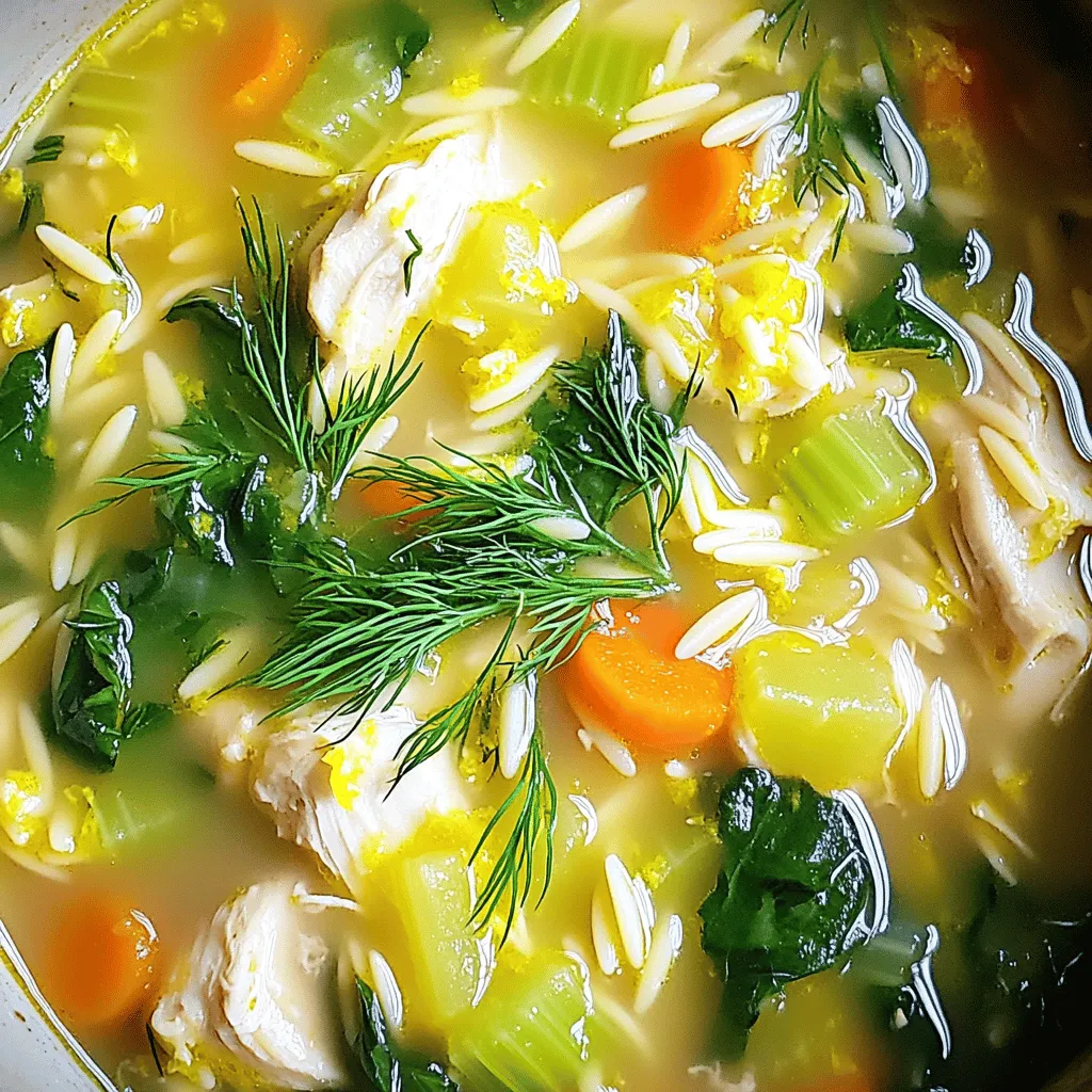 - 1 tablespoon olive oil - 1 medium onion, diced - 3 garlic cloves, minced - 3 medium carrots, sliced - 2 celery stalks, chopped - 1 pound boneless, skinless chicken breast (cut into bite-sized pieces) - 4 cups chicken broth - 1 cup water - 1 cup orzo pasta (or rice) - 1/2 teaspoon dried thyme - 1/2 teaspoon ground black pepper - Zest and juice of 2 large lemons - 1 cup fresh spinach, chopped - Salt to taste - Fresh dill for garnish For this Greek lemon chicken soup, I use fresh, quality ingredients. First, I start with olive oil and fresh vegetables. The onion adds sweetness. Garlic gives it a nice depth. Carrots and celery add crunch and flavor. Next, I choose chicken breast. It cooks quickly and stays tender. I also use chicken broth. It gives the soup a rich base. Water helps balance the flavors. For pasta, I like orzo. It’s small and cooks fast. You can swap it for rice if you prefer. Seasonings are key. I use dried thyme and black pepper for a warm taste. Then, I add the zest and juice of lemons. They bring bright flavor. Fresh spinach adds color and nutrients. Garnish with dill for a lovely finish. You can find the full recipe above to see how to put all these ingredients together! Cooking the base ingredients Start by heating the olive oil in a large pot over medium heat. Once hot, add the diced onion. Cook the onion for about five minutes until it turns soft and clear. Next, add minced garlic and cook for one more minute. The kitchen will smell great! After that, toss in the sliced carrots and chopped celery. Sauté these for three to four minutes until they start to soften. Adding chicken and liquids Now it’s time for the chicken. Add the bite-sized pieces of chicken breast to the pot. Cook them for about five minutes until they turn light brown, stirring often. After the chicken is cooked, pour in the chicken broth and water. Bring this mixture to a gentle simmer. Incorporating pasta and greens Once simmering, stir in the orzo pasta or rice, dried thyme, and black pepper. Add salt to taste as well. Cook this for about eight to ten minutes until the pasta is tender. After the pasta has cooked, add the lemon zest, lemon juice, and chopped spinach. Stir everything together and let it cook for another two minutes until the spinach wilts. Now, your soup is ready to serve! For the full recipe, you can refer back to the ingredients section. Adjusting lemon flavor To tweak the lemon flavor, use fresh juice and zest. Start with less lemon juice if you want a mild taste. Add more juice in small amounts until you find your favorite balance. Recommended seasoning variations You can try adding herbs like oregano or parsley. These herbs bring a new twist to the soup. A pinch of cayenne pepper adds a warm kick if you like spice. Cooking methods suggestions You can cook this soup on the stove or in a slow cooker. For a quick meal, use the stove method. It takes about 35 minutes in total. The slow cooker is great for busy days. Just set it and let it work while you're out. Try the [Full Recipe] for all the steps and enjoy a bowl of this warm goodness! {{image_2}} Gluten-free options: You can easily make this soup gluten-free. Just swap orzo for rice or gluten-free pasta. This keeps the soup tasty without the gluten. Vegetarian adaptations: To make a vegetarian version, skip the chicken. Use chickpeas or lentils for protein. Replace chicken broth with vegetable broth for flavor. Add extra veggies like zucchini or bell peppers. Ingredient substitutions: You can change some ingredients based on what you have. Use frozen spinach if fresh is not available. Swap out carrots for peas or green beans. If you do not have fresh dill, try parsley or basil for a different taste. These variations help you enjoy Greek lemon chicken soup in many ways. Each twist keeps the dish fun and exciting. For the complete recipe, check the [Full Recipe]. To keep your Greek Lemon Chicken Soup fresh, store it in an airtight container. This helps lock in flavor and prevents spills. If you have leftovers, let the soup cool first. It should cool for about 30 minutes before you store it. When refrigerated, the soup lasts about 3 to 4 days. If you want to keep it longer, freezing is a great option. Pour the cooled soup into freezer-safe bags or containers. Make sure to leave some space at the top, as liquids expand when frozen. In the freezer, it can last up to 3 months. For reheating, remove the soup from the fridge or freezer. If frozen, let it thaw overnight in the fridge. When ready to eat, warm the soup in a pot over low heat. Stir it often to ensure even heating. You can also use the microwave. Heat it in a microwave-safe bowl, stirring every minute until hot. By following these storage tips, you can enjoy your Greek Lemon Chicken Soup later without losing its great taste. Check the Full Recipe for all the details on making this delicious dish! You can serve Greek Lemon Chicken Soup with crusty bread. A slice of warm, fresh bread pairs well. It soaks up the soup's tangy broth. A simple salad also makes a great side. Try a Greek salad with feta and olives. This adds freshness and balances the soup's flavors. Yes, leftover chicken is perfect for this soup. It saves time and adds great flavor. Just shred or chop the chicken into small pieces. Add it to the pot when you combine the broth. This way, the chicken heats through without overcooking. To make it creamier, add a splash of heavy cream. Stir it in just before serving. You can also mix in some Greek yogurt. This adds creaminess and a nice tang. If you want a thicker soup, use less broth. Enjoy the smooth, rich texture! For the full recipe, visit [Full Recipe]. In this blog post, we explored how to make Greek Lemon Chicken Soup. We covered the key ingredients, such as olive oil, chicken, and fresh vegetables. You learned the step-by-step process, from cooking the base to adding pasta. I shared tips for enhancing flavors and dietary variations for everyone. Finally, we discussed storage and reheating practices to keep your soup fresh. Enjoy this warm dish and feel free to experiment with flavors. It’s a fun and tasty way to share a meal with others.