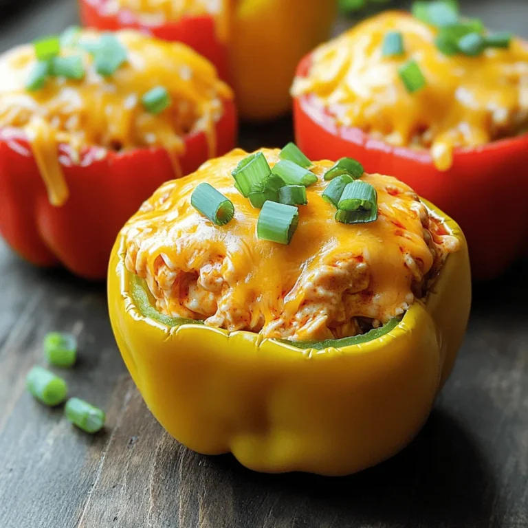 - 4 large bell peppers (any color) - 2 cups shredded cooked chicken - 1/2 cup buffalo sauce - 1/2 cup cream cheese - 1 cup shredded cheddar cheese - 1/2 cup celery, finely chopped - 1/4 cup green onions, sliced - Salt and pepper to taste - 1 tablespoon olive oil When you gather these ingredients, you set the stage for a great meal. The bell peppers form a colorful base, while the chicken and buffalo sauce bring bold flavors. The cream cheese adds a creamy touch, making each bite delightful. A serving of these stuffed peppers has about 400 calories. You get around 25 grams of fat and 30 grams of protein. The carbs total about 20 grams. For dietary needs, this recipe can be gluten-free if you check the sauce. It's also low-carb, making it great for many diets. Plus, the veggies add fiber, which is always a bonus! - Preheat oven to 375°F (190°C). - Cut the tops off the bell peppers and remove seeds. Lightly brush each pepper with olive oil. - In a large bowl, combine shredded chicken, buffalo sauce, and softened cream cheese. - Add half the cheddar cheese, chopped celery, and half the green onions. Mix well. Season with salt and pepper. - Stuff each bell pepper tightly with the buffalo chicken mixture. - Place them upright in a baking dish. If they wobble, trim a bit off the bottom. - Top each pepper with the remaining cheddar cheese. - Cover with aluminum foil and bake for 25 minutes. - Remove the foil and bake for another 10-15 minutes until cheese melts and peppers soften. - Let cool slightly and garnish with remaining green onions before serving. For the complete recipe, check [Full Recipe]. To achieve perfectly tender peppers, start with fresh bell peppers. Look for ones that feel firm and have smooth skin. Slice off the tops and remove the seeds carefully. A light brush of olive oil on the outside helps them roast well. For a flavorful filling, use shredded cooked chicken mixed with buffalo sauce. Cream cheese adds creaminess and keeps it moist. Don't forget to mix in chopped celery and green onions for a crunchy texture and fresh taste. Serve Buffalo Chicken Stuffed Peppers with sides like ranch or blue cheese dressing. These dips complement the heat of the buffalo sauce. You can also pair them with a fresh salad for a balanced meal. For garnishing, sprinkle extra green onions on top after baking. This adds color and a fresh crunch. Arrange the peppers on a colorful platter for an eye-catching display. One common mistake is overfilling the peppers. Stuff them firmly but leave some space at the top. This helps the filling cook evenly. Under seasoning can also take away from the flavor. Always taste your filling before stuffing. Another issue is baking time errors. Keep an eye on the peppers as they bake. The cheese should be melted and bubbly, and the peppers should be tender. Follow the [Full Recipe] for clear baking instructions. {{image_2}} You can swap out the chicken for other proteins. Turkey works well and keeps it light. You can also use tofu for a vegetarian option. If you want beef, go for ground beef or shredded beef. Each choice adds its own flavor. You might even try a mix for added depth. For vegan options, use plant-based chicken substitutes. They blend perfectly with the spices and sauces. Want to change the heat? You can adjust the buffalo sauce. For milder flavors, use less sauce. Try a mild buffalo sauce if you prefer less heat. If you like it spicy, use extra sauce or add hot sauce. You can even mix in some jalapeños for a kick. This way, you can make everyone happy. Mixing in different vegetables can enhance the filling. Chopped spinach or diced tomatoes can add freshness. You can also incorporate grains like quinoa or rice for more texture. If you want to change the cheese, try pepper jack for a spicy twist. Cream cheese can be swapped for Greek yogurt for a lighter option. Each alternative gives a unique taste to your stuffed peppers. For the full recipe, check out the details above. To keep your Buffalo Chicken Stuffed Peppers fresh, place them in an airtight container. This method prevents moisture loss and keeps flavors intact. You can store them in the fridge for up to three days. If you want to enjoy them later, freezing is a great option. To freeze your stuffed peppers, let them cool completely first. Wrap each pepper in plastic wrap, then place them in a freezer-safe bag. This helps avoid freezer burn. They can stay frozen for up to three months. For reheating, take the peppers out of the freezer and let them thaw overnight in the fridge. Preheat your oven to 375°F (190°C). Place the peppers in a baking dish and cover them with foil. Heat for about 25 minutes or until they warm up. Enjoy them just like you made them fresh! Yes, you can make these stuffed peppers ahead of time. To prep in advance, follow these steps: - Prepare the filling and stuff the peppers. - Cover them with plastic wrap and store in the fridge for up to 24 hours. - When ready to cook, just bake them from the fridge. They may need a few extra minutes. These stuffed peppers shine on their own, but sides can enhance the meal. Here are some ideas: - A fresh green salad with a light vinaigrette. - Crispy tortilla chips with salsa or guacamole. - Creamy ranch or blue cheese dressing for dipping. Absolutely! While buffalo sauce is classic, you can try different sauces. Here are some ideas: - BBQ sauce for a sweet and smoky flavor. - Honey mustard for a tangy twist. - Teriyaki sauce for an Asian flair. Experiment with your favorite sauces to find new flavors. For the full recipe, check out the previous sections. Buffalo Chicken Stuffed Peppers are easy to make and delicious. We covered all the key steps, from prepping the ingredients to baking the perfect dish. You learned how to mix flavors, adjust spice levels, and avoid common mistakes. This meal is great for any occasion, and you can customize it to fit your tastes. I encourage you to try these peppers. Enjoy experimenting with different ingredients and flavors. You will find this dish a fun addition to your cooking routine.