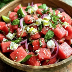 - Watermelon: Use 4 cups of watermelon, cubed. Cut the watermelon into small cubes. This gives a fun, bite-sized look. - Feta Cheese: Use 1 cup of crumbled feta cheese. I prefer a creamy feta for a rich taste. Crumble it gently using your fingers for a nice texture. - Additional Ingredients: - Red Onion: Add 1/4 cup of thinly sliced red onion. This adds a nice crunch. - Mint: Use 1/4 cup of chopped fresh mint leaves. Fresh mint gives a bright flavor. - Olive Oil: Measure 2 tablespoons of olive oil. This adds a smooth richness. - Balsamic Vinegar: Use 2 tablespoons of balsamic vinegar. It brings a tangy kick. - Lime Zest: Zest one lime for a zesty brightness. - Salt and Pepper: Add salt and pepper to taste. This enhances all the flavors. For the Full Recipe, follow the steps listed to create this refreshing salad. Enjoy the mix of sweet watermelon and salty feta! To cut the watermelon, start by slicing it in half. Lay one half flat on the cutting board. Use a sharp knife to cut long strips, then cross-cut to form cubes. This method gives you neat pieces. For perfect cubes, aim for 1-inch pieces. If your cubes are too big, they won’t mix well with other ingredients. When combining the ingredients, add the watermelon first. Then sprinkle the crumbled feta over it. Next, add the red onion and mint. This order helps the feta stay on top, making the salad look nice. Gently toss the salad to avoid smashing the watermelon. Mixing too hard can break the cubes and make a mess. For the dressing, whisk together the olive oil, balsamic vinegar, lime zest, salt, and pepper in a small bowl. Whisking helps blend the flavors well. If you want more zing, add more lime or vinegar. Adjust the salt and pepper to your taste. Pour the dressing over the salad just before serving. This keeps everything fresh and bright. For the full recipe, check out the Full Recipe section. To make a great Feta Watermelon Salad, balance is key. The sweet watermelon pairs well with the salty feta. Adding a bit of red onion gives a nice crunch and a slight bite. Use fresh mint for a burst of flavor. Fresh herbs make any dish brighter. - Choose ripe watermelon: Look for a heavy, firm melon with a dull spot. This means it’s ripe and sweet. - Use quality feta: Opt for block feta over crumbled feta. Crumbling it yourself gives better texture and flavor. Serve this salad cold for the best taste. A chilled salad feels refreshing on a hot day. You can also serve it at room temperature. This salad works well as a side dish. It pairs nicely with grilled chicken, fish, or veggie burgers. A beautiful salad makes the meal even better. Use a large, shallow bowl to showcase the colors. Toss the salad gently to keep the watermelon cubes intact. - Garnish with extra mint leaves: Add mint sprigs on top for a pop of green. - Use clear glass dishes: These let the vibrant colors shine through. For the full recipe, check out the section above. {{image_2}} You can change the cheese in this salad. Try goat cheese or even ricotta. They add a creamy touch. For herbs, basil or cilantro can give a new taste. If you have seasonal fruits, add strawberries or peaches. They pair nicely with the watermelon. For a vegan version, swap feta with tofu or avocado. Both add creaminess. Make sure to check dressings for dairy. This salad is gluten-free as it stands. All the ingredients are safe for those who avoid gluten. To enhance flavor, sprinkle some chili flakes or black pepper. A squeeze of lime juice can brighten the dish. Adding nuts like walnuts or almonds brings crunch. Seeds like sunflower or pumpkin also work well. These tweaks make the salad even more exciting. You can find the full recipe [here](Full Recipe). To keep your feta watermelon salad fresh, place it in an airtight container. This helps prevent air from spoiling the ingredients. If you have a large batch, use a glass or plastic container with a secure lid. Store it in the fridge right away. Always make sure to refrigerate leftovers within two hours of serving. The salad stays fresh for about three days in the fridge. After that, the watermelon may lose its crunch, and the feta can become too soft. Signs the salad has gone bad include a sour smell or slimy texture. If you see these signs, it’s best to toss it out. You can repurpose leftover salad components easily. Try using leftover watermelon in smoothies or salsas. The feta can be added to omelets or spread on toast. Also, if you have extra dressing, drizzle it over grilled vegetables or use it in a pasta salad. This way, you avoid waste and enjoy delicious meals! For the full recipe, check out the details above. You can prepare Feta Watermelon Salad in advance. Start by cutting the watermelon and mint. Store them in separate containers. Keep the feta cheese and dressing apart until serving time. This way, they stay fresh. When you’re ready to serve, mix everything in a bowl. The salad tastes best when chilled for a short time before serving. If you want a different flavor, try goat cheese or ricotta. For a non-dairy option, use tofu or a cashew cheese. These alternatives give a unique taste. They also keep the salad creamy and delicious without feta. Experiment with what you like best. Yes, Feta Watermelon Salad is gluten-free! The ingredients are all naturally gluten-free. Watermelon, feta cheese, red onion, and mint contain no gluten. So, you can enjoy this salad worry-free if you have a gluten allergy. It’s refreshing and safe for everyone. You learned how to make a delicious Feta Watermelon Salad. We explored key ingredients like watermelon, feta, and herbs. I provided step-by-step instructions for preparation and making the dressing. You also discovered helpful tips for perfecting your salad and ideas for variations. Remember to store any leftovers properly and consider flavor tweaks for a fun twist. This salad can be a refreshing treat, whether as a side dish or a light meal. Enjoy creating your version and impress your friends with this tasty recipe!