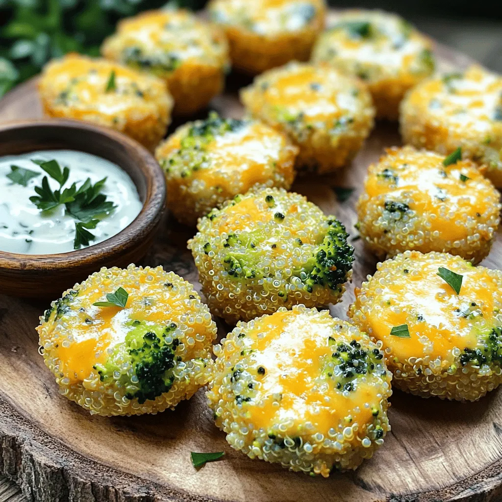 - 1 cup cooked quinoa - 1 cup broccoli florets, steamed and chopped - 1 cup sharp cheddar cheese, grated - 2 large eggs - 1/4 cup breadcrumbs (or almond flour for gluten-free) - 1 clove garlic, minced - 1/2 teaspoon onion powder - 1/2 teaspoon salt - 1/4 teaspoon black pepper - 1/4 teaspoon cayenne pepper (optional for spice) - Olive oil for greasing the baking sheet These ingredients come together to create a tasty snack. The cooked quinoa gives a nice base. Broccoli adds color and nutrients, while cheddar cheese brings great flavor. Eggs help bind everything. Breadcrumbs or almond flour give a perfect texture. Each serving has about 120 calories. You also get 6 grams of protein and 3 grams of fiber. This makes them a great snack for energy. The protein helps you feel full longer. The fiber is good for digestion. You can swap sharp cheddar for other cheeses like mozzarella or gouda. If you want a vegan option, use flax eggs and dairy-free cheese. Almond flour works well for gluten-free needs. These swaps keep the bites tasty and fun! 1. Preheat the oven to 375°F (190°C). This step ensures even cooking for your quinoa bites. 2. Prepare the baking sheet by greasing it lightly with olive oil. This prevents sticking and helps them crisp up nicely. 3. In a large mixing bowl, combine the cooked quinoa, steamed broccoli, and grated cheddar cheese. This forms the base of your delicious snack. - To shape the bites, use your hands. Scoop out about a tablespoon of the mixture and press it into a ball or patty. Make sure each bite is compact to hold together during baking. - For even sizing, try using a tablespoon measure. This helps keep all bites the same size, ensuring they cook evenly. - Bake the bites for 20-25 minutes. Look for a golden brown color on the outside. This indicates they are crispy and ready to eat. - Check for doneness by gently pressing one. It should feel firm and not mushy. If they need more time, bake for an additional 5 minutes. Try these steps, and you will create perfect Broccoli Cheddar Quinoa Bites every time. For the complete recipe, check out the Full Recipe section. Using cooked quinoa is key to this recipe. It keeps the bites soft and fluffy. If you use uncooked quinoa, the bites won’t hold together well. Cook your quinoa ahead of time. Let it cool before mixing it with other ingredients. Cheese is a big part of the flavor. To ensure proper cheese melting, use freshly grated cheese. Pre-shredded cheese has additives that stop it from melting smoothly. Mix the cheese well with the other ingredients to help it melt evenly. These bites taste great on their own, but you can enhance them with dipping sauces. Creamy ranch or tangy buffalo sauce pair well. You can also try a spicy aioli for a kick. For side dishes, a fresh salad or roasted veggies work nicely. The crunch of the salad adds a nice contrast to the bites. Serve them warm for the best taste. To store leftovers, place them in an airtight container. They can last in the fridge for up to three days. If you want to save them longer, freeze the bites. They freeze well and can last for about a month. To reheat, bake them in the oven at 350°F (175°C) for about 10 minutes. This keeps them crispy on the outside. You can also microwave them but expect a softer texture. {{image_2}} You can easily change the taste of your broccoli cheddar quinoa bites. Adding fresh herbs like parsley or thyme gives them a bright flavor. These herbs add color and nutrition. You can also try different spices for heat. A pinch of chili powder or smoked paprika can make these bites exciting. If you want a gluten-free option, swap breadcrumbs for almond flour. This keeps the bites crispy while being safe for those avoiding gluten. For a vegan twist, replace the eggs with flax eggs. Just mix one tablespoon of ground flaxseed with three tablespoons of water. Let it sit for a few minutes before adding it to the mix. This keeps the texture while making it plant-based. You can make these bites in an air fryer for a quicker option. Preheat the air fryer to 375°F (190°C) and cook for about 10-15 minutes. This method gives them a nice crunch without using much oil. If you prefer stovetop cooking, you can pan-fry them in a little olive oil. Just cook them on medium heat, flipping until golden brown on both sides. Each method offers a unique taste and texture to enjoy. Let me break down the ingredients we need for these tasty bites. Here’s what you’ll gather: - 1 cup cooked quinoa - 1 cup broccoli florets, steamed and chopped - 1 cup sharp cheddar cheese, grated - 2 large eggs - 1/4 cup breadcrumbs (or almond flour for a gluten-free option) - 1 clove garlic, minced - 1/2 teaspoon onion powder - 1/2 teaspoon salt - 1/4 teaspoon black pepper - 1/4 teaspoon cayenne pepper (optional for spice) - Olive oil for greasing the baking sheet To make these bites, start by preheating your oven to 375°F (190°C). Grease a baking sheet with olive oil. In a large bowl, mix the cooked quinoa, steamed broccoli, and grated cheddar cheese. Next, add the eggs, breadcrumbs, minced garlic, onion powder, salt, black pepper, and cayenne pepper if you want some heat. Combine everything until it forms a consistent mixture. Shape the mixture into small balls and place them on the greased baking sheet. Lightly brush the tops with olive oil for a crispy finish. Bake for 20-25 minutes until they are golden brown and crispy outside. Let them cool a bit, then enjoy! This recipe makes about 15 bites, perfect for snacking or sharing. I suggest serving 3 bites per person for a light snack. If you want to make it a meal, serve 5-6 bites with a side salad or veggies. For a closer look at the process, check out this [link to images or videos demonstrating the process](#). Seeing the steps can really help you feel confident in making these bites. How can I make these bites healthier? You can swap out the cheddar cheese for low-fat cheese. Use whole grain breadcrumbs instead of white. Adding more veggies, like spinach or bell peppers, boosts nutrition. Try adding a tablespoon of ground flaxseed for extra fiber. Can I freeze broccoli cheddar quinoa bites? Yes, you can freeze these bites. After baking, let them cool completely. Then, place them in an airtight container or freezer bag. They can last for up to three months in the freezer. How do I make them spicier or milder? To add spice, increase the cayenne pepper or add crushed red pepper flakes. For a milder flavor, skip the cayenne or reduce it. You can also add diced jalapeños if you like a kick. What else can I add to the mix? You can add cooked corn, diced bell peppers, or even chopped herbs like basil or cilantro. For a cheese twist, try mixing in feta or mozzarella. This keeps things fun and fresh! How long do broccoli cheddar quinoa bites last in the fridge? These bites can last about four days in the fridge. Store them in an airtight container to keep them fresh. Can I freeze leftovers and for how long? Yes, you can freeze leftovers. They stay good for about three months. Just reheat them in the oven for the best texture. Enjoy your tasty snack anytime! This blog post explained how to make delicious broccoli cheddar quinoa bites. We covered all the key ingredients, including alternatives for dietary needs. I shared step-by-step instructions, tips, and variations to make it your own. These bites are easy to prepare, healthy, and can fit any meal. Enjoy experimenting with flavors and serving options. With the right ingredients and prep, you will have a tasty treat everyone will love.