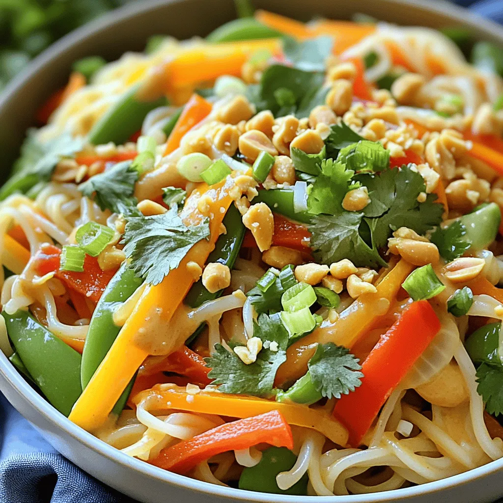 To make Vegan Thai Peanut Noodles, gather these core ingredients: - 8 oz rice noodles - 1 cup bell peppers, thinly sliced (mixed colors) - 1 cup carrots, julienned - 1 cup snap peas, trimmed - 1/2 cup scallions, chopped - 1/4 cup cilantro, chopped (for garnish) - 1/4 cup crushed peanuts (for garnish) For the peanut sauce, you will need: - 1/3 cup creamy peanut butter - 3 tablespoons soy sauce - 2 tablespoons maple syrup - 2 tablespoons lime juice - 1 tablespoon sesame oil - 1 teaspoon grated fresh ginger - 1 teaspoon garlic powder - 1 tablespoon sriracha (optional, for spice) - Water as needed to thin the sauce These ingredients create a vibrant mix of flavors and textures. You can add some extra flair with these garnishes: - Extra crushed peanuts for crunch - Lime wedges for a burst of freshness - Additional cilantro for more herb taste These garnishes enhance the dish. They add color and flavor, making your meal look and taste great. Each serving of Vegan Thai Peanut Noodles provides a good balance of nutrients. Here’s a rough breakdown: - Calories: 350-400 - Protein: 12g - Carbohydrates: 50g - Fat: 15g These noodles are filling and offer a nice mix of protein and carbs. They are perfect for a quick meal that keeps you energized. First, take 8 ounces of rice noodles. Bring a pot of water to a boil. Once boiling, add the rice noodles. Cook them according to the package directions. This usually takes about 4 to 6 minutes. When they are soft, drain the noodles. Rinse them under cold water to stop the cooking. Set the noodles aside for later. Next, grab a small mixing bowl. Add 1/3 cup of creamy peanut butter. Then, pour in 3 tablespoons of soy sauce. Next, add 2 tablespoons of maple syrup for sweetness. Squeeze in 2 tablespoons of lime juice. Then, add 1 tablespoon of sesame oil. Don't forget 1 teaspoon of grated fresh ginger and 1 teaspoon of garlic powder. If you like spice, add 1 tablespoon of sriracha. Whisk all the ingredients until smooth. If the sauce is too thick, add water a tablespoon at a time until it is just right. Now, take a large skillet and heat a drizzle of sesame oil over medium heat. Add 1 cup of thinly sliced bell peppers, 1 cup of julienned carrots, and 1 cup of trimmed snap peas. Stir-fry these for about 3 to 4 minutes. You want them to be tender but still crisp. After that, add the cooked rice noodles to the skillet. Pour the peanut sauce over the noodles and veggies. Toss everything together until well coated and heated through. Finally, stir in 1/2 cup of chopped scallions before serving. This recipe is simple and fun to make. You can find the full recipe above to refer back to. Enjoy your Vegan Thai Peanut Noodles! To create the best peanut sauce, start with creamy peanut butter. I love using natural brands. Mix it well with soy sauce and maple syrup for sweetness. Add lime juice for a fresh kick. Grate fresh ginger and add garlic powder for flavor depth. If you want heat, include sriracha. If the sauce is too thick, thin it with water a tablespoon at a time. Keep tasting and adjust to your liking. When cooking vegetables, keep them bright and crisp. Slice bell peppers in thin strips for quick cooking. Julienned carrots cook fast and add a nice crunch. Snap peas should be added last to keep their snap. Stir-fry these for about 3-4 minutes over medium heat. You want them tender but still vibrant. This way, your dish stays colorful and appealing. Serve Vegan Thai Peanut Noodles in deep bowls for a nice look. Top with chopped scallions for a fresh bite. Don't skip crushed peanuts; they add a great crunch. Fresh cilantro brings a pop of color and flavor. You can also add lime wedges for extra zest. This dish is filling on its own but pairs well with a side salad or spring rolls. For a fun twist, serve it cold as a salad too. Check the Full Recipe for more details! {{image_2}} If you want a gluten-free dish, rice noodles are your best friend. They are naturally gluten-free and work great in this recipe. You can also use gluten-free soy sauce or tamari in the peanut sauce. This keeps the flavors while making it safe for those with gluten sensitivities. To make Vegan Thai Peanut Noodles more filling, add protein. Tofu is a great choice. You can use firm tofu, cubed, and sauté it until golden. Tempeh is another option. It has a nutty flavor that pairs well with the sauce. For a quick option, add edamame or chickpeas. They boost protein without much effort. Don't worry if you lack some ingredients. You can swap veggies based on what you have. Broccoli or zucchini can replace bell peppers. If you don’t have maple syrup, agave nectar works too. Use lime juice if you can't find fresh lime. These swaps keep your dish tasty and unique. For the full recipe, check out the detailed instructions. To store your Vegan Thai Peanut Noodles, let them cool first. Place them in an airtight container. This helps keep the noodles fresh. You can store them in the fridge for up to three days. Just make sure you seal the container well to prevent drying out. If you want to save more for later, you can freeze the noodles. Place the cooled noodles in a freezer-safe bag. Remove as much air as possible before sealing. They can stay fresh in the freezer for up to two months. When you’re ready to eat, just thaw them overnight in the fridge. To reheat your Vegan Thai Peanut Noodles, you can use a pan or microwave. If using a pan, add a splash of water or veggie broth to keep them moist. Heat on low until warm. If using the microwave, heat in 30-second bursts, stirring in between. This ensures even heating without drying them out. Enjoy your meal just like the first time! For the full recipe, check the section above. Yes, you can make this recipe nut-free. Instead of peanut butter, use sunflower seed butter or tahini. These options give a creamy texture without nuts. You can also skip the garnish of crushed peanuts. Just ensure you check labels for any hidden nuts in sauces. You can serve Vegan Thai Peanut Noodles with a fresh salad. A side of cucumber salad adds a nice crunch. You can also pair it with spring rolls or steamed dumplings. These choices complement the noodles and enhance your meal. To adjust the spice level, add more or less sriracha. Start with a small amount and taste as you go. You can also use chili flakes for heat. If the dish is too spicy, add more peanut sauce or coconut milk to tone it down. Vegan Thai peanut noodles are easy and tasty. We covered key ingredients, step-by-step cooking, and expert tips. You can customize the dish with variations and store leftovers well. This dish is great for any meal and fits many diets. Whether you want spice or nut-free, the choice is yours. Enjoy making this dish again and again!