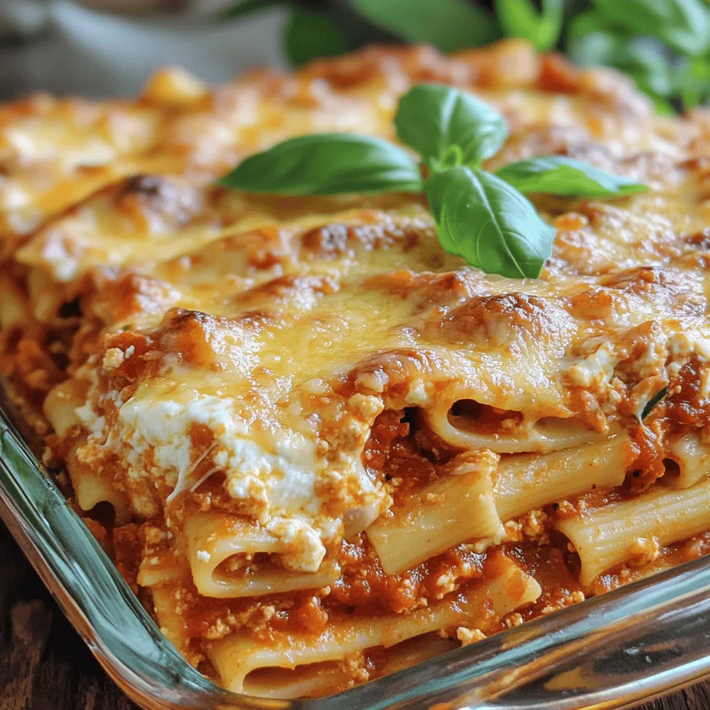 - 12 ounces ziti pasta - 1 can (28 ounces) crushed tomatoes - 1 cup ricotta cheese - 1 cup shredded mozzarella cheese - 1/2 cup grated Parmesan cheese - 2 tablespoons olive oil - 1 small onion, finely chopped - 2 cloves garlic, minced - 2 teaspoons dried oregano - 1 teaspoon dried basil - 1/2 teaspoon red pepper flakes (optional) - Fresh basil leaves for garnish - Salt and pepper to taste The main ingredients create the heart of your baked ziti. The ziti pasta brings a classic shape that holds sauce well. Crushed tomatoes give it rich flavor and moisture. Cheese adds creaminess and depth. Ricotta, mozzarella, and Parmesan give you three layers of cheesy goodness. Seasonings and add-ins make your dish pop. Olive oil helps sauté flavors. Onion and garlic add a savory base. Oregano and basil bring fresh taste. Red pepper flakes can add a nice kick if you like heat. Finally, fresh basil leaves are a perfect garnish. They add color and a fresh note to every bite. Don’t forget to season with salt and pepper to balance the flavors. For the full recipe, check the link provided. - Preheat your oven to 375°F (190°C). - Cook the ziti pasta according to package instructions. Make sure to reduce the time by two minutes for a firm bite. Drain and set it aside. - In a large skillet, heat two tablespoons of olive oil over medium heat. - Add one small chopped onion and two minced garlic cloves. Cook until the onion turns soft, about three to four minutes. - Next, pour in one can of crushed tomatoes. Add two teaspoons of dried oregano, one teaspoon of dried basil, and half a teaspoon of red pepper flakes if you like heat. Season with salt and pepper. - Simmer this mix for ten to fifteen minutes. This lets the flavors blend nicely. - In a large bowl, mix the cooked ziti with the sauce and one cup of ricotta cheese. Stir until everything is well blended. - Grease a 9x13-inch baking dish. Add half of the ziti mix to the dish. - Sprinkle half of the shredded mozzarella cheese on top. - Layer the rest of the ziti mix over this. Finish with the remaining mozzarella and half a cup of grated Parmesan cheese. - Place the dish in the oven and bake for 25 to 30 minutes. You want the cheese on top to bubble and turn golden. - Once done, take it out and let it cool for a few minutes before serving. It’s best to garnish with fresh basil leaves. For the full recipe, feel free to check the detailed cooking instructions for Baked Ziti with Three Cheeses! To make your baked ziti pop, try adding spices. I love using garlic powder, onion powder, and a hint of Italian seasoning. These spices bring out the best in your dish. If you want fresh herbs, use basil or parsley. You can also swap dried herbs for fresh ones. Just use three times more fresh herbs than dried. For that perfect cheese melt, layer your cheeses properly. Start with a mix of mozzarella and ricotta, then top with more mozzarella. Bake until the cheese is bubbly and golden. This gives you a nice crust on top. I recommend brands like Polly-O for ricotta and Galbani for mozzarella. They melt well and taste great. Baked ziti goes well with a crisp salad. A simple green salad or garlic bread makes great sides. This dish is perfect for family dinners or cozy gatherings. Serve it during game night or at potlucks. Everyone loves a good baked ziti! For the complete cooking instructions, check out the Full Recipe. {{image_2}} You can make baked ziti more colorful by adding veggies. Spinach and mushrooms are great choices. They add nutrition and taste. You can chop them up and mix them in with the pasta. Using different pasta shapes can also change things. Try penne or fusilli for fun twists on your dish. If you love meat, add ground beef or sausage. Cook the meat before mixing it with the pasta and sauce. For those who avoid dairy, look for dairy-free cheese options. There are tasty brands that melt well and can replace regular cheese. You can switch from a tomato base to a cream base. A creamy sauce gives a rich flavor, while tomato sauce is classic. For a special touch, use marinara or Alfredo sauces. Each sauce can change the dish's flavor and feel. Experiment to find what you love best! To keep your baked ziti fresh, store it in an airtight container. Place it in the fridge right after it cools. This helps keep the flavors locked in. You can enjoy your leftovers for up to three days. If you want to save baked ziti for later, freezing is a great option. First, let it cool completely. Then, wrap it tightly in plastic wrap, and then in aluminum foil. This prevents freezer burn. You can freeze it for up to three months. When you’re ready to eat, thaw it in the fridge overnight. To reheat baked ziti without drying it out, use the oven. Preheat the oven to 350°F (175°C). Place the ziti in an oven-safe dish. Add a splash of water or sauce to keep it moist. Cover it with foil to trap steam. Bake for about 20-30 minutes. The ziti is ready when it’s heated through. Enjoy your comforting meal again! Baked Ziti stays fresh for about 3 to 5 days in the fridge. Store it in an airtight container. This keeps it from drying out. If you want the best taste, eat it sooner rather than later. Yes, you can make Baked Ziti ahead. Prepare it a day before serving. Just cover it well and keep it in the fridge. When you are ready, bake it straight from the fridge. You might need to add a few extra minutes to the baking time. Great side dishes for Baked Ziti include: - Garlic bread - Simple green salad - Roasted vegetables - Steamed broccoli These sides add color and flavor to your meal. You can find the detailed cooking instructions for Baked Ziti with Three Cheeses [here](#). Baked Ziti offers a mix of pasta, cheese, and sauce that pleases everyone. You learned about its key ingredients, easy steps, and fun variations. This dish is great for gatherings or a cozy meal. Remember to store leftovers properly and reheat carefully for the best taste. Whether you stick to the classic recipe or try a twist, Baked Ziti is sure to impress. Enjoy making this comforting dish and share it with those you love!