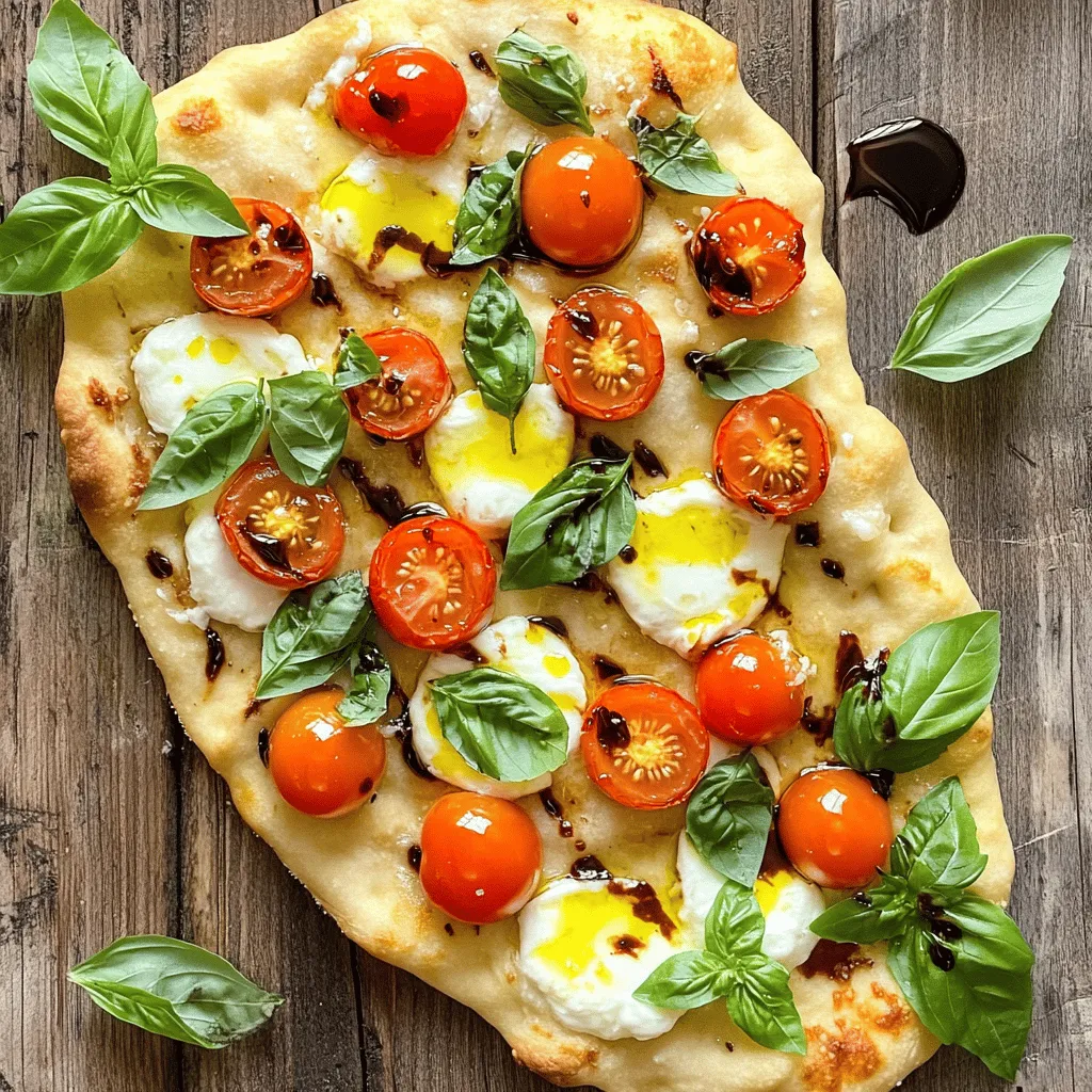- 1 store-bought flatbread or pizza base - 1 cup fresh mozzarella cheese, sliced - 1 cup cherry tomatoes, halved - 1/4 cup fresh basil leaves - 2 tablespoons olive oil - 1 teaspoon balsamic glaze (optional) - Salt and pepper to taste For the best flavor in your Easy Margherita Flatbread, use fresh ingredients. Fresh mozzarella adds a creamy texture that melts beautifully. Cherry tomatoes burst with juiciness, giving a sweet contrast to the cheese. Fresh basil leaves bring a fragrant note, balancing the richness of the cheese. - Alternative cheeses to consider: Try using provolone or goat cheese for a different taste. - Seasonal toppings for a twist: Add sliced zucchini in summer or roasted butternut squash in fall. - Homemade flatbread recipe suggestion: If you want to make your own flatbread, combine flour, water, salt, and yeast. Knead and roll it out for fresh flavor. These variations let you customize your flatbread. Explore flavors that suit your taste and the season! First, you need to preheat the oven to 400°F (200°C). This heat is perfect for a crispy flatbread. While the oven warms up, grab a baking sheet. Line it with parchment paper to stop the flatbread from sticking. This step makes cleanup fast and easy. Now, let’s add flavor! Start by drizzling one tablespoon of olive oil over the flatbread. Spread it evenly with a brush or the back of a spoon. Next, arrange the slices of fresh mozzarella across the surface. Make sure to cover the flatbread well. After that, scatter the halved cherry tomatoes on top. They add a nice burst of flavor. Finally, season with salt and freshly cracked pepper to taste. Place the flatbread in the oven. Bake for 10-12 minutes. Keep an eye on it. You want the cheese to melt and the edges to get crispy. When it’s done, the flatbread will look golden and delicious. Remove it from the oven and sprinkle fresh basil leaves over the top. This adds a fresh touch. If you like, drizzle some balsamic glaze for extra flavor. Slice it into pieces and enjoy your Easy Margherita Flatbread! For more details, check the Full Recipe. To get crispy edges, bake your flatbread on a hot pizza stone or baking sheet. Preheat the stone or sheet for 10 minutes at 400°F (200°C). This quick heat helps crisp the bottom. For melted cheese without burning, use fresh mozzarella. Slice it thick but not too thick. This way, it melts well and does not scorch. Fresh herbs make a big difference. Add fresh basil leaves right after baking for a burst of flavor. You can also try oregano or thyme for variety. For spices, sprinkle a bit of red pepper flakes for heat. Drizzle a little balsamic glaze for a sweet touch. Pair your flatbread with a light salad for a complete meal. A simple arugula salad works well. For drinks, a chilled white wine or sparkling water complements the flavors. This flatbread is great for casual gatherings or movie nights. It's easy to slice and share! {{image_2}} You can easily change your flatbread. Start with some tasty veggie options. Try adding bell peppers, spinach, or zucchini. These add color and flavor. You can also use mushrooms for a savory touch. If you love meat, consider adding some protein. Pepperoni, prosciutto, or grilled chicken work well. Cooked sausage is another great choice. These toppings make your flatbread heartier and more filling. If you need a gluten-free flatbread, look for options made from almond flour or cauliflower. These can be found in many stores. You can also make your own gluten-free flatbread at home. For a vegan flatbread, you can skip the cheese or use plant-based cheese. There are many brands that offer tasty vegan cheese made from nuts or soy. These alternatives melt well and taste great. Get creative with themed flatbreads. For a Mediterranean flair, use toppings like feta cheese, olives, and artichokes. This brings a fresh taste and unique style. You can also create seasonal variations. In the fall, add roasted butternut squash and goat cheese. In the summer, use fresh corn and basil. These seasonal changes keep your flatbread exciting and fun. For the full recipe, visit the section above. To keep your Easy Margherita Flatbread fresh, store it correctly. Avoid sogginess by letting the flatbread cool completely before wrapping. Place it in an airtight container or wrap it tightly in foil. If you want to keep it crispy, use parchment paper between layers. When it's time to enjoy leftovers, reheating is key. The best method is using an oven. Preheat it to 350°F (175°C). Place the flatbread on a baking sheet and heat for about 8-10 minutes. This keeps the crust crispy and the cheese melty. You can freeze your flatbread to enjoy later. If you freeze before baking, wrap it tightly and store it in the freezer. When you're ready to bake, no need to thaw. Just add a few extra minutes to cooking time. If you freeze it after baking, let it cool first. Wrap it tightly and store it. To reheat, thaw in the fridge overnight, then warm it in the oven at 350°F (175°C) for 10 minutes. This way, it tastes fresh when you serve it. For the full recipe, check out the complete instructions in the Easy Margherita Flatbread section. Making Easy Margherita Flatbread takes about 20 minutes. You need 10 minutes to prep. Baking takes another 10-12 minutes. This quick dish is perfect for busy days. Yes, you can use gluten-free flatbread. Look for brands made from almond flour or cauliflower. These options keep the flavor while being gluten-free. Always check the label for best results. You can add many toppings for flavor. Consider adding: - Sliced olives for saltiness - Spinach for freshness - Pepperoni for a meaty kick - Red onion for a sharp taste Mix and match to create your perfect flatbread. Check for a few signs to know if it's done. The cheese should be melted and bubbly. The edges of the flatbread will turn golden brown. If the base feels firm, it’s ready to enjoy! In this blog post, we covered a simple way to make delicious Margherita flatbread. You learned about the key ingredients and variations to elevate your dish. We walked through easy steps for prepping, assembling, and baking your flatbread. Plus, I shared tips to ensure the best texture and flavor. Remember, customizing your flatbread makes it truly yours. Enjoy experimenting with various toppings and flavors. Happy cooking! You now have all the tools to create a tasty treat at home.