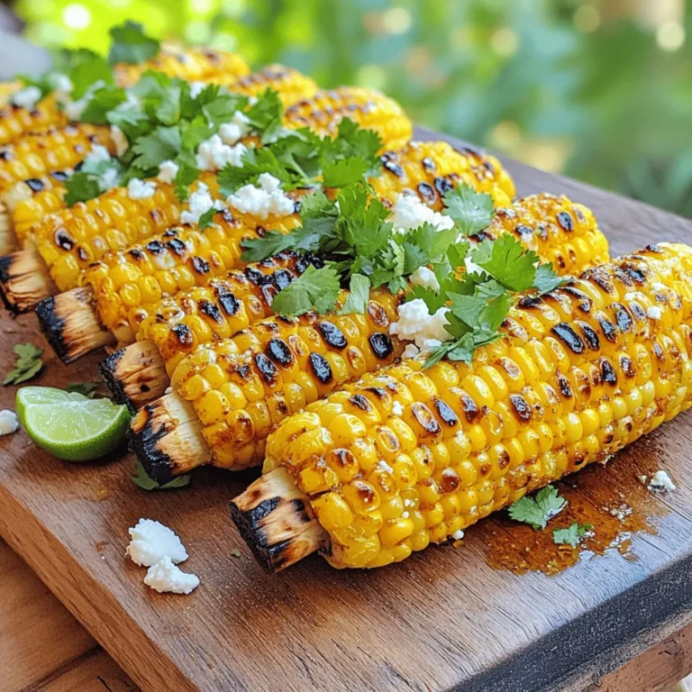 - 4 large ears of corn - 2 tablespoons olive oil - 1 tablespoon chipotle powder - 1 teaspoon smoked paprika - 1 teaspoon garlic powder - Juice of 2 limes - Zest of 1 lime - Salt and pepper to taste - Fresh cilantro, chopped (for garnish) - Crumbled feta cheese (optional) You can swap olive oil with other oils like avocado or grapeseed oil. If you want a different flavor, try cumin or chili powder instead of chipotle powder. For a dairy-free option, leave out the feta or use a vegan cheese. - Prep the Corn: Husk the corn and remove all the silk. Carefully cut each ear of corn into quarters, lengthwise, creating ribs. This step is key to getting the best flavor. - Make the Marinade: In a bowl, whisk together the olive oil, chipotle powder, smoked paprika, garlic powder, lime juice, lime zest, salt, and pepper. Mix until well combined. This marinade adds a lot of flavors. - Marinate the Corn: Place the corn ribs into a large resealable bag or a shallow dish. Pour the marinade over the corn. Toss to coat each piece well. Let them marinate for at least 30 minutes. This allows the flavors to soak in, making every bite tasty. - Recommended Vessels for Marinating: Use a zip-top bag for easy mixing or a shallow dish for more space. Both options work well for marinating. - Preheat the Grill: Heat your grill to medium-high heat. This temperature helps to create nice char marks on the corn. - Grill the Corn: Place the marinated corn ribs on the grill. Grill for about 10-12 minutes, turning occasionally. Look for tender corn with beautiful char marks. This step gives the corn a smoky flavor and a great texture. For the full recipe, refer to the earlier section. To ensure even cooking on the grill, follow these steps: - Preheat the grill to medium-high heat. - Cut the corn into equal-sized ribs. - Place the corn with the cut side down first. - Turn the corn every few minutes for even char. To achieve the best char, try these tips: - Avoid crowding the grill; give each rib space. - Watch for flare-ups and move corn if needed. - Use a grill basket for easy flipping and even heat. For extra garnishes, consider: - Fresh lime wedges for a zesty kick. - Chopped green onions for added crunch. - A sprinkle of chili flakes for heat. Pair your corn ribs with: - Grilled chicken or shrimp for protein. - A fresh salad for a light side. - Rice or quinoa to round out the meal. If your corn gets over-charred, don’t worry. Here’s what to do: - Move the corn to a cooler part of the grill. - Brush with more olive oil to prevent drying. If you need to adjust seasoning, try this: - Add a pinch of salt to enhance flavor. - Mix in more lime juice for brightness. - Taste and tweak until it’s just right. For the full recipe, refer to the main section. {{image_2}} You can spice up these corn ribs in fun ways. If you like heat, add more chipotle powder or a dash of cayenne. For a fresh twist, try lime zest with a touch of chili powder. You can also skip the feta cheese if you want a lighter dish. Instead, use avocado or a sprinkle of nutritional yeast for a savory kick. If you don’t have a grill, you can still enjoy this dish. For oven roasting, preheat your oven to 425°F (220°C). Place the corn ribs on a baking sheet, drizzle with olive oil and seasoning, and roast for 20-25 minutes. Flip halfway through for even cooking. You can also use an air fryer for a quick meal. Preheat the air fryer to 400°F (200°C). Arrange the corn ribs in a single layer, add oil and spices, and cook for about 10-12 minutes. Check for tenderness and a nice char. Make your corn ribs look special when serving. Stack them on a plate and drizzle with lime juice. Garnish with fresh cilantro for color. Pair them with a dipping sauce like yogurt or a spicy mayo. This adds a fun element and more flavor. To store leftovers of your chipotle lime grilled corn ribs, first let them cool. Place them in an airtight container. Refrigerate them for up to three days. You can also freeze corn ribs if you want to store them longer. Wrap each rib tightly in plastic wrap and then in foil. This helps to lock in the flavor and keep them fresh. Frozen corn ribs can last for up to three months. When it’s time to enjoy your corn ribs again, you need to reheat them safely. You can use the oven or a grill for this. Preheat your oven to 350°F (175°C). Place the corn ribs on a baking sheet and cover with foil. Heat for about 10-15 minutes. If using a grill, preheat it to medium heat and grill the corn for about 5-7 minutes, turning once. Reheating in the oven or on the grill helps maintain their flavor and texture. Avoid using a microwave, as it can make the corn soggy. Enjoy your corn ribs just like they were fresh off the grill! For the full recipe, check the details above. Can I use frozen corn for this recipe? Yes, you can use frozen corn. It works well but needs proper thawing. Just let it sit at room temperature or use the microwave. After thawing, cut the corn into ribs as usual. How long can marinated corn sit before grilling? You can let marinated corn sit for up to two hours. This time allows the flavors to soak in. If you need to marinate longer, keep it in the fridge to stay fresh. Is this recipe suitable for grilling in winter? Yes, you can still grill in winter! Just make sure to preheat your grill well. If it's too cold outside, consider using a grill pan on the stove. It can give you that nice char. Can I make this dish ahead of time for a gathering? You can prep the corn ribs and marinade ahead of time. Just marinate the corn and store it in the fridge. Grill them when your guests arrive for a fresh taste. Caloric content and dietary considerations One serving of chipotle lime grilled corn ribs has about 120 calories. It's a low-calorie side, packed with flavor. Great for those watching their diet! Potential allergens in the ingredients The main allergens in this dish are dairy, if you use feta cheese. Also, check for any spice allergies related to the chipotle powder. Always tailor the recipe to meet your dietary needs. For the full recipe, you can check the section above. This blog post detailed how to make delicious grilled corn ribs. We covered ingredients, from corn to spices and cheese options. You learned easy steps for prep, marinating, and grilling. I shared tips for cooking, flavoring, and even fixing common issues. We explored various cooking methods and ways to store leftovers. In summary, grilled corn ribs are tasty and fun to make. Enjoy experimenting with flavors, and get creative with how you serve them! Happy grilling!