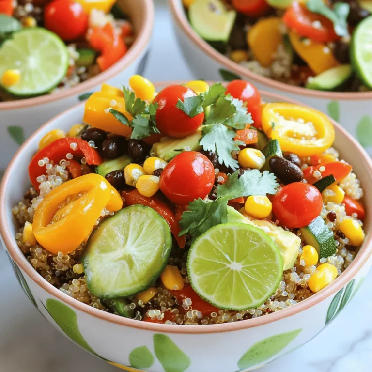 - 1 cup quinoa - 2 cups vegetable broth - 1 cup black beans - 1 cup corn - 1 red bell pepper - 1 yellow bell pepper - 1 zucchini - 1 avocado - 1 cup cherry tomatoes - Olive oil, ground cumin, chili powder - Optional toppings: Greek yogurt, sliced jalapeños, shredded cheese When making veggie burrito bowls, I choose fresh and vibrant ingredients. Quinoa serves as a great base. It is rich in protein and fiber. Cooking it in vegetable broth gives it more flavor. I love using black beans and corn to add texture and protein. For veggies, I use red and yellow bell peppers. They add color and sweetness. Zucchini gives a nice crunch. I often add avocado for creaminess. Cherry tomatoes bring freshness and a pop of color. Seasonings are key. I use olive oil for cooking, ground cumin for warmth, and chili powder for a kick. These flavors blend well with the veggies. I like to add optional toppings like Greek yogurt or sliced jalapeños. They enhance the taste and can make each bowl unique. You can find the full recipe below to create your own delicious veggie burrito bowls. Enjoy the fresh, vibrant flavors! To cook the quinoa, start by boiling vegetable broth in a medium saucepan. Once it boils, add the rinsed quinoa. Reduce the heat to low, cover the pot, and let it simmer. This process takes about 15 minutes. You know the quinoa is done when it absorbs all the liquid. After that, take a fork and fluff the quinoa. This makes it light and perfect for your bowl. In a large skillet, heat olive oil over medium heat. Add the chopped red and yellow bell peppers. Cook them for about 3 to 4 minutes until they start getting soft. Next, add the diced zucchini and corn. Season them with ground cumin, chili powder, salt, and pepper. Stir everything together and cook for another 5 to 7 minutes. The veggies should be tender but still bright in color. Now comes the fun part! Grab a large bowl and layer the cooked quinoa at the bottom. On top of that, add the sautéed vegetables. Then, sprinkle on black beans, halved cherry tomatoes, and sliced avocado. Finish it off by adding chopped cilantro for freshness. To boost the flavor, squeeze fresh lime juice over everything. Serve right away or pack it into meal prep containers from the [Full Recipe]. To check if quinoa is done, look for little tails. They show the quinoa is ready. After cooking, use a fork to fluff it gently. This keeps the grains light and fluffy. For added flavor, try cooking quinoa in vegetable broth instead of water. This simple swap gives the quinoa a nice depth. You can also add herbs or spices to the broth for more taste. Toppings can make your veggie burrito bowl more fun. Try adding diced cucumbers, radishes, or fresh corn. These add crunch and color. You can choose dairy or non-dairy options for toppings. Greek yogurt or sour cream works well. If you want a non-dairy option, use avocado or cashew cream. They still give a creamy feel. For meal prep, use clear containers. This lets you see your colorful bowls. Pack the quinoa and veggies separately. This keeps them fresh and prevents sogginess. When reheating, use the microwave or stovetop. Add a splash of water to keep it moist. This helps the flavors come back. Enjoy your veggie burrito bowls fresh, even days later. {{image_2}} You can easily add protein to your veggie burrito bowls. Here are a few great ideas: - Grilled chicken: Dice up some grilled chicken for a hearty bite. - Tofu: Marinate and grill tofu for a tasty, plant-based option. - Lentils: Cook lentils and mix them in for a protein-rich choice. - Chickpeas: Use chickpeas for a nutty flavor and extra nutrients. These options keep the bowls filling and delicious. You can mix and match to suit your taste. Changing the flavors can make your veggie burrito bowls exciting. Try these ideas: - Southwest flavors: Add chipotle sauce or a creamy avocado dressing for a spicy kick. - Mediterranean twist: Sprinkle feta cheese and toss in olives for a fresh, salty taste. These flavor changes let you enjoy a new bowl each time you make it. Fresh ingredients can really brighten up your bowls. Consider these seasonal additions: - Seasonal veggies: Add bell peppers, asparagus, or summer squash for a crisp bite. - Fresh herbs: Include herbs like basil or parsley to enhance the flavor. Using fresh ingredients keeps your meal light and vibrant, perfect for warm days. To keep your Veggie Burrito Bowls fresh, let them cool completely before packing. This helps avoid steam build-up, which can make the food soggy. Use airtight containers to store each bowl separately. Keep toppings separate to maintain their crispness. For instance, store avocado slices and tomatoes in small containers. This keeps them fresh and tasty when you’re ready to eat. When reheating quinoa and veggies, I recommend using the microwave. Place your bowl in for one minute and check if it’s warm. If not, heat in 30-second bursts. You can also reheat on the stove. Just add a splash of water to the pan and cover it. This method helps keep the texture nice. Avoid overheating, as it can make the quinoa dry. Cooked quinoa lasts about five days in the fridge. Black beans and cooked veggies can stay fresh for up to a week. Watch for signs of spoilage, like a sour smell or changes in color. If any ingredient looks or smells off, discard it to stay safe. Enjoy your Veggie Burrito Bowls fresh for the best taste and nutrition! Yes, you can prepare Veggie Burrito Bowls ahead of time. This dish is great for meal prep. Cook all the ingredients, then store them in separate containers. Keep the quinoa, beans, and veggies fresh in the fridge for up to four days. If you want to keep your toppings crisp, store them separately. When it’s time to eat, just heat the quinoa and veggies quickly. You can also enjoy them cold! This option makes it easy to grab a tasty lunch or dinner. If you want to switch up the grain, use brown rice or couscous. Brown rice has a nutty taste and chewy texture. It also adds fiber and nutrients. Couscous cooks quickly and has a light, fluffy feel. Both grains work well with the other ingredients in the bowl. They will soak up the flavors from the veggies and spices. Feel free to experiment and find what you like best. Yes, Veggie Burrito Bowls can be gluten-free. Quinoa, black beans, and most veggies are naturally gluten-free. Just make sure to check any packaged ingredients. Some brands may add gluten in sauces or seasonings. Stick to fresh ingredients and read labels to be safe. This way, everyone can enjoy a hearty meal without worry. You learned how to make easy veggie burrito bowls. We covered the main ingredients, like quinoa and black beans. You now know how to sauté veggies for flavor and build delicious bowls. I shared tips for cooking quinoa and suggested tasty toppings. Remember, you can mix things up with proteins or different flavors. These bowls are great for meal prep and storing in the fridge. Enjoy customizing your burrito bowls while keeping them healthy and fresh!