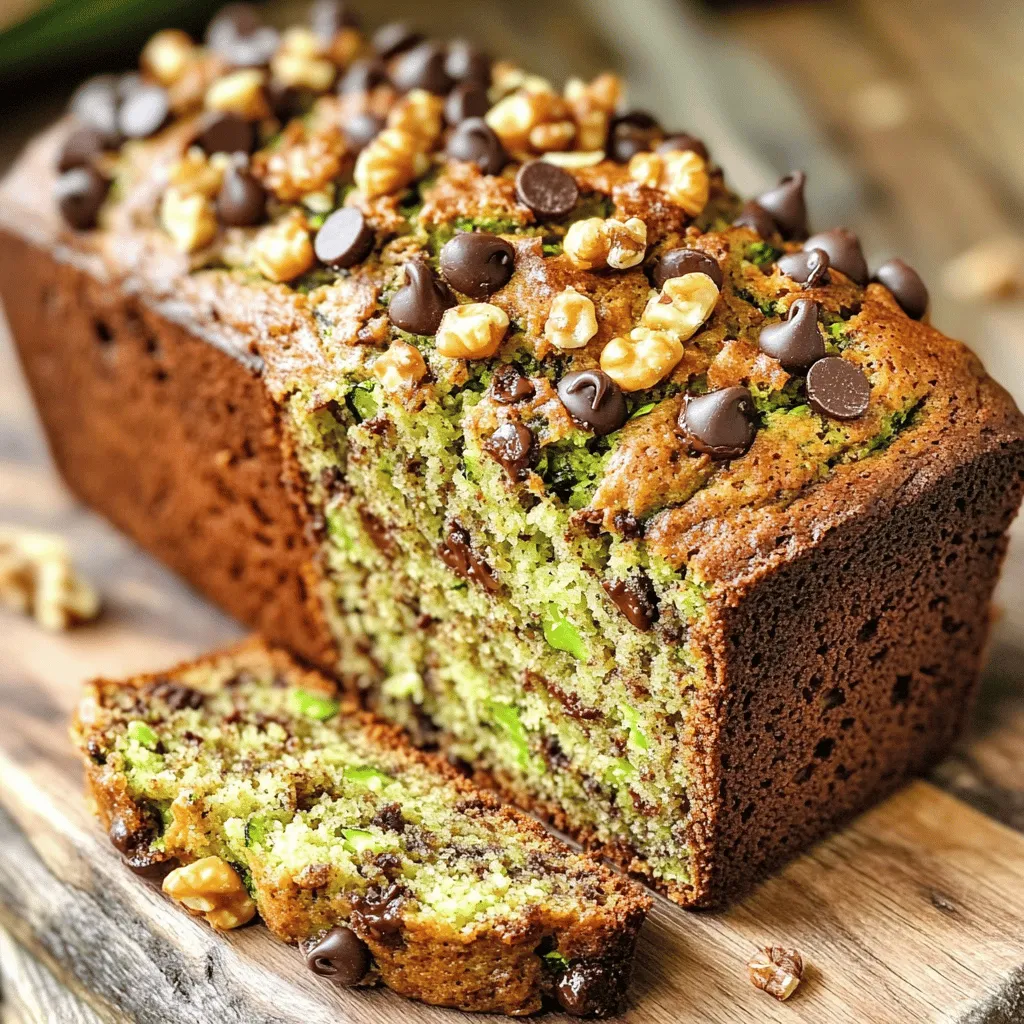 - 1 ½ cups grated zucchini (about 1 medium zucchini) - 1 cup all-purpose flour - ½ cup whole wheat flour - ½ teaspoon baking soda - ½ teaspoon baking powder - ½ teaspoon salt - 1 teaspoon ground cinnamon - ½ cup granulated sugar - ½ cup brown sugar, packed - 2 large eggs, at room temperature - ⅓ cup vegetable oil - 1 teaspoon vanilla extract - 1 cup chocolate chips (semi-sweet or dark) - ½ cup chopped walnuts (optional) The main ingredient here is grated zucchini. This adds moisture and nutrition. It keeps the bread soft and tender. The all-purpose and whole wheat flours give it structure. Baking powder and baking soda help it rise well. You’ll use both granulated and brown sugar. The granulated sugar sweetens, while brown sugar adds depth. Eggs bind everything together, and oil keeps it moist. Vanilla extract enhances the flavor, while chocolate chips provide that sweet, rich taste. If you like, add walnuts for crunch and flavor. - Alternatives for All-Purpose Flour: You can use almond flour or oat flour. Both work well. - Sugar Substitutions: Try honey or maple syrup. Use less since they are sweeter. - Dairy-Free Options: Use almond or coconut milk instead of regular milk. They add nice flavor without dairy. These substitutions can help fit your diet. They allow you to enjoy this tasty bread in many ways. Feel free to experiment! - Preheating the Oven Start by preheating your oven to 350°F (175°C). This step is key. A hot oven helps the bread rise well. - Preparing the Loaf Pan Next, grab a 9x5-inch loaf pan. Grease it with non-stick spray. You can also line it with parchment paper. This way, your bread will come out easily after baking. - Combining Zucchini with Sugars In a large bowl, combine 1 ½ cups of grated zucchini with ½ cup of granulated sugar and ½ cup of brown sugar. Let this mix sit for about 10 minutes. This helps the zucchini release moisture, making the bread soft. - Incorporating Wet Ingredients After the zucchini rests, add 2 large eggs, ⅓ cup of vegetable oil, and 1 teaspoon of vanilla extract. Whisk it all together until you see a smooth mix. - Mixing in Dry Ingredients In another bowl, whisk together 1 cup of all-purpose flour, ½ cup of whole wheat flour, ½ teaspoon of baking soda, ½ teaspoon of baking powder, ½ teaspoon of salt, and 1 teaspoon of ground cinnamon. Gradually add this dry mix to the wet zucchini mixture. Stir gently until just combined. Be careful not to over-mix, or your bread could turn out dense. - Pouring Batter into the Pan Now it’s time to fold in 1 cup of chocolate chips and optional ½ cup of chopped walnuts. Mix until they are evenly spread. Pour the batter into your prepared loaf pan. Smooth the top with a spatula. - Recommended Baking Duration Place your pan in the preheated oven. Bake for about 50 to 60 minutes. - Checking Doneness To check if it’s done, insert a toothpick into the center. If it comes out clean, your bread is ready. Let it cool in the pan for 10 minutes before moving it to a wire rack to cool completely. For the full recipe, check out the detailed instructions above. Enjoy your baking! To make the best chocolate chip zucchini bread, avoid common mistakes. First, remember to squeeze excess moisture from the grated zucchini. Too much water can make the bread soggy. Next, watch your mixing. Over-mixing can lead to a tough loaf. Stir gently until just combined to keep it light and tender. Balancing moisture is key. The combination of zucchini and sugars adds moisture, but don't skip the oil. It keeps the bread soft. If your dough seems too thick, a splash of milk can help. To boost the flavor, consider adding spices. Nutmeg pairs well with cinnamon. Just a pinch can elevate your bread to a new level. You can also try adding a bit of vanilla extract for a richer taste. When it comes to chocolate chips, variety matters. Semi-sweet chips work well, but dark chocolate adds a nice depth. If you like a sweeter bite, milk chocolate is a great choice. You can even mix different types for a fun twist. When serving, slice your bread with a sharp knife. This keeps the slices even and neat. For a lovely touch, serve it warm with a pat of butter. It melts beautifully and adds richness. Garnishing can make your dish stand out. A light dusting of powdered sugar on top adds a sweet touch. You can also sprinkle chopped nuts for extra crunch and flavor. Don't forget to add a few chocolate chips on top for that inviting look. For the full recipe, check out the details above and enjoy your baking! {{image_2}} You can change this recipe in many ways. Adding nuts can give your bread a nice crunch. Walnuts or pecans work well. Just fold in about half a cup along with the chocolate chips. This adds texture and flavor. You can also mix in fruits. Try adding ½ cup of chopped bananas or apples. This can add natural sweetness and moisture. Dried fruits, like cranberries or raisins, can also be great. They add a chewy surprise in every bite. If you need a gluten-free version, use gluten-free flour. Many brands offer good all-purpose blends. They can replace regular flour cup for cup. This way, you can still enjoy the same great taste. For a vegan option, you can swap eggs with flaxseed meal. Mix 1 tablespoon of flaxseed meal with 2.5 tablespoons of water. Let it sit for a few minutes to thicken. You can also use applesauce instead of oil. Replace ⅓ cup of oil with ¼ cup of unsweetened applesauce. This cuts down on fat and adds moisture. In fall, you might want to add pumpkin spice. Just use 1 teaspoon of pumpkin spice instead of cinnamon. This gives your bread a cozy flavor. For the holidays, consider adding a touch of nutmeg or ginger. You can also sprinkle some chocolate chips on top before baking. This makes your bread look festive and tasty. For the full recipe, check out the section on ingredients and instructions. After baking your chocolate chip zucchini bread, let it cool in the pan for 10 minutes. This helps it set. Then, carefully move it to a wire rack. Cooling on a wire rack allows air to circulate. This keeps the bread moist and prevents sogginess. To keep your leftover zucchini bread fresh, store it in the fridge. Use an airtight container or wrap it tightly in plastic wrap. This keeps the moisture in and helps avoid drying out. If you want to save it for later, freezing is a great option. Slice the bread first, then wrap each piece separately. Place them in a freezer bag or airtight container for longer preservation. How long does chocolate chip zucchini bread last? When stored in the fridge, it stays fresh for about a week. If frozen, it can last for up to three months. Check for signs of spoilage before eating. Look for mold or an off smell. If it smells strange or looks odd, it's best to toss it. By following these tips, you can enjoy your chocolate chip zucchini bread at its best. For the full recipe, check out the complete guide above. Yes, you can use frozen zucchini. It works well in this recipe. Tips for Thawing and Using Frozen Zucchini - Thaw the zucchini in the fridge overnight. This keeps it cool. - Squeeze out extra water with a clean cloth. This helps your bread stay firm. - Use it just like fresh zucchini in the recipe. You can make small changes for a healthier bread. Ideas for Reducing Sugar or Adding Nutrients - Cut the sugar by up to half. Use only ¼ cup of each sugar. - Swap some all-purpose flour for oat flour or almond flour. - Add nuts or seeds for extra protein and fiber. - Mix in spices like nutmeg or ginger for flavor without sugar. Pairing adds fun to your baking experience. Recommended Spreads and Beverages - Serve with cream cheese for a tangy touch. - Try almond butter for a nutty flavor. - Enjoy with a cup of coffee or tea. - A glass of cold milk also works great! For the full recipe, check out the detailed instructions above. You learned how to make delicious chocolate chip zucchini bread. We covered key ingredients, substitutions, and preparation steps. You now have tips to perfect your recipe and create fun variations. Remember, baking is as much about creativity as it is about following the rules. Enjoy experimenting with flavors and ingredients. Whether you store it or share it, your zucchini bread will surely impress. Embrace the process, and happy baking!