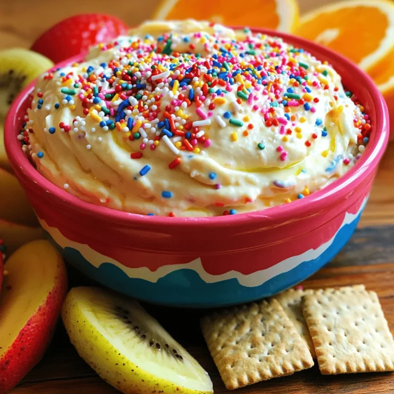 Key Ingredients for Funfetti Cake Batter Dip - 1 cup all-purpose flour (heat-treated for safety) - 1/2 cup unsalted butter, softened - 3/4 cup granulated sugar - 1 tablespoon vanilla extract - 1/4 teaspoon almond extract (optional) - 1 cup powdered sugar - 1/4 cup milk (or as needed) - 1/2 cup rainbow sprinkles - A pinch of salt To make Funfetti Cake Batter Dip, you need some simple items. First, heat-treat the flour. This step is key to make it safe for eating. Start with the flour, then add in softened butter and sugar. Mix until fluffy. Don’t forget the vanilla extract! Optional Ingredients for Added Flavor - 1/4 teaspoon almond extract - Extra sprinkles for garnish The almond extract gives a nice twist. You can add more sprinkles for fun color on top. It makes the dip look great and taste even better! Ingredient Substitutions - Use coconut oil instead of butter for a dairy-free option. - Swap granulated sugar with coconut sugar for a healthier choice. - Use almond milk instead of regular milk for a vegan version. These swaps keep the dip tasty while catering to different diets. Enjoy creating your own version of this fun treat! For the complete recipe, check the Full Recipe section. Heat-Treating the Flour First, we need to make the flour safe. Preheat your oven to 350°F (175°C). Spread one cup of all-purpose flour on a baking sheet. Bake it for 5 to 7 minutes. This step kills any germs. Let the flour cool before using it in the dip. Mixing Base Ingredients In a large bowl, mix together half a cup of softened unsalted butter and three-quarters of a cup of granulated sugar. Use an electric mixer on medium speed. Beat for about 2 to 3 minutes until it is light and fluffy. Next, add one tablespoon of vanilla extract and a quarter teaspoon of almond extract if you want extra flavor. Mix until everything blends well. Adjusting the Dip Texture Now, it's time to add the cooled flour. Gradually mix it in on low speed. Once it's combined, sift in one cup of powdered sugar and a pinch of salt. Mix well. Then, slowly add a quarter cup of milk, one tablespoon at a time. Keep mixing until the dip is smooth yet thick. Folding in Sprinkles With a spatula, gently fold in half a cup of rainbow sprinkles. Make sure the sprinkles are evenly distributed throughout the dip. This adds fun color and a sweet crunch. Chilling the Dip for Optimal Flavors Cover the dip with plastic wrap. Place it in the fridge for at least 30 minutes. Chilling helps the flavors meld together, making it even tastier. Serving Suggestions with Accompaniments When ready to serve, use a colorful bowl for a fun look. You can garnish the top with extra sprinkles. Serve the dip with graham crackers, fruit slices, or pretzels. Each bite will be a sweet treat! For the full recipe, check out the [Full Recipe]. How to Achieve Creaminess To make the dip creamy, use softened butter. This helps blend well with sugar. Mix until light and fluffy. You can use milk to adjust the texture. Add it slowly, one tablespoon at a time. You want a smooth and thick dip. Troubleshooting Texture Issues If your dip is too thick, just add more milk. Mix it in until you reach the right consistency. If it’s too runny, add a bit of powdered sugar. This will help thicken it. Always check the dip before serving. Suggestions for Flavor Variations You can change the flavor by adding extracts. Try adding more vanilla or a hint of almond. For a chocolatey twist, mix in cocoa powder. This gives a new taste to the dip. Try adding crushed cookies for extra crunch. Ideal Pairings for Dip This dip pairs well with many snacks. Serve it with graham crackers for a sweet crunch. You can also use fruit slices like strawberries or apples. Pretzels add a salty contrast. Each option makes the dip more fun to enjoy! For the full recipe, check out the link. {{image_2}} You can change up the Funfetti Cake Batter Dip in fun ways. One tasty option is chocolate. To make chocolate Funfetti Cake Batter Dip, swap some flour for cocoa powder. This gives it a rich, chocolatey taste. You can also mix in chocolate chips for extra sweetness. It’s a party favorite! Seasonal flavors can be fun too. For fall, try a pumpkin spice version. Add pumpkin puree and a bit of pumpkin spice to the mix. This gives the dip a warm, cozy flavor, perfect for autumn gatherings. Make serving more fun with themes. For a birthday party, use colorful bowls and lots of sprinkles. You could even create a dessert bar with various toppings. Think whipped cream, mini cookies, or fruit. This makes it interactive and enjoyable for guests. Dipping options can also be creative. Serve with graham crackers, fruit slices, or pretzels. Each dipper adds a different taste. For a crunchy twist, try potato chips. The sweet and salty mix is amazing! Enjoy experimenting with these fun variations of Funfetti Cake Batter Dip. How long does it last in the fridge? Funfetti Cake Batter Dip stays fresh in the fridge for about 5 days. Make sure to cover it well. This keeps it from drying out and helps the flavors stay strong. Best storage containers to use: Store your dip in an airtight container. Glass containers work best. They help keep the dip fresh and let you see the fun colors inside! Can you freeze Funfetti Cake Batter Dip? Yes, you can freeze this dip! It will last for up to 2 months in the freezer. Just scoop it into a freezer-safe container and seal it tight. How to thaw for best results: To thaw, move the dip to the fridge for 6 to 8 hours. This helps it regain its creamy texture. Before serving, stir it well to mix everything again. Enjoy your dip as if it were fresh! For the full recipe, check out the detailed instructions above. Is it safe to eat raw flour in the dip? No, raw flour can have germs. To be safe, heat-treat the flour first. Spread it on a baking sheet and bake at 350°F for 5-7 minutes. This kills any harmful bacteria. After cooling, your flour is safe to use in the dip. Can you make this dip vegan-friendly? Yes, you can! Use plant-based butter and a non-dairy milk. Replace powdered sugar with a vegan version if needed. The flavor will still be great. Just mix all the ingredients as usual, and enjoy a vegan Funfetti Cake Batter Dip. What to do if the dip is too sweet? If your dip is too sweet, add more milk or heat-treated flour. This helps balance the sweetness. You can also add a pinch of salt to cut the sweet taste. Mix well and taste until it’s just right. How to fix a runny dip? If your dip is runny, add more heat-treated flour or powdered sugar. Mix slowly until it thickens. If it’s still too thin, chill it in the fridge for a bit. This helps the dip firm up and improves the texture. This blog post covered everything you need to make Funfetti Cake Batter Dip. You learned key ingredients and some fun options. I shared tips on achieving perfect texture and flavor. We explored creative variations and ways to serve. Keeping the dip fresh and safe is also important. Remember, you can adapt this recipe to suit your tastes. Enjoy making and sharing your dip at your next party! It's all about having fun with flavor and creativity.