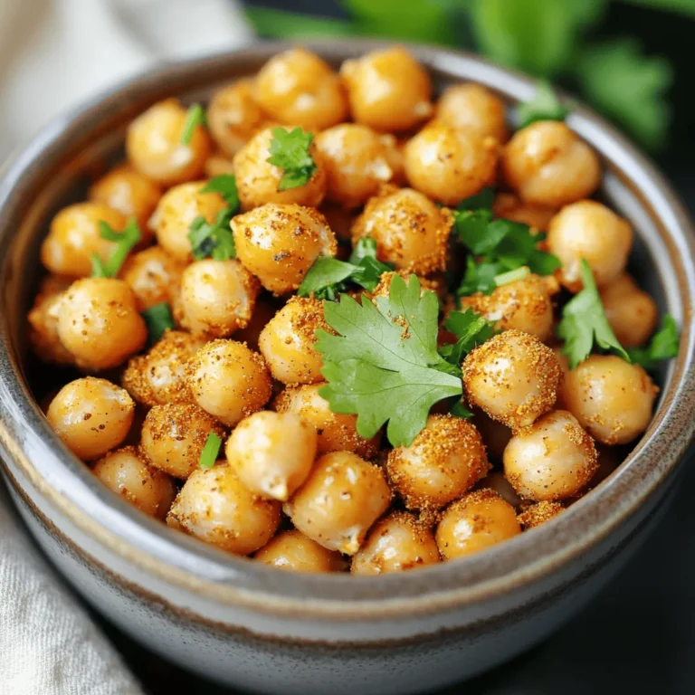 - 1 can (15 oz) chickpeas, drained and rinsed - 1 tablespoon olive oil - 1 teaspoon garlic powder - 1 teaspoon smoked paprika - ½ teaspoon ground cumin - ½ teaspoon salt - ¼ teaspoon black pepper - 1 tablespoon nutritional yeast - Fresh herbs for garnish Crispy air fryer chickpeas are simple and fun to make. The main ingredients are chickpeas, olive oil, and spices. Chickpeas bring a nutty taste. They are packed with protein and fiber. The olive oil helps the chickpeas crisp up nicely in the air fryer. I love adding garlic powder for a punch of flavor. Smoked paprika gives a nice smokiness. Cumin adds a warm note, while salt and black pepper balance everything. For a cheesy flavor, you can add nutritional yeast. It’s optional but tasty! Fresh herbs like parsley or cilantro can brighten up the dish. They make it look pretty, too. This crispy snack is perfect for movie night or a healthy munch during the day. Check the Full Recipe for more details on how to make them! 1. Preheat air fryer to 400°F (200°C) Start by turning on your air fryer. Set it to 400°F. Let it heat for about 5 minutes. This step helps the chickpeas cook evenly and get crispy. 2. Rinsing and drying chickpeas Open the can of chickpeas. Drain them well in a colander. Rinse them under cold water. This removes any extra salt or canning liquid. After rinsing, use a paper towel to pat them dry. Removing moisture is key for crispiness. 1. Toss chickpeas with olive oil and seasonings In a bowl, add the dried chickpeas. Drizzle 1 tablespoon of olive oil over them. Toss well to coat every chickpea. Then, sprinkle garlic powder, smoked paprika, ground cumin, salt, black pepper, and nutritional yeast (if you want a cheesy taste). Mix until they are all covered in spices. 2. Air fry for 15-20 minutes Place the seasoned chickpeas in a single layer in the air fryer basket. Cook for 15 to 20 minutes. Halfway through, shake the basket gently. This ensures they cook and crisp evenly. Keep an eye on them to avoid burning. 1. Cooling and serving suggestions Once the chickpeas are golden brown and crispy, take them out of the air fryer. Let them cool for a few minutes. You can serve them in a small bowl. Garnish with fresh herbs like parsley or cilantro for a nice touch. Enjoy your tasty snack! To get the best crispy chickpeas, dry them well. After rinsing, pat them with a paper towel. This step helps remove excess moisture. If they are wet, they will steam instead of crisp. You want them dry to allow for that perfect crunch. For air fryer settings, I recommend 400°F (200°C). This temperature cooks them fast and evenly. Set your timer for 15 to 20 minutes. Shake the basket halfway through. This helps all sides cook evenly and get crispy. To boost the flavor, try adding more spices. You can mix in cayenne for heat or even cinnamon for a sweet twist. For a fresh taste, use herbs like thyme or rosemary. The options are endless! Different oils can also change the flavor. Olive oil is great, but avocado oil works well too. It has a high smoke point, which is perfect for air frying. You can even try flavored oils for a unique taste. {{image_2}} You can create many tasty flavors for your crispy air fryer chickpeas. Here are two popular options: - Sweet variations for a dessert snack: Try adding cinnamon and a bit of sugar. This mix gives a sweet crunch. You can also use maple syrup for a sticky touch. Toss the chickpeas in these flavors after cooking for a delightful treat. - Savory herb blends: Mix dried herbs like rosemary, thyme, or oregano. These herbs add a fresh taste. You can also use a bit of lemon zest for a bright flavor. This blend works great as a topping for soups or salads. Crispy air fryer chickpeas fit many diets. Here are some ways to adapt them: - Vegan and gluten-free options: This recipe is naturally vegan and gluten-free. You can enjoy them without any worry. Just check your spices to ensure they are gluten-free. - Health tips for added nutrition: You can boost nutrition by adding seeds like chia or flaxseed. These seeds add fiber and healthy fats. Another option is to sprinkle some nutritional yeast for extra B vitamins. This adds a cheesy taste while keeping it healthy. To store your crispy air fryer chickpeas, use an airtight container. This keeps them fresh and crunchy. If you have any leftovers, they last about 3 to 5 days in the fridge. For longer storage, freeze them. They can stay good for up to 3 months in the freezer. Just make sure to let them cool completely before you store them. When reheating, I recommend using the air fryer again. Set it to 350°F (175°C) for about 5 to 7 minutes. This method helps keep the chickpeas crispy. Avoid using the microwave, as it can make them soft. If you must use the microwave, do it for a short time and enjoy them quickly. To make crispy air fryer chickpeas, follow these simple steps: 1. Preheat your air fryer to 400°F (200°C) for about 5 minutes. 2. Open one 15 oz can of chickpeas. Drain and rinse them well. 3. Pat the chickpeas dry using a paper towel. This helps them get crispy. 4. In a bowl, add the dried chickpeas and 1 tablespoon of olive oil. Toss them until they are well-coated. 5. Add the spices: 1 teaspoon garlic powder, 1 teaspoon smoked paprika, ½ teaspoon ground cumin, ½ teaspoon salt, and ¼ teaspoon black pepper. Toss again to mix. 6. Place the seasoned chickpeas in a single layer in the air fryer basket. 7. Cook for 15-20 minutes. Shake the basket halfway through to ensure even crispiness. 8. When they turn golden brown and crispy, take them out and let them cool. You can boost the flavor of your chickpeas with various spices. Here are some great options: - Cayenne pepper for heat - Italian seasoning for a herby taste - Lemon zest for a zesty kick - Curry powder for a warm flavor - Nutritional yeast for a cheesy taste Feel free to mix and match according to your taste! Yes, you can use dried chickpeas, but they need extra steps. Here’s how: 1. Soak the dried chickpeas overnight in water. 2. Drain and rinse them. 3. Cook them until tender. This usually takes about 1-2 hours. 4. Once cooked, follow the same steps as with canned chickpeas. Using dried chickpeas might take longer, but they taste fresh and delicious! Air frying chickpeas offers a tasty, healthy snack. We covered the key ingredients, from chickpeas to olive oil. I shared cooking steps and tips to achieve the perfect crispiness. You can explore flavor variations and storage tips for leftovers too. Whether you enjoy them sweet or savory, this simple recipe is flexible. Try it out and make your own version. Remember to experiment with spices for new tastes. Enjoy your crispy chickpeas!