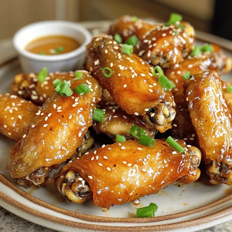 - Chicken Wings: Use 2 pounds of fresh chicken wings. Look for plump wings with skin. - Honey: Choose a light or wildflower honey for a sweet flavor. - Soy Sauce: Use low-sodium soy sauce for less salt. It balances well with honey. - Garlic and Ginger: Fresh garlic and ginger give the best taste. Use 3 cloves of garlic and 1 tablespoon of grated ginger. - Chili Flakes: Add 1 teaspoon for heat. Adjust based on your spice level. - Sesame Oil: A teaspoon adds depth. Choose a good quality oil for better flavor. - Garnishes: Top with sesame seeds and chopped green onions for a nice finish. For the complete recipe, check the Full Recipe section. Start by patting the chicken wings dry with paper towels. This step is key for crispiness. Moisture on the wings can lead to sogginess. After drying, season the wings with salt and pepper. This simple seasoning enhances the flavor a lot. In a separate bowl, whisk together the main marinade ingredients. You will need honey, soy sauce, minced garlic, grated ginger, sesame oil, and optional chili flakes. Mix well until everything combines smoothly. This marinade gives the wings a rich, sweet, and savory taste. Pour the marinade over the chicken wings. Toss them to coat evenly. Cover the bowl with plastic wrap or use a ziplock bag. Refrigerate for at least 1 hour. For more flavor, marinate overnight if you can. This helps the wings soak up all the delicious flavors. Preheat your air fryer to 400°F (200°C). This step takes about 5 minutes. A hot air fryer cooks the wings evenly. Place the marinated wings in the air fryer basket in a single layer. Avoid overcrowding to ensure they cook well. Cook for 25-30 minutes, turning them halfway through to get golden brown. In the last 5 minutes of cooking, brush the wings with some reserved marinade. This adds more flavor right before serving. It makes the wings even tastier and glossier. Once cooked, take the wings out of the air fryer. Garnish them with sesame seeds and chopped green onions. Serve these wings warm with your favorite dipping sauce on the side. Plating them nicely makes the dish more inviting. For the full recipe, visit the recipe section above. To get crispy wings, start by drying them well. You can pat them with paper towels. This extra drying helps remove moisture. Less moisture means more crispiness! Another tip is to avoid overcrowding the air fryer. Cook in batches if needed. This gives each wing space to get crispy all around. You can easily tweak the sweetness of the marinade. If you want it sweeter, add more honey. To spice it up, mix in extra chili flakes. You can also try different sauces. Teriyaki or barbecue sauce can change the flavor completely. Feel free to experiment to find what you love best! Using a meat thermometer is a smart way to check doneness. The wings should reach 165°F (75°C) to be safe to eat. If you have leftovers, reheat them in the air fryer for maximum crispiness. Heat them at 375°F (190°C) for about 5-10 minutes. This keeps them crunchy and delicious! For the full recipe, check it out [Full Recipe]. {{image_2}} You can enjoy honey garlic wings in different ways. First, try oven-baked honey garlic wings. Preheat your oven to 400°F (200°C). Spread the wings on a baking sheet. Bake for 30-35 minutes. Flip them halfway for even cooking. This method gives a nice crunch and is easy to do. Next, consider grilled honey garlic wings for summer days. Marinate the wings as usual. Preheat your grill on medium heat. Grill the wings for about 20 minutes. Turn them often to avoid burning. This method adds a smoky flavor that is hard to resist. Want to change things up? Add pineapple juice to your marinade for a tropical twist. This adds sweetness and acidity, making the wings even more tasty. You can also mix in teriyaki or barbecue sauce. These flavors bring a new dimension that will impress your guests. If you need gluten-free options, look for soy sauce substitutes. Coconut aminos is a great choice. It has a similar taste without gluten. For those on a keto diet, use sugar-free honey or a monk fruit sweetener. This helps keep the wings low in carbs while still being delicious. To keep your honey garlic air fryer chicken wings fresh, refrigerate them in an airtight container. They last up to four days in the fridge. For best taste, use a glass or plastic container with a tight lid. This helps keep moisture in and prevents odors from mixing. When it’s time to enjoy your wings again, the air fryer is your best friend. Preheat it to 375°F (190°C). Reheat the wings for about 5-7 minutes. This method keeps them crispy. For flavor, brush a little extra honey or marinade on them before reheating. You can freeze cooked wings if you want to store them longer. Place them in a single layer on a baking sheet first. Freeze them for about two hours until solid. Then, transfer the wings to a freezer bag. They stay fresh for up to three months. When ready, thaw them in the fridge overnight. Reheat as mentioned above for the best results. Yes, you can use frozen chicken wings. Just remember to thaw them first. It helps ensure even cooking. You can thaw them in the fridge overnight or use cold water for a quick thaw. After thawing, pat them dry and proceed with the recipe. Honey garlic chicken wings pair well with many sides. Here are some great options: - Fresh vegetable sticks like carrots and celery - Creamy ranch or blue cheese dip - Crispy French fries or sweet potato fries - A light salad to balance the flavors These sides enhance the meal and add freshness. To check if your wings are done, look for a few signs: - The wings should be golden brown and crispy. - The internal temperature should reach 165°F (74°C). - The juices should run clear when you cut into a wing. Using a meat thermometer is a great way to ensure they are safe to eat. Absolutely! You can make the marinade a day ahead. Just store it in the fridge until you're ready. This makes the flavors richer and saves you time on cooking day. For other types of wings, the settings may vary slightly. Here are some tips: - Cook at 400°F (200°C) for most wings. - Cooking time can range from 20 to 30 minutes. - Always check the internal temperature for safety. Adjusting cooking times helps you achieve the perfect crunch for any wing type. For the full recipe, check out the details above! Making honey garlic air fryer chicken wings is simple and fun. You can adjust flavors with different ingredients to match your taste. Whether you prefer sweet, spicy, or smoky notes, this recipe offers plenty of ways to customize your wings. Remember to prepare them correctly for the best crispiness. Store leftovers properly for future enjoyment. With these tips and variations, you can impress friends and family at any meal. Enjoy your cooking and make the perfect wings every time!