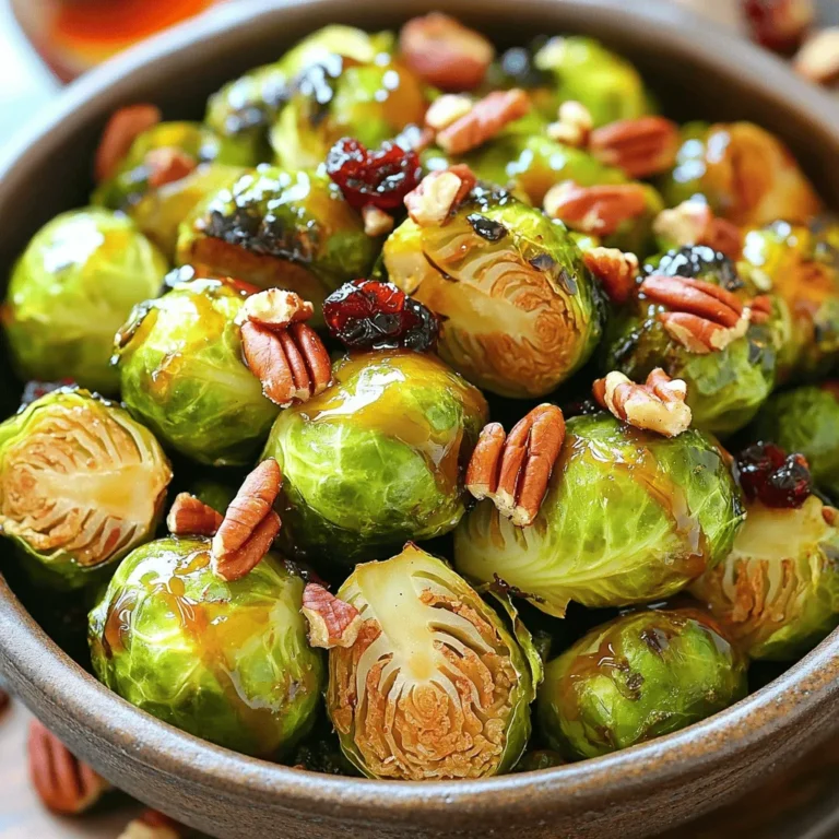 - 1 pound fresh Brussels sprouts - 3 tablespoons olive oil - 3 tablespoons pure maple syrup - 1 teaspoon Dijon mustard - 1 teaspoon garlic powder - Salt and pepper to taste - 1/4 cup pecans, chopped - 1/4 cup dried cranberries - Baking sheet - Mixing bowl - Whisk Gathering the right ingredients is key to making the best maple roasted Brussels sprouts. You want fresh sprouts for the best flavor. Look for bright green, firm Brussels sprouts. Trim them by cutting off the stem ends and halving each one. The olive oil adds richness. Pure maple syrup brings sweetness and a nice glaze. Dijon mustard gives a slight tang that balances the dish. Garlic powder adds depth. Salt and pepper will enhance all the flavors. If you want to add extra crunch, include chopped pecans. They give a nice texture and nutty flavor. Dried cranberries offer a sweet contrast. They also add a pop of color. For this recipe, a baking sheet is essential. It allows for even roasting. A mixing bowl and whisk help you combine the ingredients smoothly. All these tools make the process easy and fun. You can find the full recipe to make this delightful dish and impress your family or friends! - Preheat the oven to 400°F (200°C). - Trim and halve the Brussels sprouts. First, set your oven to 400°F (200°C). This heat makes the sprouts crispy and sweet. Next, take a pound of fresh Brussels sprouts. Trim the hard ends off each sprout. Then, cut them in half. This helps them cook evenly and soak in the flavors. - Combine olive oil, maple syrup, Dijon mustard, garlic powder, salt, and pepper in a bowl. - Whisk until well blended. In a large mixing bowl, add three tablespoons of olive oil. Then, pour in three tablespoons of pure maple syrup. Next, add one teaspoon of Dijon mustard and one teaspoon of garlic powder. Season with salt and pepper to taste. Whisk these ingredients together until they blend well. This mixture will coat the Brussels sprouts and give them a sweet, rich flavor. - Toss Brussels sprouts in the maple mixture. - Spread on a baking sheet and roast for 20-25 minutes. Now, add the halved Brussels sprouts to your bowl. Toss them gently in the maple mixture until they're fully coated. Next, spread them out in a single layer on a baking sheet. This helps them roast evenly. Roast them in the oven for 20 to 25 minutes. Toss them halfway through for even cooking. They should turn golden brown and crispy on the edges. If you want a pop of color and flavor, sprinkle some dried cranberries over them in the last five minutes. After roasting, let them cool for a few minutes before serving. Enjoy this delightful dish! For the full recipe, check out the details above. To get crispy edges on your Brussels sprouts, follow these tips: - Cut them properly: Halve each sprout to increase surface area. - Use enough oil: Olive oil helps with crisping. Don't skimp! - Spread them out: Make sure the sprouts are in a single layer on the baking sheet. - Toss halfway: This step is key. Tossing them midway helps them brown evenly. Balancing sweetness with savory flavors is essential for a great dish. Here’s how: - Add Dijon mustard: It brings a nice tang that cuts through the sweetness. - Use garlic powder: This adds depth and richness. - Try some spices: Consider adding chili powder or smoked paprika for a kick. You can even add bacon for more savory taste. Serving your Maple Roasted Brussels Sprouts well makes a big difference. Here are my favorite ideas: - Use a rustic bowl: This gives a warm, inviting feel to your dish. - Garnish: Add extra pecans and cranberries on top for color and texture. - Drizzle more maple syrup: Just before serving, a light drizzle adds extra sweetness and shine. For the full experience, check out the Full Recipe. {{image_2}} You can add bacon for a savory twist. The crispy bits of bacon enhance the dish's flavor. Just cook the bacon first, then mix it in before roasting. You can also try spices like chili powder or smoked paprika. They add a hint of heat and depth. A sprinkle of either will make your sprouts pop with flavor. If you want vegan options, swap the Dijon mustard for a vegan version. You can also use maple syrup without any animal products. For gluten-free needs, check the mustard and syrup labels. Most are gluten-free, but it’s good to confirm. This way, everyone can enjoy the meal without worry. You can mix in seasonal vegetables like carrots or sweet potatoes. They roast well and add great color. For holidays, adjust the flavors with nutmeg or cinnamon. These spices fit well for festive occasions. You can even serve them at Thanksgiving for a new twist on a classic side dish. For the full recipe, check the main section. To keep your Maple Roasted Brussels Sprouts fresh, store them in an airtight container. Place them in the fridge right after they cool. They stay fresh for about three days. After that, they may lose their great taste and texture. To reheat, I suggest using the oven. Preheat it to 350°F (175°C). Place the sprouts on a baking sheet and heat for about 10-15 minutes. This method helps keep them crispy. You can also use a skillet. Heat the skillet over medium heat and toss the sprouts for a few minutes. This also helps them stay crunchy. Yes, you can freeze Maple Roasted Brussels Sprouts! First, let them cool completely. Then, spread them out on a baking sheet and freeze for about one hour. Once frozen, transfer them to a freezer bag. They can last for up to three months. To thaw, just place them in the fridge overnight. Reheat as usual to enjoy their flavor again. What’s the best way to trim Brussels sprouts? To trim Brussels sprouts, start by removing the outer leaves. Cut off the tough stem end. Then, slice each sprout in half. This method helps them cook evenly. How do I know when Brussels sprouts are done roasting? Brussels sprouts are done when they are golden brown and crispy on the edges. You can check by piercing one with a fork. It should feel tender inside. Caloric breakdown of the recipe. One serving of Maple Roasted Brussels Sprouts has about 150 calories. This includes the olive oil and maple syrup. The exact amount may vary based on optional ingredients. Nutritional benefits of Brussels sprouts. Brussels sprouts are rich in vitamins C and K. They also provide fiber, which helps digestion. Eating Brussels sprouts may support heart health and reduce inflammation. What to serve with Maple Roasted Brussels Sprouts. These sprouts pair well with roasted chicken or turkey. They also complement wild rice or quinoa nicely. For a vegetarian option, try them with lentils or chickpeas. Pairing ideas for different occasions. For holiday meals, serve them with mashed potatoes and gravy. At a casual dinner, enjoy them with grilled steak or fish. They can also be a great side for a simple salad. In this article, we explored how to make Maple Roasted Brussels Sprouts. I shared the main and optional ingredients, equipment you need, and step-by-step instructions. We discussed tips for crispy edges and flavor balance. You can easily adapt this dish for any season or dietary need. Remember to store and reheat leftovers properly for the best taste. Enjoy your tasty Brussels sprouts, and don’t be afraid to experiment with flavors. This dish can impress at any meal or occasion. Happy cooking!