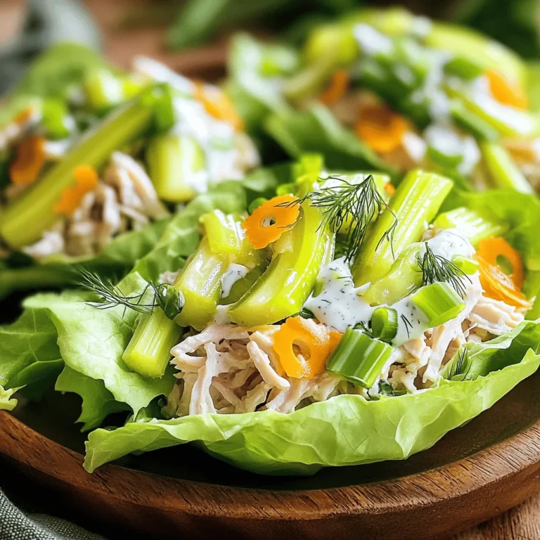 To make Pickle Ranch Chicken Salad Lettuce Wraps, gather these key ingredients: - 2 cups cooked chicken, shredded or diced - 1/2 cup dill pickles, finely chopped - 1/2 cup Greek yogurt (or mayonnaise) - 1/4 cup ranch dressing - 1/4 cup celery, finely chopped - 2 tablespoons green onions, sliced - 1 tablespoon Dijon mustard - Salt and pepper to taste - 8 large lettuce leaves (such as romaine or butter lettuce) Each ingredient adds its own flavor and texture. The chicken gives protein, while pickles and celery add crunch. The dressing brings it all together. You can make your wraps even better with some optional toppings. Here are a few ideas: - Additional pickles for extra tang - Fresh dill for a burst of flavor - A sprinkle of paprika for color and spice Adding these toppings can enhance your dish and make it more fun to eat. You might want to change some ingredients based on what you have. Here are some easy swaps: - Use rotisserie chicken for quick prep. - Swap Greek yogurt for sour cream for a creamier taste. - Try different lettuce types like iceberg or butter lettuce. These changes can help you customize your salad to fit your taste or what’s in your kitchen. For the full recipe, check out the details shared earlier. First, gather your ingredients. You will need cooked chicken, dill pickles, Greek yogurt, ranch dressing, celery, green onions, Dijon mustard, salt, and pepper. Chop the dill pickles and celery finely. Shred or dice the cooked chicken into small pieces. This makes mixing easier and tastier. In a large mixing bowl, combine the chicken, chopped pickles, and celery. In another bowl, mix the Greek yogurt (or mayonnaise), ranch dressing, Dijon mustard, salt, and pepper. Whisk until smooth and creamy. Pour this dressing over the chicken mixture. Gently fold everything together until it is well coated. Finally, add the sliced green onions and mix gently again. Now, you will prepare the lettuce wraps. Take eight large lettuce leaves, such as romaine or butter lettuce. Arrange them on a plate. Spoon the chicken salad mixture into the center of each leaf. Be careful not to overfill them, or they may break. You want them to hold together nicely. For a pretty plate, consider garnishing your wraps. Add extra pickles, a sprinkle of dill, or a dash of paprika on top. This adds color and flavor. Serve the wraps fresh for the best taste. Enjoy your Pickle Ranch Chicken Salad Lettuce Wraps as a light meal or snack. For the full recipe, check the earlier section. When picking lettuce, look for fresh, crisp leaves. Romaine and butter lettuce work best. They hold the filling well without tearing. Avoid any wilted or brown spots. Fresh lettuce gives your wraps a crunchy bite. Store leftover chicken salad in an airtight container. It can last in the fridge for up to three days. Keep the lettuce separate to stay crisp. This way, you can enjoy fresh wraps later. To save time, make the chicken salad ahead of time. You can prepare it a day or two in advance. Just mix everything except the lettuce. When ready to eat, scoop the salad into fresh lettuce leaves. This keeps your wraps crunchy and tasty. For the full recipe, check out the notes above! {{image_2}} You can easily swap out chicken in this recipe. Try cooked turkey, shredded beef, or even canned tuna. Each protein brings a new taste. If you want a heartier meal, use diced hard-boiled eggs. They add protein and a creamy texture. Want to kick up the heat? Add diced jalapeños or a splash of hot sauce. For a sweeter twist, mix in a bit of honey or diced apples. Both options create a fun flavor balance. Experiment to find what you love best. If you prefer a plant-based meal, replace chicken with chickpeas or tofu. Use vegan mayo instead of Greek yogurt or regular mayo. You can also add more veggies like bell peppers or carrots. This way, you get a fresh, nutritious salad without any meat. For the full recipe, don’t forget to check out the details above! To keep your pickle ranch chicken salad fresh, store it in an airtight container. This helps prevent the salad from drying out and losing flavor. If you have extra dressing, keep it separate. This way, lettuce wraps stay crisp when you eat them later. You can keep the salad in the fridge for about three days. After that, the taste and texture may change. Always check for any signs of spoilage before eating. If it smells off or looks strange, it's best to throw it away. Freezing this salad is not ideal because the texture will change. The lettuce will become soggy when thawed. However, you can freeze the chicken salad mix without the lettuce. Just place it in a freezer-safe bag or container. It can last up to three months in the freezer. When you're ready to eat, thaw it in the fridge overnight. Then, add fresh lettuce leaves before serving. For the full recipe, check the main article. Yes, rotisserie chicken works great in this recipe. It saves time and adds flavor. Shred or dice the chicken as needed. This makes meal prep quick and easy. Plus, it keeps the dish juicy. You can use any leftover rotisserie chicken you have. Just remember to remove the skin for a lighter option. Romaine and butter lettuce are the best choices for wraps. They are sturdy and hold fillings well. Romaine gives a nice crunch, while butter lettuce is soft and sweet. You can also try green leaf or iceberg lettuce. Avoid thicker leaves, as they may be hard to bite into. Choose the lettuce based on your preference for texture. To lighten the salad, use Greek yogurt instead of mayonnaise. Greek yogurt adds creaminess without extra fat. You can also cut down on ranch dressing. Add more herbs and spices for flavor. Replace some of the chicken with more veggies like cucumbers or bell peppers. This keeps it fresh and adds crunch. For a lighter dressing, mix lemon juice and herbs instead. You can find the Full Recipe for more details. In this post, we explored how to make Pickle Ranch Chicken Salad Lettuce Wraps. You learned about the main ingredients, optional toppings, and substitutions. We also covered preparation steps, assembly tips, and serving ideas. Remember, you can adjust this recipe with different proteins and flavors. With the right lettuce and storage tips, you can enjoy this dish anytime. Try making it ahead for easy meal prep. Embrace the variations and make it your own!