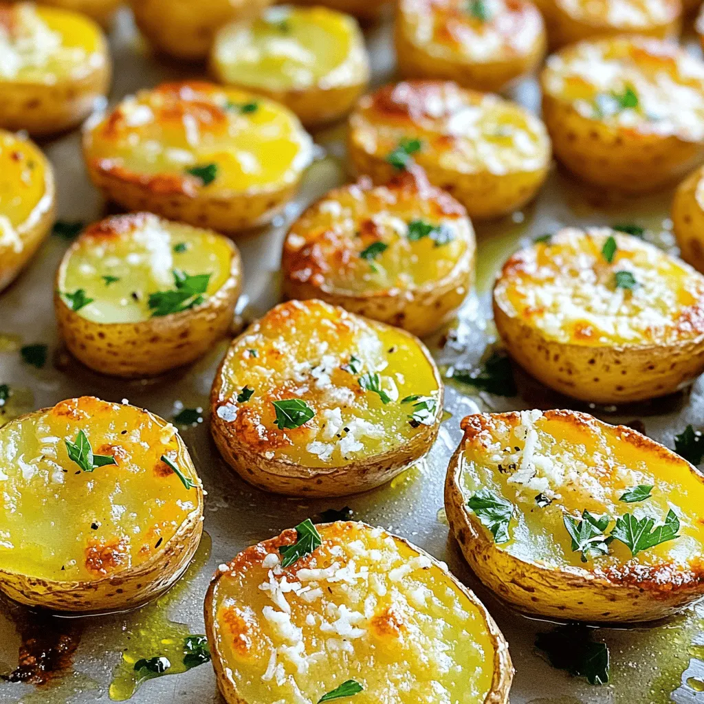 To make Roasted Garlic Parmesan Potatoes, you need these simple items: - 2 pounds baby potatoes - 4 cloves minced garlic - 1/3 cup grated Parmesan cheese These baby potatoes are small and tender. Their skin crisps up nicely. Garlic adds rich flavor, while Parmesan gives a salty, cheesy touch. Next, you will combine these seasonings: - 3 tablespoons olive oil - 1 teaspoon dried Italian herbs - 1 teaspoon sea salt - 1/2 teaspoon black pepper Olive oil helps the potatoes get crispy. Dried Italian herbs add a nice mix of flavors. Sea salt and black pepper enhance everything perfectly. For a fresh finish, you’ll want: - Fresh parsley, chopped Chopped parsley adds color and a hint of freshness. It makes your dish look great and taste better. This recipe is simple yet full of flavor. It's a great way to impress your family or friends. For the full recipe, check the details provided earlier. - Preheat the oven to 400°F (200°C). - In a large mixing bowl, combine 2 pounds of halved baby potatoes, 4 cloves of minced garlic, 3 tablespoons of olive oil, 1 teaspoon of dried Italian herbs, 1 teaspoon of sea salt, and 1/2 teaspoon of black pepper. Toss until the potatoes are well coated. This step is key. The oil helps the garlic and herbs stick to the potatoes, making them flavorful. - Spread the seasoned potatoes evenly on a baking sheet, cut side down. Placing the potatoes cut side down ensures that they get crispy. Roast them in the preheated oven for 25-30 minutes. You want them golden brown and tender when pierced with a fork. - Remove the potatoes from the oven and immediately sprinkle 1/3 cup of grated Parmesan cheese over the hot potatoes. The heat will melt the cheese, making it delicious. Toss the potatoes gently to coat them with the melted cheese. Finish by garnishing with fresh chopped parsley for a burst of color and freshness. This adds a lovely touch to your dish! For the full recipe, check out the detailed instructions. Enjoy your crispy, savory roasted garlic Parmesan potatoes! To get those crispy edges, always place the cut side down on the baking sheet. This contact with the pan helps them crisp up nicely. The ideal roasting time is between 25 to 30 minutes at 400°F (200°C). Keep an eye on them, as ovens may vary. You can play with flavors by adding different herbs or spices. Try rosemary or paprika for a new twist. If you want something different from Parmesan, consider using Pecorino Romano or nutritional yeast for a vegan option. For a visually appealing dish, serve the potatoes in a colorful bowl. A sprinkle of fresh parsley adds a lovely touch. These potatoes pair well with grilled chicken or salmon for a complete meal. They also make a great side for a hearty steak or a fresh salad. For the full recipe, check out the details above. Enjoy your cooking! {{image_2}} You can easily change the herbs in this recipe. Try using dried rosemary or thyme instead of Italian herbs. These herbs add a different taste but still taste great. If you want a fresher taste, use fresh herbs. Chop up some basil or parsley and mix them in before roasting. Fresh herbs give a bright flavor that works well with the garlic and cheese. To make these potatoes gluten-free, simply follow the recipe as is. All the ingredients are naturally gluten-free. For those who are vegan, you can swap out the Parmesan cheese. Use nutritional yeast to give that cheesy flavor without dairy. You can also find vegan cheese that melts well for a similar taste. Add a twist by mixing in lemon zest. The zest adds a fresh, zesty note that brightens the dish. If you enjoy heat, sprinkle in some chili flakes for a spicy kick. You can also toss in other veggies, like bell peppers or carrots. These additions will roast nicely and add even more flavor and color to your dish. For the full recipe, check out the sections above. To store leftovers, let the potatoes cool first. Place them in an airtight container. This keeps them fresh. Store the container in the fridge. They last about three days. For the best taste, eat them sooner. When reheating, I suggest using an oven. Preheat it to 375°F (190°C). Spread the potatoes on a baking sheet. This helps them stay crispy. Heat them for about 10 to 15 minutes. You can also use an air fryer. It works well for keeping that crunch. If you want to freeze roasted potatoes, first let them cool completely. Spread them on a baking sheet in a single layer. Freeze for about an hour. Once frozen, transfer them to a freezer bag. Remove as much air as possible. To thaw, leave them in the fridge overnight. Reheat them in the oven or air fryer for the best results. Enjoy your Roasted Garlic Parmesan Potatoes even later! Check the [Full Recipe] for more details. Roasted Garlic Parmesan Potatoes can last about 3 to 5 days in the fridge. To keep them fresh, store them in an airtight container. This helps maintain their crispy texture and flavor. If you notice any moisture in the container, it’s best to change it. Before serving leftovers, warm them in the oven. This helps bring back their crispiness. Yes, you can use regular potatoes. However, this will change the cooking time and texture. Regular potatoes take longer to cook than baby potatoes. Cut them into smaller chunks for even cooking. They may also be starchier, making them creamier inside, while baby potatoes stay firm. This gives you a different eating experience, but both are tasty! Roasted Garlic Parmesan Potatoes pair well with many dishes. Here are some great ideas: - Grilled chicken or steak - A fresh garden salad - Steamed green beans - Roasted vegetables - Creamy coleslaw These side dishes complement the flavors and add variety to your meal. Try different combinations to find your favorite! For more details, check the Full Recipe. We covered the key ingredients and steps to make Roasted Garlic Parmesan Potatoes. You learned how to prepare, roast, and enhance your dish with tips and variations. Each option allows you to customize flavors and meet dietary needs. Remember these simple methods to store leftovers and reheat for perfect crispiness. Enjoy your cooking and impress others with this easy and tasty recipe. Delicious results await you!