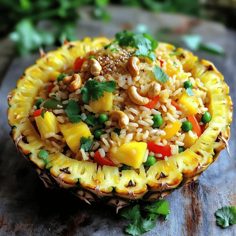 When making pineapple fried rice, the right mix of ingredients makes all the difference. Here’s what you need to gather: - 2 cups cooked jasmine rice (preferably chilled) - 1 ripe pineapple, diced (reserve some for garnish) - 1 cup mixed bell peppers (red, yellow, green), chopped - 1 cup frozen peas - 3 green onions, chopped (white and green parts separated) - 2 cloves garlic, minced - 2 tablespoons soy sauce - 1 teaspoon sesame oil - 1 teaspoon curry powder - Salt and pepper to taste - 2 tablespoons vegetable oil - 1/4 cup cashews or peanuts (optional) - Fresh cilantro for garnish Each ingredient plays a key role. The fragrant jasmine rice is light and fluffy, perfect for fried rice. The pineapple adds a sweet and tangy taste, balancing the savory flavors. Using chilled rice is important. It helps prevent clumping and ensures even cooking. Fresh bell peppers bring color and crunch, while peas add a hint of sweetness. Garlic gives depth to the dish, and the green onions add a fresh bite. Soy sauce and sesame oil provide umami and richness. Curry powder introduces warmth and spice. Salt and pepper enhance all the flavors. Finally, cashews or peanuts offer a nice crunch, and cilantro adds a burst of freshness. For a detailed guide on making this dish, refer to the Full Recipe. Using chilled jasmine rice makes a big difference. Chilled rice prevents clumping and helps achieve a fluffy texture. If you use fresh-cooked rice, it will be sticky. Let your rice cool completely before using it. Spread it on a baking sheet for quick cooling. Prepping your ingredients ahead of time is key. Chop all veggies and pineapple before cooking. This makes cooking faster and more fun. Having everything ready lets you focus on stir-frying without rushing. 1. Heat 1 tablespoon of vegetable oil in a large wok or frying pan over medium-high heat. 2. Add minced garlic and the white parts of the green onions. Stir-fry for about 30 seconds until fragrant. 3. Toss in the mixed bell peppers and frozen peas. Cook for about 2-3 minutes until they soften. 4. Push the veggies to one side of the pan. Add another tablespoon of vegetable oil. 5. Add the chilled jasmine rice, breaking up any clumps as you go. 6. Pour in soy sauce, sesame oil, and curry powder. Stir well to coat the rice evenly. 7. Mix in the diced pineapple and cook for another 2-3 minutes until heated through. 8. Season with salt and pepper. If you like, add cashews or peanuts and stir. 9. Remove from heat and garnish with the green parts of the green onions and fresh cilantro. Add reserved pineapple pieces on top for a nice touch. For best results, use a wok or a large frying pan. This allows for even heat and good stir-frying. Make sure you have a spatula to toss and mix everything well. Cooking time matters. Each step should take about 2-3 minutes, ensuring the veggies stay crisp. Stir-fry quickly to enhance flavor and keep things bright. High heat helps the dish cook evenly. Use a gentle folding motion to combine ingredients without breaking the rice. This method keeps the dish light and full of flavor. Enjoy your cooking adventure with this vibrant dish! To make the best pineapple fried rice, avoid common mistakes. One big mistake is using fresh rice. Always use chilled, cooked jasmine rice. Fresh rice clumps and becomes mushy. Another mistake is overcooking the veggies. Keep them crisp and colorful. Stir-fry them just until tender. This adds nice texture to your dish. For the best texture, stir-fry in small batches. This lets the heat spread evenly. It helps each grain of rice get a nice golden color. Present your dish in a fun way. Serve the rice in a hollowed-out pineapple half. This adds a tropical touch. It impresses your guests while keeping it playful. Pair your pineapple fried rice with fresh, cold drinks. Serve it with a light lemonade or coconut water. These drinks balance the dish's flavors perfectly. To make your fried rice pop, add spices. A bit of chili powder can bring heat. You can also try a splash of fish sauce for depth. Fresh herbs brighten your dish. Chopped cilantro adds a lovely aroma. You can also use fresh basil or mint for a twist. For a complete recipe, check the Full Recipe section to explore all the details! {{image_2}} You can easily make pineapple fried rice vegetarian or vegan. For protein, you can use tofu or tempeh. Tofu adds a nice texture, while tempeh gives a nutty flavor. Both options soak up the flavors well. Add more veggies to the mix! Consider mushrooms for umami, carrots for sweetness, or snap peas for crunch. These additions make your dish colorful and tasty. Different cultures have fun twists on pineapple fried rice. For a Thai-inspired version, add shrimp paste or fish sauce for depth. You can also include basil or cilantro for freshness. If you want a Caribbean vibe, try adding allspice or jerk seasoning. These spices bring warmth and a little heat, transforming your dish into a tropical getaway. If you follow a gluten-free diet, look for gluten-free soy sauce. Brands like Tamari work well and taste great. For those cutting carbs, swap jasmine rice for cauliflower rice. This change keeps the texture while lowering carbs. Plus, cauliflower absorbs flavors nicely, so your fried rice remains delicious. To keep your pineapple fried rice fresh, store leftovers in airtight containers. This keeps out air and moisture. Place the containers in the fridge right away. For longer storage, you can freeze the fried rice. Portion it into small containers for easy access. When you're ready to eat, there are two good options for reheating. You can use the microwave or the stovetop. The microwave is quick, but it may make the rice a bit soft. The stovetop is better for keeping the texture. Just add a splash of water and heat over low heat for about five minutes. Pineapple fried rice lasts about three to four days in the fridge. After that, it may spoil. Watch for signs of spoilage like off smells or unusual colors. If you see any of these, it's best to throw it out. Enjoy your delicious meal safely! For the full recipe, check out the Tropical Pineapple Fried Rice section. How do you make Pineapple Fried Rice from scratch? To make Pineapple Fried Rice from scratch, you need cooked jasmine rice. Use chilled rice for the best texture. Start by stir-frying garlic and green onions in oil. Add chopped bell peppers and peas. Mix in the rice, soy sauce, sesame oil, and curry powder. Finally, fold in the diced pineapple. Heat until warm and serve. For the full recipe, check the details above. Can I use fresh pineapple instead of canned? Yes! Fresh pineapple works great in this dish. It adds a bright, juicy flavor. Just cut the pineapple into small pieces. Make sure to remove the core for the best taste. What type of rice is best for fried rice? The best rice for fried rice is jasmine rice. It has a light and fluffy texture. Chilled rice is ideal because it prevents clumping. Leftover rice from the day before is also perfect. Can I add chicken or shrimp to the dish? Absolutely! You can add chicken or shrimp for extra protein. Just cook the meat first, then add it to the rice. This makes the dish heartier and more filling. What can I substitute for cashews or peanuts? If you don’t have cashews or peanuts, try almonds or sunflower seeds. These add crunch and flavor. You can also skip nuts for a nut-free dish. Where did Pineapple Fried Rice originate? Pineapple Fried Rice comes from Thailand. It reflects Thai flavors, mixing sweet and savory. The dish is popular in many Asian countries, each adding their twist. How is Pineapple Fried Rice served in different cultures? In Thailand, it is often served in a pineapple half. This makes it look fun and festive. Other cultures may serve it with different spices or proteins. Each version highlights local tastes and ingredients. Pineapple fried rice is a simple and fun dish to make. This recipe uses fresh ingredients like jasmine rice and vibrant bell peppers. You can customize it to fit your diet, whether vegan or gluten-free. Proper storage helps keep leftovers tasty, and reheating tips ensure perfect texture. Remember, this dish can reflect different cultures and flavors. I hope you feel inspired to try making your own pineapple fried rice today. Enjoy your cooking adventure!