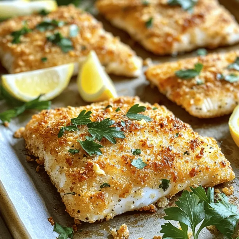 To make this dish, you need these simple ingredients: - 4 tilapia fillets - 1 cup grated Parmesan cheese - 1 cup panko breadcrumbs - 1 teaspoon garlic powder - 1 teaspoon dried oregano - 1 teaspoon paprika - 1 teaspoon salt - 1/2 teaspoon black pepper - 2 eggs, beaten - 2 tablespoons olive oil - Fresh parsley, chopped (for garnish) - Lemon wedges (for serving) Before you start, gather all your ingredients. This helps you stay organized. Pat the tilapia fillets dry with a paper towel. This step helps the coating stick better. Make sure your eggs are beaten well; they help the coating cling. For the breadcrumb mix, combine Parmesan cheese and panko in a bowl. Add garlic powder, oregano, paprika, salt, and black pepper. Mix until everything is combined. This recipe serves four and offers a tasty meal. Each serving has about: - Calories: 350 - Protein: 30g - Fat: 20g - Carbohydrates: 15g - Fiber: 1g These numbers may vary based on the exact ingredients you use. This dish is a great choice for a healthy dinner. Want to explore more? Check out the Full Recipe for detailed steps! To make this dish, follow these steps closely. First, you need to preheat your oven to 400°F (200°C). This step gets the oven ready to cook the fish evenly. Then, line a baking sheet with parchment paper. This keeps the fish from sticking and makes cleanup easy. Next, you’ll mix the coating. In a bowl, combine the grated Parmesan cheese, panko breadcrumbs, garlic powder, dried oregano, paprika, salt, and black pepper. Stir well until everything blends. This mixture gives the fish a tasty crust. Now, take your tilapia fillets. Pat them dry with a paper towel. This helps the coating stick better. Then dip each fillet into the beaten eggs, letting the extra egg drip off. This step is key for a good crust. After that, press the fillet into the Parmesan mixture. Make sure both sides are covered well. This will give you a nice crispy coating. Place the fillets on the prepared baking sheet. Finally, drizzle olive oil over the top of the fillets. This helps them brown nicely. Bake them in the oven for 15-20 minutes. You will know they are done when they turn golden brown and flake easily with a fork. Preparing the ingredients is a simple task. Gather all your items before you start. Here’s what you need: - 4 tilapia fillets - 1 cup grated Parmesan cheese - 1 cup panko breadcrumbs - 1 teaspoon garlic powder - 1 teaspoon dried oregano - 1 teaspoon paprika - 1 teaspoon salt - 1/2 teaspoon black pepper - 2 eggs, beaten - 2 tablespoons olive oil - Fresh parsley, chopped (for garnish) - Lemon wedges (for serving) Make sure you have fresh tilapia. It tastes best when fresh. Grate your Parmesan cheese if it is not pre-grated. This helps it melt better. Baking your tilapia is easy. Here are some tips to ensure success: - Don’t rush the preheating. A hot oven gives the best results. - Use parchment paper. It helps with cleanup and keeps the fish from sticking. - Check for doneness. Fish should flake easily when cooked. - Let it rest. After baking, let it sit for a couple of minutes. This helps the flavors settle. Enjoy your Parmesan crusted tilapia with lemon wedges for a zesty kick! You can find the full recipe above for all the details. When making Parmesan crusted tilapia, avoid a few common mistakes. First, don't skip drying the fillets. Wet fish won't hold the coating well. Second, be careful not to overbake the fish. Overcooked tilapia becomes dry and tough. Lastly, ensure your oven is preheated. A hot oven helps create a crispy crust. For the best coating, use panko breadcrumbs. They give a light, crunchy texture. Make sure to press the fillets firmly into the breadcrumb mixture. This helps the coating stick better. Also, coat both sides of the fish for maximum flavor. Don’t rush this part; it makes a big difference. To cook tilapia perfectly, keep an eye on the time. Bake at 400°F for 15-20 minutes. The fish should be golden brown and flake easily with a fork. If you have a meat thermometer, check for an internal temperature of 145°F. This ensures it’s safe and tasty. For added flavor, serve with lemon wedges from the [Full Recipe]. {{image_2}} You can change the flavor of your Parmesan crust. Try adding different herbs or spices. For a fresh taste, use basil or thyme. If you like heat, add cayenne pepper. A hint of lemon zest gives a bright kick. You can also mix in some Italian seasoning for a robust flavor. The choice is yours! Parmesan crusted tilapia pairs well with many sides. Light salads with vinaigrette work well. You can also serve it with roasted veggies for color and taste. A side of rice or quinoa adds a nice texture. For dips, try tartar sauce or a lemon aioli. They enhance the fish's flavor and make each bite tasty. What if you don't have tilapia? You can use cod, haddock, or even salmon instead. All work well with the Parmesan crust. If you're out of panko, regular breadcrumbs are fine. For a dairy-free option, try a vegan cheese substitute. Just make sure to adjust the cooking time as some fish may cook faster. After enjoying your Parmesan crusted tilapia, you may have some left. To store leftovers, let them cool completely. Place them in an airtight container. This keeps the fish fresh and tasty. Store the container in the fridge. It will last for about 2 to 3 days. If you want to keep your tilapia longer, freezing is a great option. Wrap each fillet tightly in plastic wrap. Then, place them in a freezer-safe bag or container. Make sure to remove as much air as possible. This helps prevent freezer burn. You can freeze the tilapia for up to 2 months. When you're ready to eat, just thaw it in the fridge overnight. To reheat the tilapia, the oven works best. Preheat your oven to 350°F (175°C). Place the fillets on a baking sheet. Cover them loosely with foil. Heat for about 10 to 15 minutes. This method keeps the crust crispy and the fish moist. You can also reheat in the microwave, but it may not be as crispy. Heat in short bursts to avoid overcooking. For a quick meal, follow the Full Recipe for perfect results. To make Parmesan Crusted Tilapia gluten-free, swap panko breadcrumbs for gluten-free ones. You can also use crushed rice crackers or ground almonds. These options keep the crunchy texture while removing gluten. Yes, you can use other types of fish. Cod, haddock, or even salmon work well. Just adjust the cooking time for thicker fillets. The flavor may change slightly, but it will still taste great! Pairing side dishes with Parmesan Crusted Tilapia is easy. Here are some tasty options: - Steamed broccoli - Garlic mashed potatoes - Side salad with lemon vinaigrette - Roasted asparagus - Quinoa with herbs These sides add color and flavor to your meal. Enjoy experimenting to find your favorites! For the complete recipe, check out the Full Recipe. You learned how to make delicious Parmesan Crusted Tilapia. We covered key ingredients, cooking steps, and helpful tips. I shared variations to keep things fresh and fun. You now know how to store leftovers and reheat them well. Remember, cooking is about trying new things. Don’t hesitate to make this dish your own. With practice, you’ll impress family and friends with perfect tilapia every time. Enjoy your cooking journey!