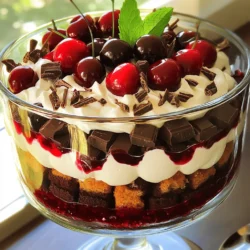 - Chocolate cake mix and additional ingredients - 1 package chocolate cake mix (plus ingredients as per package instructions) Baking a chocolate cake is the heart of this trifle. Choose a good quality chocolate cake mix for rich flavor. Follow the package directions carefully. You will need eggs, oil, and water, depending on the mix. - Cherry pie filling details - 1 jar (24 oz) cherry pie filling The cherry pie filling adds sweetness and a tart kick. Look for a brand with whole cherries and thick sauce. This will give your trifle a tasty burst of flavor. - Heavy whipping cream and whipping instructions - 2 cups heavy whipping cream - ½ cup powdered sugar - 1 teaspoon vanilla extract Heavy whipping cream is key for light, fluffy layers. Use a large bowl and a hand mixer to whip it. Start on low speed, then increase to medium. Add powdered sugar and vanilla for extra taste. Whip until you see stiff peaks form. This whipped cream will be smooth and sweet, perfect for layering. In this recipe, each ingredient plays a key role. They all come together for a delicious Black Forest Trifle. For the full recipe, refer to the beginning. To start, you need to bake the chocolate cake. Grab a package of chocolate cake mix. Follow the instructions on the box. It usually takes about 30 minutes to bake. Once the cake is done, let it cool on a wire rack. This step is very important. Cooling helps the cake firm up. After about 30 minutes, you can cut the cake into small cubes. I like to use a sharp knife for clean cuts. Next, let’s whip the cream. You will need a large mixing bowl and a hand mixer. If you don’t have a hand mixer, a whisk works too, but it takes longer. Pour 2 cups of heavy whipping cream into the bowl. Start whipping it on medium speed. After a minute, you will see soft peaks form. Now, add ½ cup of powdered sugar and 1 teaspoon of vanilla extract. Keep whipping until you get stiff peaks. This step makes the cream thick and fluffy. Now comes the fun part: layering the trifle! Grab a large trifle dish or individual cups. Start with a layer of chocolate cake cubes at the bottom. Make sure to spread them evenly. Next, spoon a layer of cherry pie filling over the cake. Spread it out so every bite has cherries. Then, add a generous layer of whipped cream on top of the cherries. Repeat the layers: cake, cherries, cream. Keep going until your dish is full. Finish with a layer of whipped cream on top. To make it pretty, sprinkle chocolate shavings over the top. Add fresh cherries and mint leaves for a nice touch. Now, cover the trifle with plastic wrap. Place it in the fridge for at least 4 hours. This wait helps all the flavors blend together. You can find the full recipe for this delightful treat in the earlier section. To make the best Black Forest trifle, focus on quality ingredients. Use a rich chocolate cake mix for deep flavor. Choose a cherry pie filling that is tart and sweet, adding a nice contrast. Fresh cream makes a big difference, so opt for heavy whipping cream. This ensures a light and fluffy texture. When layering, avoid piling all the ingredients in one spot. Spread each layer evenly across the dish. This helps each bite include all flavors. A common mistake is using too much cream or cherries. Balance is key for a delightful taste. Garnishing your trifle adds flair. Top it with chocolate shavings or curls for a rich look. Fresh cherries create color and taste. Mint leaves not only look nice but also add a fresh note. You can also experiment with toppings. Consider adding crushed cookies for crunch or a drizzle of chocolate sauce. These small additions can elevate the flavor and presentation. For a twist, try adding a sprinkle of nuts or toasted coconut. Each option can bring a new layer of fun to your dessert. For a complete guide, refer to the Full Recipe for more details. {{image_2}} You can play with the classic Black Forest trifle in fun ways. One option is to switch the cake base. Instead of chocolate cake, try a light sponge cake. It adds a soft texture that pairs well with the cherries and cream. You can also mix in different fruits or flavors. For instance, use strawberries or raspberries for a fruity twist. These fruits add a bright color and fresh taste. You could even add a splash of orange or almond extract to the cream for extra flavor. If you need gluten-free options, use a gluten-free cake mix. Many brands offer a delicious chocolate cake mix that works well. Just follow the package instructions. For a vegan-friendly trifle, swap the heavy cream for coconut cream. Chill a can of coconut milk overnight, then scoop out the solid part. Whip it just like regular cream. You can also use agave syrup instead of powdered sugar for sweetness. This way, everyone can enjoy this delightful dessert! Check out the Full Recipe for all the steps you need to create this delicious treat. To keep your Black Forest Trifle fresh, always cover it well. Use plastic wrap or a lid. This helps prevent it from absorbing odors from the fridge. Store the trifle in the coldest part of your refrigerator. The trifle can stay fresh for up to three days. After that, the layers may start to blend together, and the cake may lose its charm. There’s no need to reheat your trifle. It tastes best when served cold. When you're ready to serve, take it out of the fridge. Use a large spoon to scoop out portions. If you used individual cups, grab a spoon and dig in! The trifle is best enjoyed within a few hours after you layer it. This way, the flavors are vibrant, and the texture is perfect. For a fun twist, add fresh mint leaves or extra chocolate shavings right before serving. What is a Black Forest Trifle? A Black Forest Trifle is a layered dessert. It combines chocolate cake, cherry filling, and whipped cream. You can see beautiful layers in a clear dish. This dessert is rich and sweet, perfect for any occasion. Can I make it ahead of time? Yes, you can make it ahead of time! Prepare the Black Forest Trifle a day before. This allows the flavors to blend well. Just keep it covered in the fridge until you're ready to serve. What to do if the cake is too dry? If your cake turns out dry, don't worry. You can fix this! Just drizzle some cherry juice over the cake layers. This will add moisture and flavor. It’s an easy fix that keeps your trifle tasty. How to fix runny whipped cream? If your whipped cream is runny, it’s likely under-whipped. To fix this, whip it again on high speed. If that doesn’t help, add a bit of powdered sugar. This helps thicken it up and makes it stable for your trifle. Best pairings with Black Forest Trifle Great pairings include a cup of coffee or a scoop of vanilla ice cream. The warm flavors of coffee balance the rich chocolate. Ice cream adds a creamy touch that works well with the trifle. Ideal occasions for serving this dessert You can serve this trifle at many events. It’s perfect for birthdays, holidays, or family gatherings. Its beautiful layers impress guests. Plus, it tastes amazing, making it a crowd-pleaser. This blog post covered how to make a Black Forest Trifle. We discussed ingredients, along with step-by-step instructions for preparation, whipping, and construction. I shared tips for perfecting your trifle, along with decoration ideas. You can also explore creative variations and dietary substitutes. Remember to store it properly to keep it fresh. With these insights, you can make a great trifle that impresses everyone. Enjoy making this treat and let your creativity shine!