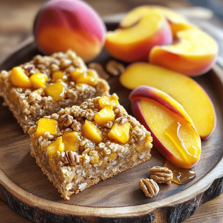 - 2 cups rolled oats - 1 cup almond flour - 1/2 cup brown sugar or coconut sugar - 1/2 teaspoon baking powder - 1/4 teaspoon salt - 1 teaspoon cinnamon - 1/3 cup coconut oil, melted - 1/2 cup honey or maple syrup - 2 large eggs - 1 teaspoon vanilla extract - 2 ripe peaches, diced (about 1 1/2 cups) - 1/2 cup chopped walnuts (optional) - 1/2 cup dried cranberries or raisins (optional) When I make these Peach Oatmeal Breakfast Bars, I love how simple the ingredients are. The rolled oats form a hearty base. Almond flour adds a nice nutty taste and a bit of protein. I often choose brown sugar for its rich flavor, but coconut sugar works too. Baking powder gives the bars a light texture. Salt enhances all the flavors. Cinnamon adds warmth and sweetness without extra sugar. I melt coconut oil for moisture and healthy fats. Honey or maple syrup provides natural sweetness and binds the bars together. The eggs help hold everything in place. Vanilla extract adds a fragrant touch. The peaches are the star, making these bars fruity and fresh. If I want a crunch, I toss in walnuts. For a sweet bite, I might add dried cranberries or raisins. These ingredients blend beautifully, making a nutritious treat. These bars are packed with nutrients. Each bar offers fiber, healthy fats, and some protein. The oats give you energy to start your day. Peaches provide vitamins A and C. Walnuts add omega-3 fats, which are great for your heart. You can swap almond flour for regular flour if needed. Brown sugar can be replaced with honey for a lower glycemic option. For a nut-free version, just leave out the walnuts. You can also skip the dried fruits if you prefer fewer sugars. Each adjustment keeps the bars tasty and healthy. For the full recipe, check out the Peach Oatmeal Breakfast Bars. Enjoy! 1. Preheat your oven to 350°F (175°C). Grease a 9x9 inch baking pan or line it with parchment paper. This makes for easy cleanup later. 2. In a large bowl, mix the dry ingredients: rolled oats, almond flour, brown sugar, baking powder, salt, and cinnamon. Stir well to blend them evenly. 3. In another bowl, whisk together the wet ingredients: melted coconut oil, honey (or maple syrup), eggs, and vanilla extract. Make sure it is smooth and well mixed. 4. Pour the wet mixture into the dry ingredients. Stir gently until just combined. Avoid overmixing to keep the bars tender. 5. Carefully fold in the diced peaches, walnuts, and dried cranberries (if using). Ensure they are evenly mixed in. 6. Spread the mixture into the prepared baking pan using a spatula. Make sure it is even across the surface. 7. Bake for 25-30 minutes. Look for golden edges and check with a toothpick in the center. It should come out clean. 8. Let the bars cool in the pan for at least 10 minutes. This helps them set up nicely. 9. Lift the bars out of the pan and move them to a wire rack to cool completely. Once cool, cut them into squares or rectangles. Enjoy your Peach Oatmeal Breakfast Bars! For the full recipe, check out the complete instructions. To get the right texture, use rolled oats. They add chewiness. Almond flour keeps the bars moist. Make sure to mix the dry ingredients well. This helps them blend during baking. For a firmer texture, bake a bit longer. Check the edges; they should be golden brown. Mix the dry and wet ingredients in separate bowls. This way, each ingredient mixes well. Pour the wet mix into the dry mix all at once. Stir gently until just combined. Avoid over-mixing; it can make the bars tough. When adding peaches, fold them in softly. This keeps the peaches intact. You can change the flavor in many ways. Try adding berries for a fruity twist. Apples work well too. For a nutty flavor, add more walnuts or pecans. You can also mix in spices like nutmeg or ginger. If you want a sweeter bar, use more honey or maple syrup. Find what you love and have fun with it! {{image_2}} You can swap peaches for other fruits. Try using berries or apples instead. Blueberries, raspberries, or diced apples add great flavor. Each fruit brings its own taste and texture. To make these bars gluten-free, use gluten-free oats and almond flour. This keeps the recipe tasty while catering to gluten sensitivities. For vegan options, replace eggs with flax eggs or applesauce. Use maple syrup instead of honey for sweetness without animal products. Adding spices can enhance the taste. Nutmeg gives warmth, while ginger adds a spicy kick. You can mix and match spices to create your own flavor. A hint of vanilla or almond extract can also make a nice touch. Explore these options to find your favorite twist! For the complete recipe, check the [Full Recipe]. Store your peach oatmeal breakfast bars in an airtight container. This keeps them fresh. Place parchment paper between layers to prevent sticking. They will last up to a week at room temperature. To freeze, cut the bars into squares. Wrap each piece in plastic wrap. Then, place them in a freezer bag. They will stay good for up to three months. Label the bag with the date for easy tracking. For the best taste, reheat bars in the oven. Set your oven to 350°F (175°C). Heat for about 10 minutes. This makes them warm and soft again. You can also microwave them for about 15-20 seconds. Enjoy them fresh with a drizzle of honey or a sprinkle of cinnamon. Peach oatmeal breakfast bars can last up to one week when stored properly. Keep them in an airtight container at room temperature. For longer storage, refrigerate them for up to two weeks. You can also freeze them for up to three months. Just wrap each bar tightly in plastic wrap, then place them in a freezer bag. Yes, you can make these bars ahead of time! In fact, they taste even better the next day. Prepare them on the weekend and have a quick breakfast ready for busy mornings. You can store them in the fridge for easy access. Serve peach oatmeal breakfast bars at room temperature or warm. You can drizzle honey on top for added sweetness. Pair them with a side of yogurt for extra creaminess. If you want a special touch, add fresh peach slices or a sprinkle of cinnamon. Yes, you can add protein powder to the recipe! Use one scoop of your favorite protein powder. Just be sure to adjust the wet ingredients slightly. You may need to add a bit more liquid, like almond milk, to keep the bars moist. This addition boosts nutrition and helps you stay full longer. For the complete recipe, check out the Full Recipe section above! This blog post gives you simple steps to make peach oatmeal breakfast bars. You learned the ingredients and their options. The instructions guide you from prep to baking. Tips help you enhance texture and flavor. You can store these bars for later or freeze them for even more convenience. Trying different fruits or diets can keep this recipe fresh and exciting. Enjoy these bars as a quick breakfast or snack!