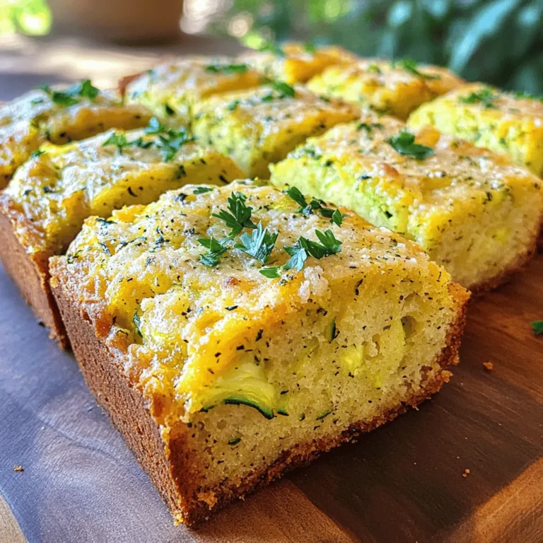 To make this tasty garlic Parmesan zucchini bread, you need a few key ingredients. Here they are: - 2 cups grated zucchini (about 2 medium zucchinis) - 1 ½ cups all-purpose flour - 1 cup grated Parmesan cheese - 1 teaspoon baking powder - ½ teaspoon baking soda - ½ teaspoon salt - ½ teaspoon garlic powder - 1 large egg - ¾ cup olive oil - ½ teaspoon black pepper - ¼ cup fresh parsley, chopped (optional for garnish) These ingredients blend well together. The zucchini adds moisture, while the garlic and Parmesan give it a nice kick. You can enhance your bread with a few optional add-ins. Here are some ideas: - Chopped sun-dried tomatoes - Fresh basil or oregano - Crushed red pepper for heat - Chopped olives for a briny touch These add-ins can give your bread even more flavor. Choose what you like best to make it unique. Choosing the best ingredients can make your bread taste great. Here are some tips: - Use fresh zucchini for the best flavor. Look for firm, shiny skin. - Select high-quality Parmesan cheese. Grating it fresh will boost the taste. - Use organic eggs, if possible. They often taste better and are healthier. - Pick extra virgin olive oil for a rich flavor. Quality ingredients lead to a better end product. It’s worth the effort to find the best! Start by preheating your oven to 350°F (175°C). Grease a loaf pan with cooking spray or line it with parchment paper. This keeps the bread from sticking. Next, take your grated zucchini and place it in a clean kitchen towel. Squeeze it to remove excess moisture. This step is important to ensure your bread is not soggy. In a large mixing bowl, combine the following dry ingredients: - 1 ½ cups all-purpose flour - 1 cup grated Parmesan cheese - 1 teaspoon baking powder - ½ teaspoon baking soda - ½ teaspoon salt - ½ teaspoon garlic powder - ½ teaspoon black pepper Mix these dry ingredients well. This helps blend the flavors evenly throughout the bread. In a separate bowl, whisk one large egg. Add ¾ cup of olive oil and stir until it is well mixed. Then, add your prepared zucchini to this mixture. Blend it thoroughly so the zucchini is evenly coated in the egg and oil. Now, gently fold the wet ingredients into the dry ingredients. Aim to mix until just combined. It’s okay if there are a few lumps; over-mixing can make the bread tough. Pour the batter into your prepared loaf pan. Smooth the top with a spatula. Bake it in the oven for 45-50 minutes. Check for doneness by inserting a toothpick into the center; it should come out clean. Once baked, let it cool in the pan for about 10 minutes. Then, transfer it to a wire rack to cool completely. Slice the bread and garnish with fresh parsley if you like. For more detailed instructions, check the Full Recipe. To get the best texture in your Garlic Parmesan Zucchini Bread, moisture control is key. Start by grating your zucchini and squeezing it in a clean towel. This step removes excess water. If you skip this, your bread may turn out soggy. Mix your dry and wet ingredients carefully. Over-mixing can make the bread dense. You want just enough mixing to combine the ingredients without losing the airiness. If you are new to baking, here are a few helpful tips. Always preheat your oven before baking. This ensures even cooking. Use a kitchen scale for measuring dry ingredients. It gives you more accuracy than cups. When pouring the batter into the loaf pan, use a spatula to smooth the top. This helps the bread rise evenly. Lastly, check your bread a few minutes early. Ovens can vary, so keep an eye on it. Many beginners make simple mistakes. One common error is not measuring ingredients correctly. Make sure to level off your flour when measuring. Another mistake is not greasing the loaf pan well. This can cause your bread to stick. Also, don’t skip the cooling step. If you slice the bread too soon, it can crumble. Let it cool in the pan for about 10 minutes before moving it to a wire rack. Follow these tips, and your Garlic Parmesan Zucchini Bread will be a success! {{image_2}} You can easily swap out Parmesan for other cheeses. Try using sharp cheddar for a bold taste. Feta adds a nice tang, while mozzarella brings a creamy texture. Each cheese gives a different kick, so feel free to experiment. Just keep the amount similar, around one cup. Herbs and spices can transform your zucchini bread. Fresh basil or thyme can add a lovely aroma. You might also try adding crushed red pepper for a bit of heat. Mixing in Italian seasoning will give it an extra depth of flavor. Remember, start with a small amount, like one teaspoon, and adjust to your taste. If you need a gluten-free version, use almond flour or coconut flour. These flours change the texture a bit, so you may need to add an extra egg. This helps bind the bread together. Follow the same steps from the Full Recipe, and you’ll have a tasty gluten-free treat. To keep your Garlic Parmesan Zucchini Bread fresh, store it in an airtight container. This keeps moisture in and air out. If you have slices, place parchment paper between them. This way, they won't stick together. Keep the bread at room temperature for up to three days. If you want it to last longer, the fridge is not the best choice. It can dry out the bread. Freezing is an excellent way to store Garlic Parmesan Zucchini Bread. First, let the bread cool completely after baking. Wrap it tightly in plastic wrap. Then, place the wrapped bread in a freezer bag or container. It can stay in the freezer for up to three months. When you want to eat it, just take it out and let it thaw at room temperature. Reheating your Garlic Parmesan Zucchini Bread is easy. If the bread is frozen, thaw it first. Then, you can warm it up in the oven. Preheat your oven to 350°F (175°C). Place the bread on a baking sheet and cover it with foil. Heat for about 10-15 minutes. This keeps the bread moist. You can also use a microwave if you're in a hurry. Heat a slice for about 15-20 seconds. Enjoy your warm, delicious bread! You can add herbs like oregano or basil to increase the taste. Fresh herbs give a bright touch. You might also try mixing in some sun-dried tomatoes. They add a sweet and tangy flavor. For extra garlic punch, double the garlic powder. You can also use roasted garlic for a deeper flavor. Lastly, consider adding a splash of lemon juice for brightness. These tweaks make the bread even more delicious. Yes, you can use frozen zucchini. Just make sure to thaw it first. Drain any extra water after thawing. This step is key to avoid soggy bread. Frozen zucchini often works well, as it retains flavor. However, fresh zucchini gives the best texture. Try to squeeze out as much moisture as you can. This will help your bread rise nicely. Garlic Parmesan Zucchini Bread pairs well with many dishes. It’s great with soups like tomato or minestrone. You can also serve it with salads, especially Caesar or garden salads. For a heartier meal, pair it with grilled chicken or fish. It can even be a side for pasta dishes. Another fun option is to use it for sandwiches. Try adding a slice of cheese for a tasty twist. For the full recipe, check out the Garlic Parmesan Zucchini Bread section. It includes all the ingredients and steps needed. This recipe makes about eight slices. Each slice bursts with flavor and texture. Enjoy the warm aroma as it bakes. You will love the cozy feeling it brings to your kitchen. Garlic Parmesan Zucchini Bread is a tasty treat made with simple steps. We explored key ingredients, helpful tips, and tasty options for flavor. You learned how to choose quality items and improve the texture. Remember to avoid common baking mistakes and try different variations. Store it well, so it stays fresh longer. I hope you feel excited to bake your own delicious bread. Enjoy this easy recipe and share it with friends!