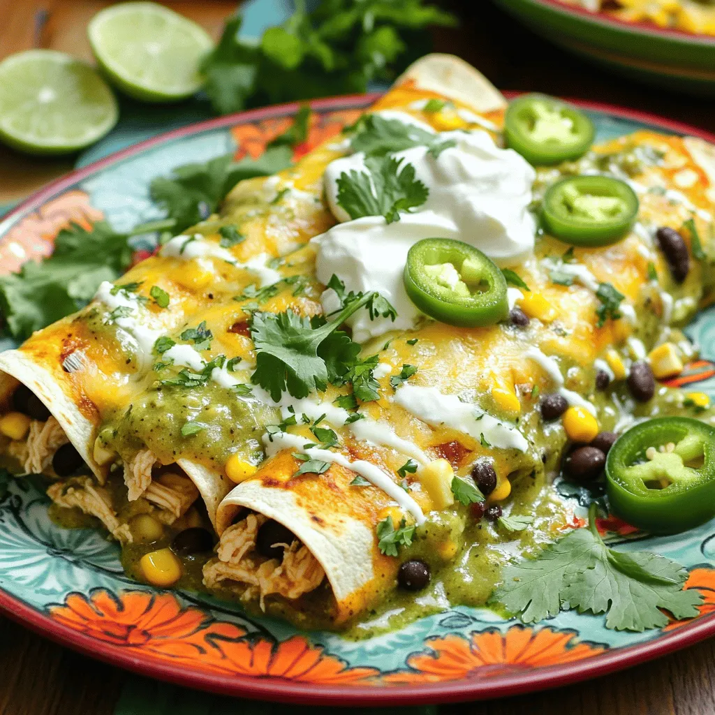 For these tasty enchiladas, gather the following main ingredients: - 2 cups shredded rotisserie chicken - 1 cup salsa verde - 1 cup black beans, rinsed and drained - 1 cup corn, fresh or frozen - 2 cups queso fresco, crumbled - 8 corn tortillas - 1 cup shredded Monterey Jack cheese These ingredients work together to create a filling that is packed with flavor and texture. The rotisserie chicken saves time and adds great taste. The salsa verde brings zesty notes that tie everything together. You will also need some key spices to enhance your dish: - 1 teaspoon ground cumin - 1 teaspoon garlic powder - 1 teaspoon onion powder These spices add depth and warmth to the filling. Cumin provides an earthy flavor, while garlic and onion powders boost overall taste without overpowering the dish. To finish your enchiladas, you can add these tasty toppings: - Fresh cilantro, chopped - Sliced jalapeños (optional, for heat) - Sour cream (for serving) Chopping fresh cilantro adds brightness to the dish. If you like some heat, jalapeños can be a great addition. Sour cream creates a creamy contrast, making each bite delightful. For the full recipe, check out the earlier sections! Start by gathering all your ingredients. You need shredded rotisserie chicken, salsa verde, black beans, corn, and spices. Here’s the list: - 2 cups shredded rotisserie chicken - 1 cup salsa verde - 1 cup black beans, rinsed and drained - 1 cup corn, fresh or frozen - 1 teaspoon ground cumin - 1 teaspoon garlic powder - 1 teaspoon onion powder - 2 cups queso fresco, crumbled - 8 corn tortillas - 1 cup shredded Monterey Jack cheese - Fresh cilantro, chopped (for garnish) - Sliced jalapeños (optional, for heat) - Sour cream (for serving) Preheat your oven to 375°F (190°C). Then, mix the chicken, salsa verde, black beans, corn, cumin, garlic powder, and onion powder in a bowl. Stir until everything combines well. Warm the corn tortillas in a skillet for a few seconds. This makes them easy to roll. Take about 2 tablespoons of the chicken mixture and place it in the center of each tortilla. Now, roll them up tightly. Put the rolled tortillas seam-side down in a greased 9x13 inch baking dish. Once you fill the dish, pour the remaining salsa verde over the top. Make sure all enchiladas get a good coat. Sprinkle the Monterey Jack cheese and the rest of the queso fresco on top. Cover your baking dish with aluminum foil. Bake in the preheated oven for 20 minutes. After that, take off the foil and bake for another 10-15 minutes. Look for bubbly, golden cheese. Let the enchiladas cool for a few minutes before serving. Garnish with chopped cilantro and sliced jalapeños if you like. Enjoy your savory salsa verde chicken enchiladas! For a full recipe, check the link. To make the best salsa verde chicken enchiladas, start with quality ingredients. Use fresh or homemade salsa verde for more flavor. I recommend shredded rotisserie chicken for ease and taste. Mix the chicken with black beans and corn for added texture. Don’t forget the spices! Cumin, garlic powder, and onion powder bring depth to your dish. For creaminess, blend some queso fresco into your filling. Follow the full recipe for precise measurements and steps. Rolling enchiladas can be tricky. Warm your tortillas in a skillet first. This softens them and makes rolling easier. Place the filling in the center, but don’t overfill. About two tablespoons should do. Roll tightly, but not too tight. You want them secure, yet not bursting. Place the seam side down in the baking dish to keep them closed during baking. Want to spice things up? Add diced jalapeños to the filling for heat. You can also mix in some fresh herbs like cilantro. For a tangy twist, try adding lime juice to your chicken mixture. If you love cheese, sprinkle some on top before baking. Consider serving with sour cream or guacamole for added richness. These little tweaks can elevate your dish and impress your guests! {{image_2}} You can easily make a vegetarian version of these enchiladas. Start by replacing the chicken with a mix of hearty vegetables. Consider using: - 1 cup chopped bell peppers - 1 cup diced zucchini - 1 cup mushrooms, sliced Sauté these veggies until soft, then mix them with the salsa verde and black beans. This option is tasty and filling, making it great for everyone. If you want to switch up the protein, try using shredded pork or beef. Both will add rich flavor. For shredded pork, use about 2 cups of cooked carnitas. For beef, opt for shredded flank steak or ground beef. Cook the meat with your favorite spices for a unique twist. To add some heat, use spicy salsa verde or mix in chopped jalapeños. You could also add a pinch of cayenne pepper to the chicken mix. For extra spice, top with sliced jalapeños before serving. This version will make your taste buds dance! For the full recipe, check out the Zesty Salsa Verde Chicken Enchiladas section. To keep your leftover enchiladas fresh, place them in an airtight container. Make sure to cover them well. You can store them in the fridge for up to three days. If you have extra salsa verde, drizzle some on top to keep moisture in. This will help keep the flavor strong. When you're ready to eat your leftovers, preheat your oven to 350°F (175°C). Place the enchiladas in a baking dish and cover with foil. Heat them for about 15-20 minutes, or until warm. If you want a crispy top, remove the foil for the last five minutes. You can also reheat them in the microwave for quicker meals. Heat in 30-second bursts, checking often. If you want to freeze your enchiladas, wrap them tightly in plastic wrap. Then, place them in a freezer-safe bag or container. They can last for about three months in the freezer. When you are ready to eat, let them thaw overnight in the fridge. Bake them straight from the freezer at 375°F (190°C) for about 30-35 minutes. This will keep them tasty and ready to enjoy! For the complete instructions, check out the Full Recipe. You can serve many tasty sides with salsa verde chicken enchiladas. Here are some great options: - Mexican rice: This adds a nice flavor and complements the enchiladas. - Refried beans: These are a classic side and add more protein. - Guacamole: Creamy guacamole pairs well with the zesty enchiladas. - Corn salad: A fresh corn salad adds crunch and color to your meal. - Chips with salsa: Crunchy tortilla chips with fresh salsa make a fun start. Serving these sides makes your meal feel complete and festive. To make salsa verde chicken enchiladas gluten-free, follow these tips: - Corn tortillas: Use 100% corn tortillas, as most are gluten-free. - Check labels: Ensure all canned goods, like beans and salsa, are labeled gluten-free. - Use gluten-free flour: If you like a creamy sauce, use gluten-free flour to thicken it. These easy changes let you enjoy this dish without worry. Yes, you can definitely use homemade salsa verde! Here’s why: - Fresh taste: Homemade salsa verde can taste fresher and more vibrant. - Control ingredients: You control the spice level and flavors. - Simple to make: Making salsa verde can be quick with just a few ingredients. If you choose homemade salsa, just ensure it is well blended and seasoned. This choice will enhance your enchiladas. For the full recipe, check out the complete guide. Salsa verde chicken enchiladas offer great taste and easy prep. You now know the main ingredients, spices, and tasty toppings. I shared step-by-step instructions to help you cook perfectly. Remember my tips for rolling and flavor. You can also explore fun variations like vegetarian options and different proteins. Don't forget how to store and reheat leftovers. Enjoy these enchiladas at your next meal, and impress your family and friends!