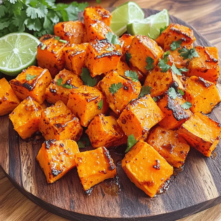 Oven roasted sweet potatoes are simple and tasty. They make a healthy side dish. You can enjoy them with many meals. This recipe uses sweet and spicy flavors to brighten your plate. - 4 medium sweet potatoes, peeled and cut into bite-sized cubes - 2 tablespoons olive oil - 1 tablespoon maple syrup - 1 teaspoon smoked paprika - 1/2 teaspoon chili powder - 1/2 teaspoon garlic powder - Salt and pepper to taste - Fresh cilantro, chopped (for garnish) - Lime wedges (for serving) Sweet potatoes are good for you. They are high in fiber and vitamins. Each serving has about 150 calories. They also provide vitamin A, which helps your eyes. The healthy fats from olive oil keep you full longer. Plus, the spices add flavor without extra calories. Enjoy this dish knowing it's both tasty and good for your body! Start by washing the sweet potatoes well. Then, peel them and cut them into bite-sized cubes. Make sure the pieces are about the same size. This helps them cook evenly. You want each cube to be tender and tasty. In a large bowl, add the sweet potato cubes. Pour in the olive oil and maple syrup. Sprinkle the smoked paprika, chili powder, garlic powder, salt, and pepper. Toss everything well until the sweet potatoes are fully coated. Each bite should have flavor. Preheat your oven to 425°F (220°C). Spread the sweet potato mixture on a baking sheet lined with parchment paper. Make sure they are in a single layer. Roast them for 25 to 30 minutes. Halfway through, turn the sweet potatoes for even cooking. When they are tender and caramelized, take them out. Let them cool for a few minutes. Then, sprinkle with fresh cilantro and serve with lime wedges. Enjoy these sweet and spicy bites! For the full recipe, check out the details above. To get sweet potatoes that are soft inside and crispy outside, cut them evenly. I like bite-sized cubes, about one inch thick. This size cooks well and crisps nicely. The high heat of 425°F (220°C) helps too. Roast them on a single layer to avoid steaming. Turn them halfway to ensure even browning. Sweet potatoes are great with many flavors. I use smoked paprika for a deep, rich taste. Chili powder adds a kick, while garlic powder gives warmth. Maple syrup brings a touch of sweetness. Feel free to mix in your favorite herbs or spices. They can transform the dish. Try adding a small amount of cayenne for heat, or rosemary for a fresh twist. Roasted sweet potatoes taste great on their own but pair well with many dishes. Serve them next to grilled chicken or fish for a balanced meal. They also shine in salads or wraps. Adding lime wedges gives a zesty finish. For a fun touch, sprinkle fresh cilantro on top for color and flavor. For the full recipe, check out the Sweet & Spicy Oven Roasted Sweet Potatoes. {{image_2}} You can change the flavor of your sweet potatoes easily. Try adding fresh herbs like rosemary or thyme. They give a fresh taste. If you want more heat, add cayenne pepper or red pepper flakes. For a sweet twist, use cinnamon or nutmeg. These spices work great with the natural sweetness of the potatoes. Mix sweet potatoes with other veggies for a colorful medley. Carrots, bell peppers, or red onions add flavor and texture. You can even toss in some Brussels sprouts for a nice crunch. This mix not only looks good but also tastes great. It makes a fun side dish for any meal. You can roast sweet potatoes in different ways. Try using an air fryer for a quick version. It cooks them fast and keeps them crispy. Another option is to boil the sweet potatoes first, then roast them. This method makes them soft inside and crisp outside. You can also grill them for a smoky flavor. Each method gives a unique taste and texture. For the full recipe, check the Sweet & Spicy Oven Roasted Sweet Potatoes. After making your sweet potatoes, let them cool down. Place leftovers in an airtight container. Keep them in the fridge for up to three days. Make sure to label the container with the date. This helps you track freshness. To reheat, you can use an oven or a microwave. If you use the oven, set it to 350°F (175°C). Spread the sweet potatoes on a baking sheet. Warm them for about 10-15 minutes. This keeps them crispy. If you use a microwave, heat in short bursts. Start with 1 minute, then check. Stir if needed to heat evenly. Freezing is a great option for longer storage. First, let the sweet potatoes cool completely. Spread them out on a baking sheet and freeze for 1-2 hours. Then, transfer them to a freezer-safe bag. Remove as much air as possible before sealing. They can last up to three months in the freezer. When ready to use, thaw overnight in the fridge. Then reheat as mentioned above. To get your sweet potatoes crispy, follow these tips: - Cut your sweet potatoes into even, small cubes. This helps them cook evenly. - Use enough olive oil to coat them well. It promotes a nice crisp. - Spread them out on the baking sheet. Make sure they don’t touch each other. - Roast them at a high temperature, like 425°F (220°C). This helps them caramelize. - Turn them halfway through cooking. This ensures all sides get crispy. These steps will give you sweet potatoes that are crispy on the outside and soft inside. Yes, you can use other potatoes. Regular potatoes, like Yukon Gold or russet, work well. They have a great taste and texture. Just keep in mind that they may not get as sweet as sweet potatoes. You can try red potatoes or purple potatoes for color and taste variations. Adjust cooking times as needed for different types. Roasted sweet potatoes go well with many dishes. Here are a few ideas: - Serve them with grilled chicken or fish for a balanced meal. - Add them to salads for a sweet touch. They pair well with greens and nuts. - Use them in wraps or tacos for extra flavor. - Mash them and serve with a dollop of yogurt for a creamy side. - They also make a great addition to grain bowls. These combinations will elevate your meals and make them more delicious! We covered how to make tasty oven-roasted sweet potatoes. You learned about the ingredients needed, along with the nutritional facts. I shared steps for prepping, mixing, and roasting the potatoes. We explored tips for texture and flavor, and even variations for creativity. Plus, I provided storage advice for leftovers. Sweet potatoes are tasty and healthy. Enjoy them in different dishes or by themselves! Keep experimenting to find your perfect recipe.